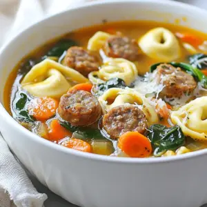 - 1 pound Italian sausage - 9 oz cheese tortellini - 2 cups fresh spinach - 1 medium onion, diced - 3 cloves garlic, minced - 2 medium carrots, diced - 2 celery stalks, diced - 1 can (14.5 oz) diced tomatoes (with juice) - 6 cups chicken broth - 1 teaspoon dried basil - 1 teaspoon dried oregano - 1 bay leaf - 1 tablespoon olive oil - Salt and pepper to taste This Italian sausage tortellini soup brings comfort to any meal. The main ingredients, like Italian sausage, give it a rich flavor. You can choose mild or spicy sausage to fit your taste. The cheese tortellini adds a delightful texture, making each bite enjoyable. Fresh spinach brings a pop of color and a nutritious boost. Next, we have the aromatics and vegetables. The mix of onion, garlic, carrots, and celery creates a lovely base. These ingredients build layers of flavor in the soup. Canned diced tomatoes add acidity and sweetness that balance the richness of the sausage. To finish, we need seasonings and liquids. The chicken broth is essential for depth. Dried basil and oregano add warmth, while the bay leaf enhances the overall taste. Olive oil gives a nice richness, and salt and pepper help to perfect the flavor. This combination of ingredients makes the soup hearty and satisfying. Enjoy the process of making this warm dish, and don’t forget to share it with loved ones! {{ingredient_image_1}} - First, heat 1 tablespoon of olive oil in a large pot over medium heat. - Add 1 pound of Italian sausage to the pot. Break it up with a spoon as it cooks. - Cook the sausage for about 5 to 7 minutes until it is browned and fully cooked. - Remove the sausage from the pot and set it aside, leaving the fat behind. - Next, add diced onion, carrots, and celery to the pot. Use 1 medium onion, 2 medium carrots, and 2 celery stalks. - Sauté the vegetables for about 5 minutes until they soften. - Stir in 3 cloves of minced garlic and cook for 1 more minute. This will boost the flavor. - Now, add a can of diced tomatoes (with juice), 6 cups of chicken broth, and the cooked sausage back into the pot. - Sprinkle in 1 teaspoon of dried basil, 1 teaspoon of dried oregano, and 1 bay leaf. - Bring the mixture to a boil, then lower the heat. Let it simmer for about 15 minutes to blend the flavors. - Add a package of cheese tortellini (9 oz) to the pot. Cook it based on the package instructions, usually 3 to 5 minutes. - Finally, stir in 2 cups of fresh spinach and cook for another 2 to 3 minutes until it wilts. - Taste the soup and add salt and pepper as needed. Don’t forget to remove the bay leaf before serving! To get the best taste, adjust the seasonings. Add more salt or pepper if needed. You can also try adding a pinch of red pepper flakes for a nice kick. Herbs such as fresh basil or parsley can brighten the soup. If you want to enhance the flavor, consider using homemade chicken broth. It makes a big difference! Choosing the right pot is key. A large pot or Dutch oven works best for this soup. It helps cook everything evenly. When cooking the tortellini, make sure to follow the package instructions. Cook them until they are al dente. Overcooked tortellini can become mushy and lose their shape. Pair the soup with crusty bread for a hearty meal. It’s great for dipping! For garnishing, sprinkle grated Parmesan cheese on top. Fresh herbs like parsley or basil add color and flavor. You can also serve it with a side salad for extra crunch. Enjoy your comforting bowl of soup! Pro Tips Choose Your Sausage Wisely: Select either mild or spicy Italian sausage based on your preference to control the heat level of the soup. Enhance the Flavor: For a deeper flavor, consider adding a splash of red wine after sautéing the vegetables before adding the broth. Fresh vs. Dried Herbs: Fresh herbs can elevate the dish; if using fresh basil or oregano, add them towards the end of cooking for the best flavor. Perfect Tortellini: To avoid overcooking the tortellini, add them to the soup just a few minutes before serving, ensuring they remain al dente. {{image_2}} You can easily adjust this recipe to fit your needs. If you want a gluten-free option, use gluten-free tortellini. Many brands offer tasty choices. For a vegetarian version, swap the Italian sausage for a plant-based alternative. You can also add more vegetables to keep it hearty. Feel free to play with the veggies! You can add zucchini, bell peppers, or mushrooms. These add great taste and texture. If you like spice, add red pepper flakes or a dash of hot sauce. Adjusting the spice level can make this soup as mild or as fiery as you like. If you can’t find tortellini, don’t worry! You can use other pasta types like shells or bowties. Just adjust the cooking time based on the pasta you choose. You can also make homemade tortellini for a special touch. It’s fun to make and tastes amazing! Store-bought tortellini saves time and is just as delicious. After enjoying your Italian sausage tortellini soup, store leftovers in the fridge. Use an airtight container to keep it fresh. This soup stays good for about 3 to 4 days in the refrigerator. When you store it, let it cool down first. This helps avoid steam build-up in the container. To freeze the soup, let it cool completely. Then, pour it into freezer-safe bags or containers. Leave some space at the top, as the soup will expand when frozen. It can last up to 3 months in the freezer. When you're ready to eat, thaw it overnight in the fridge. Reheat it on the stove over medium heat until hot. You can also microwave it, stirring occasionally. Expect the soup to stay fresh in the fridge for 3 to 4 days. If you freeze it, it will taste best within 3 months. Signs of spoilage include a sour smell or off color. If the soup looks different or smells bad, it’s best to throw it out. Always trust your senses to keep your food safe! To make this soup in a slow cooker, start by browning the sausage in a pan. After that, add the cooked sausage and all other ingredients to the slow cooker. Set it on low for about 6 hours or high for 3 hours. Stir in the tortellini during the last 30 minutes of cooking. This allows it to stay tender. If you want a thicker soup, let it cook a little longer without the lid. Yes, you can use other types of sausage. Sweet Italian sausage works well if you prefer mild flavors. You can also try chicken sausage for a lighter option. For a kick, spicy sausage adds nice heat. Just remember to adjust the seasoning to match the sausage's flavor. This soup can be healthy! It contains lean protein from the sausage and many veggies. Each serving has about 300 calories, depending on the sausage choice. Using fresh spinach boosts vitamins and minerals. If you want it even healthier, skip the cheese or reduce the amount. Enjoy this soup as part of a balanced diet. In this blog post, we explored a delicious soup recipe featuring Italian sausage, cheese tortellini, and fresh spinach. I shared step-by-step cooking instructions, essential tips, and fun variations to suit your taste. Remember, you can easily adjust flavors or try different pasta types. This soup is not only tasty but also flexible for dietary needs. Whether you enjoy it fresh or as leftovers, it’s a comforting meal that brings warmth to any table. Try it out, and make it your own!