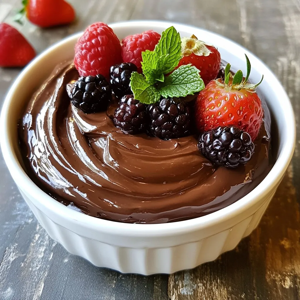 - 2 ripe avocados, peeled and pitted - 1/2 cup unsweetened cocoa powder - 1/3 cup maple syrup or honey - 1/4 cup almond milk or any milk of your choice - 1 teaspoon vanilla extract - A pinch of sea salt - Optional garnishes: Fresh berries and mint leaves To make a rich and creamy avocado chocolate mousse, you need simple, healthy ingredients. Start with two ripe avocados. They give the mousse a smooth texture. Next is cocoa powder. It adds a deep chocolate flavor. Use half a cup for the best taste. For sweetness, use either maple syrup or honey. One-third of a cup works well. You can also adjust this to your taste. Almond milk makes it creamy, so add a quarter cup. If you prefer another milk, that’s fine too. A teaspoon of vanilla extract gives a nice touch of flavor. Finally, a pinch of sea salt helps balance the sweetness. You can get creative with garnishes! Fresh berries and mint leaves add color and freshness. Enjoy making this delightful treat! {{ingredient_image_1}} 1. Start by taking two ripe avocados. Peel them and remove the pits. Place them in a blender. I love using ripe avocados because they add a creamy texture. 2. Blend the avocados until they become smooth and creamy. Use a spatula to scrape the sides of the bowl. This helps all the avocado mix well. 3. Now, add 1/2 cup of unsweetened cocoa powder, 1/3 cup of maple syrup (or honey), 1/4 cup of almond milk, 1 teaspoon of vanilla extract, and a pinch of sea salt to the blender. 4. Blend again until everything combines into a rich and velvety mix. If you want it sweeter, you can add more maple syrup. 5. Taste the mousse. If it feels too thick, pour in a little more almond milk. Blend again until you reach your desired consistency. 6. Once you have the mousse ready, transfer it to serving bowls or glasses. 7. To get the best flavor, chill the mousse in the fridge for at least 30 minutes. This step helps firm it up and blend the flavors. 8. When you're ready to serve, take the mousse out and garnish it with fresh berries and mint leaves. This adds a nice touch of color and freshness to your dessert. To know if your mousse is too thick or thin, look for a silky texture. If it feels too dense, simply add a bit more almond milk. A good mousse should flow smoothly from a spoon but still hold its shape. For the best blending techniques, always start with the ripe avocados. Blend them alone first until they are creamy. Then, add the cocoa powder and sweeteners. Make sure to scrape the sides of the bowl often. This helps mix everything evenly and avoids lumps. You can adjust the flavors based on your taste. If you like it sweeter, add more maple syrup. If you want a richer chocolate flavor, increase the cocoa powder slightly. Always taste as you go; this lets you find the perfect balance that suits you. Pro Tips Avocado Ripeness: Use ripe avocados for the creamiest texture. They should yield slightly to pressure when gently squeezed. Sweetness Adjustment: Taste the mousse before chilling. If you prefer it sweeter, feel free to add more maple syrup or honey. Chilling Time: Allow the mousse to chill for at least 30 minutes. This helps the flavors meld together and enhances the overall taste. Garnish for Presentation: Use a mix of fresh berries and mint leaves to elevate presentation. They add color and a refreshing contrast to the rich mousse. {{image_2}} You can easily adapt avocado chocolate mousse to fit different diets. For a vegan option, just use maple syrup and almond milk. This mousse stays rich and creamy without any dairy. The avocados provide a smooth texture, while cocoa powder adds a deep chocolate flavor. If you want a dairy-free mousse, stick with almond milk or any other non-dairy milk. You can try oat milk or coconut milk for different tastes. Both will keep the mousse creamy and delicious. To make your mousse even more special, think about adding flavor enhancers. A touch of espresso powder can give it a rich coffee taste. You could also mix in nut butters, like almond or peanut butter. This adds a nice twist and more creaminess. Feel free to play with these options. You can create a mousse that fits your taste and diet. Enjoy experimenting with flavors! To keep your avocado chocolate mousse fresh, store it in an airtight container in the refrigerator. This helps the mousse stay rich and creamy. It is best to cover the mousse tightly to avoid air exposure, which can lead to browning. If you want to save mousse for a longer time, consider freezing it. Use a freezer-safe container or ice cube trays for easy portioning. When you want to enjoy it again, just thaw it in the fridge overnight. This mousse stays fresh for about three days in the fridge. If frozen, it can last for up to two months. Just remember that the texture may change slightly after freezing, but it will still taste great! Yes, avocado chocolate mousse is healthy. It uses ripe avocados, which are full of good fats. These fats help your heart. Cocoa powder adds antioxidants, which are great for your body. Maple syrup or honey give it sweetness without refined sugar. This dessert is tasty and nutritious. Yes, you can use different sweeteners. If you prefer, try honey, agave, or coconut sugar. Each sweetener gives a unique taste. Just adjust the amount to fit your liking. Taste the mousse as you mix to find the right sweetness for you. You can use any milk you like. Cow's milk, soy milk, or oat milk work well. Each option changes the flavor a bit. If you want a nut-free choice, go for oat milk or soy milk. Just keep blending until it’s creamy. You can keep it in the fridge for about three days. Make sure to store it in an airtight container. The mousse may darken a bit but will still taste great. If you have leftovers, enjoy them the next day! You now know how to make delicious avocado chocolate mousse. We covered key ingredients, step-by-step instructions, and tips for the perfect texture. You learned about tasty variations and storage tips to keep your mousse fresh. This dessert is simple, healthy, and fun to make. Enjoy your culinary adventure and share this treat with others! I hope you feel inspired to try it for yourself.