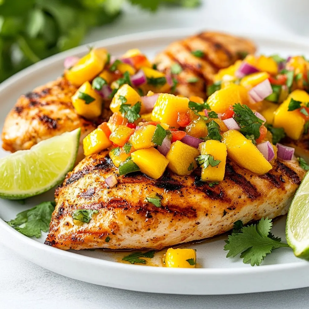 - 2 boneless, skinless chicken breasts - 1 ripe mango, diced - 1 small red onion, finely chopped - 1 red bell pepper, diced - 1 jalapeño, deseeded and minced - 2 tablespoons fresh cilantro, chopped - 2 tablespoons olive oil - 2 tablespoons lime juice - 1 tablespoon honey - 1 teaspoon ground cumin - 1 teaspoon garlic powder - Salt and pepper to taste - Mixing bowls - Grill or skillet - Measuring spoons Mango Salsa Chicken is bright and fresh. The sweet mango and spicy jalapeño create a great balance. You will need these simple items to make the dish shine. Each ingredient plays a key role in flavor. The chicken is the star, while the mango salsa adds a lively twist. Choosing ripe mango is important. The salsa components bring crunch and zest. Red onion gives sharpness. Red bell pepper adds sweetness. The cilantro ties everything together with a fresh note. For the marinade, olive oil keeps the chicken juicy. Lime juice adds tang. Honey gives a hint of sweetness. Ground cumin and garlic powder boost the flavor. Salt and pepper round out the taste. Gather these tools for easy cooking. Mixing bowls help you combine the marinade and salsa. A grill or skillet allows for quick cooking. Measuring spoons ensure the right amounts of each ingredient. With this list, you can create a delicious meal that impresses. The combination of flavors makes each bite exciting. Enjoy cooking this simple and flavorful dish! {{ingredient_image_1}} To start, mix the marinade ingredients together. In a bowl, add 2 tablespoons of olive oil, 2 tablespoons of lime juice, and 1 tablespoon of honey. Then, sprinkle in 1 teaspoon of ground cumin, 1 teaspoon of garlic powder, and some salt and pepper to taste. Whisk this until it blends well. Next, place the 2 boneless, skinless chicken breasts in the bowl. Make sure they are well coated. Let the chicken marinate for at least 30 minutes in the refrigerator. For even more flavor, marinate it for up to 2 hours. This allows the chicken to soak up all the tasty goodness. Now, let’s make the mango salsa. In a separate bowl, combine the salsa ingredients. Start by adding 1 ripe mango, diced. Then, peel and finely chop 1 small red onion, and dice 1 red bell pepper. If you like some heat, add 1 jalapeño, deseeded and minced. Finally, toss in 2 tablespoons of chopped fresh cilantro. Gently toss all these ingredients together. Be careful not to mash the mango. This salsa adds a fresh punch to the chicken. Time to cook the chicken! Preheat your grill or skillet over medium-high heat. Once it's hot, remove the chicken from the marinade. Place it on the grill or skillet. Cook for 6-7 minutes on one side. Flip it over and cook for another 6-7 minutes. Make sure the chicken reaches an internal temperature of 165°F (75°C). You want it to have nice grill marks and be juicy inside. After the chicken is cooked, take it off the heat. Let it rest for a few minutes. This helps keep it juicy. Now, top the chicken breasts generously with the fresh mango salsa you made earlier. For serving, you can slice the chicken if you want. Serve it hot on a bright plate. A great touch is adding lime wedges and fresh cilantro for color. Enjoy your Mango Salsa Chicken! When cooking Mango Salsa Chicken, you can choose between grilling and using a skillet. - Grill Method: Grilling adds a smoky flavor. Heat your grill to medium-high. Cook the chicken for 6-7 minutes on each side. Check that it reaches 165°F (75°C). - Skillet Method: If you pick a skillet, use a non-stick pan. Heat it over medium-high heat and cook the chicken the same way. To ensure juicy chicken, always marinate it for at least 30 minutes. The marinade keeps the chicken moist and flavorful. To boost the flavor, consider adding extra herbs and spices. - Herbs: Fresh basil or mint can add a unique twist. - Spices: Try adding a pinch of smoked paprika or chili powder for extra warmth. Using grilled vegetables in your salsa can enhance its taste and texture. Grilling red bell peppers or corn can add a nice char and sweetness. For a creative presentation, serve the chicken on a bright-colored plate. - Arrangement: Place the chicken at an angle and spoon the mango salsa over the top. - Garnishing Tips: Add lime wedges and a sprig of cilantro for a pop of color. This makes your dish look fresh and inviting. Pro Tips Marinate Longer: For even more flavor, consider marinating the chicken for 2-4 hours or overnight. This allows the spices to penetrate deeper into the meat. Adjust Spice Level: If you prefer a milder salsa, remove the seeds from the jalapeño or use a less spicy pepper. Conversely, add more jalapeño or even a dash of hot sauce for extra heat. Fresh Herbs: Use fresh cilantro for the best flavor in your mango salsa. If you're not a fan of cilantro, consider substituting with fresh mint or parsley. Rest the Chicken: Allow the cooked chicken to rest for a few minutes before slicing. This helps retain its juices, making for a juicier and more tender bite. {{image_2}} You can switch up the mango for other fruits. Pineapple, peach, or even kiwi work well. For veggies, try cucumbers or corn. If you want a dairy-free option, skip any cheese. You can add avocado for creaminess instead. To spice things up, add more jalapeño or use a hotter pepper. You can bake the chicken if grilling is not an option. Bake at 375°F for about 25-30 minutes. This keeps the chicken juicy. If you want to use a slow cooker, marinate the chicken as usual. Place it in the slow cooker with some salsa. Cook on low for 4-6 hours. This makes the chicken very tender and flavorful. Pair the chicken with rice or a fresh salad. The rice soaks up the salsa flavors nicely. You can also serve it with tortilla chips for a fun crunch. For sauces, try a drizzle of lime crema or a dash of hot sauce. Fresh cilantro on top adds a nice touch. To keep your leftovers fresh, refrigerate them right away. Place the chicken and salsa in separate airtight containers. This helps maintain their unique flavors. Store the chicken for up to three days. The salsa will stay fresh for about two days. For longer storage, freeze the chicken. Wrap it tightly in plastic wrap, then place it in a freezer bag. It can last up to three months in the freezer. Salsa does not freeze well due to its texture. It’s best to enjoy it fresh. When reheating, ensure the chicken is hot all the way through. Use a microwave or oven for best results. If using a microwave, heat it in short bursts. Check the temperature often. Aim for 165°F (75°C) to ensure safety. To keep the chicken juicy, cover it while reheating. If you want, add a splash of water or broth. This adds moisture and flavor. Salsa can be served cold on the side after reheating the chicken. You can prepare the chicken and salsa in advance. Marinate the chicken the night before. This allows the flavors to blend well. Store it in the fridge until you’re ready to cook. For easy meals, portion the chicken and salsa into containers. This makes it simple to grab and go. You can pair it with rice or salad for a complete meal. Meal prep helps save time during busy weeks, and you can enjoy this tasty dish anytime! If you cannot find mango, use peach or pineapple. Both fruits add sweetness. You can also use papaya for a tropical twist. Adjust the other ingredients to balance the flavor. For a twist, try avocado. It adds creaminess without the sweetness of mango. You can prepare the chicken and salsa in advance. Marinate the chicken the night before. Keep it in the fridge for best flavor. You can also make the salsa a few hours ahead. Just store it in a sealed container. This helps the flavors blend well. Check the chicken's internal temperature. It should reach 165°F (75°C). Look for clear juices when you cut into it. The meat should not be pink inside. If you use a grill, nice grill marks show it’s close to done. Mango Salsa Chicken goes well with rice or quinoa. A fresh green salad adds crunch. You can also serve it with black beans for protein. Tortilla chips make a fun side, too. They add a nice crunch to your meal. This blog post outlined a delicious way to prepare Mango Salsa Chicken. We covered key ingredients, marination steps, and cooking methods. You learned tips for juicy chicken and fresh salsa. In the end, you can customize this dish to fit your taste. With easy storage and meal prep ideas, you can enjoy it throughout the week. Get creative with variations and serve it your way! Enjoy cooking and sharing this flavorful meal with others.
