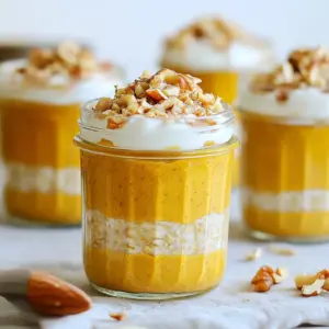 To make pumpkin spice overnight oats, you will need these key ingredients: - 1 cup rolled oats - 1 cup almond milk (or any milk of your choice) - 1/2 cup canned pumpkin puree - 1 tablespoon chia seeds - 1 tablespoon maple syrup (or honey) - 1 teaspoon pumpkin pie spice - 1/2 teaspoon vanilla extract - Pinch of salt These ingredients create a tasty and healthy breakfast. The oats give you fiber, while the pumpkin adds vitamins. Chia seeds boost your omega-3 intake, and maple syrup sweetens the mix naturally. When measuring, use a standard cup and tablespoon. If you do not have almond milk, any milk works well. You can also swap pumpkin puree with sweet potato puree for a different flavor. Maple syrup can be replaced with honey or agave nectar, depending on your taste. For those who want to skip the pumpkin pie spice, you can mix cinnamon and nutmeg for a similar taste. Keeping the same measurements will yield the best results. Toppings can make your oats even better. Here are some ideas: - Chopped nuts (like walnuts or pecans) - Dried fruits (such as raisins or cranberries) - A dollop of yogurt for creaminess These toppings add texture and extra flavor. You can mix and match based on what you have at home. Enjoy experimenting to find your favorite combination! {{ingredient_image_1}} First, grab a mixing bowl. Add 1 cup of rolled oats, 1 tablespoon of chia seeds, and a pinch of salt. This mix serves as the heart of your oats. The oats provide fiber, while chia seeds add some protein and healthy fats. Stir these dry ingredients well to combine. In another bowl, whisk together your liquid ingredients. Use 1 cup of almond milk, 1/2 cup of canned pumpkin puree, and 1 tablespoon of maple syrup. Add 1 teaspoon of pumpkin pie spice and 1/2 teaspoon of vanilla extract. Mix until smooth. This mixture brings the pumpkin flavor and spice you love. The maple syrup adds sweetness, making the oats delicious. Now, pour the pumpkin mixture into your oat base. Stir until everything is well combined. This is where the magic happens! Divide the combined mixture into two jars or containers. Seal them tightly with lids. Place them in the fridge overnight. This allows the oats to soak up the flavors. The next morning, stir the oats. If they seem thick, add a splash of almond milk. Serve them chilled and add your favorite toppings. Enjoy the creamy, spiced goodness! To get the best texture in your overnight oats, use rolled oats. They soak up the liquid well. I recommend mixing them with chia seeds for added creaminess and nutrition. The chia seeds help the oats thicken overnight. If your oats are too thick in the morning, just add a splash of almond milk. Stir it well to reach a smooth, creamy texture. If you like your oats sweeter, you have options. You can add more maple syrup or honey to taste. Start with a little extra and mix well. Taste it before adding more. If you want less sweetness, cut back on the maple syrup. The pumpkin puree adds some natural sweetness too. You can also try adding a mashed banana for a different flavor. Meal prep makes mornings easier. You can double this recipe to have more servings. Use jars or containers that seal well. This keeps your oats fresh. Prepare them on Sunday night for quick breakfasts during the week. Just grab a jar and go! You can also change toppings each day to keep things fun. Try nuts one day and dried fruits the next. Pro Tips Use Steel-Cut Oats: For a chewier texture, substitute rolled oats with steel-cut oats. Just remember to extend the soaking time to overnight or even longer. Experiment with Milk Alternatives: While almond milk is great, try other milk alternatives like oat milk or coconut milk for different flavor profiles. Add Extra Spice: If you love pumpkin spice, feel free to increase the amount of pumpkin pie spice or add a pinch of nutmeg for a more robust flavor. Make it a Meal Prep: Double or triple the recipe and store in the fridge for quick breakfasts throughout the week. Just add toppings before serving! {{image_2}} You can make pumpkin spice overnight oats dairy-free and vegan with a few swaps. Use almond milk, coconut milk, or oat milk instead of regular milk. These alternatives keep the oats creamy and delicious. You can also skip honey and use maple syrup for sweetness. This way, everyone can enjoy your tasty oats! Pumpkin spice is great, but you can mix it up! Try adding apple pie spice in the fall. In winter, use gingerbread spice for a festive twist. For spring, switch to lemon zest and blueberries. Each season brings fresh flavors that make your oats exciting and fun! To boost the protein in your oats, add Greek yogurt or protein powder. A dollop of yogurt on top gives a creamy finish. You can also mix in nut butter like almond or peanut. These additions make your breakfast filling and keep you energized all morning. To store your pumpkin spice overnight oats, keep them in sealed jars. Glass jars work well, but any container with a tight lid will do. Make sure the oats are covered to keep them fresh. These oats last up to five days in the fridge. After that, they may lose flavor and texture. Check for any signs of spoilage before eating. If they look or smell off, it's best to toss them. You can freeze the oats for later use. Simply pour the mixture into freezer-safe containers. Leave some space at the top, as the oats will expand when frozen. They can last for up to three months in the freezer. When you're ready to eat, thaw them in the fridge overnight. Yes, you can use quick oats, but the texture will change. Quick oats cook faster and can become mushy. Steel-cut oats work too, but they need longer soaking. If you choose steel-cut oats, soak them longer than overnight. Adjust the liquid to make sure they soften well. You can keep leftover overnight oats in the fridge for up to four days. Make sure to store them in a sealed jar. If you notice any changes in taste or smell, it’s time to toss them out. Always check before eating! No, pumpkin puree and pumpkin pie filling are not the same. Pumpkin puree is just pure pumpkin. It has no added sugar or spices. Pumpkin pie filling has sugar and spices added for flavor. Stick with pumpkin puree for this recipe to get the best taste. In this article, we explored how to make delicious pumpkin spice overnight oats. You learned about key ingredients, measurements, and topping options. I shared step-by-step instructions for the perfect oat base and spice mix. Tips for texture, sweetness, and meal prep can help you customize your oats. We also covered variations, storage methods, and answered common FAQs. Enjoy experimenting with flavors and making this healthy breakfast your own. Eating well can be easy and fun!