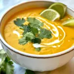- 1 medium pumpkin (3-4 cups cubed) - 1 tablespoon coconut oil - 1 onion, diced - 3 cloves garlic, minced - 1 tablespoon fresh ginger, grated - 2 tablespoons red curry paste - 4 cups vegetable broth - 1 can (400 ml) coconut milk - 1 tablespoon maple syrup (optional) - Salt and pepper to taste - Fresh cilantro, for garnish - Lime wedges, for serving To make the vegan pumpkin curry soup, you need fresh and simple ingredients. Each one adds a unique flavor. Start with a medium pumpkin. It should yield about three to four cups when you cube it. This is the base of your soup. Then, grab some coconut oil. It adds richness and a hint of sweetness. Next, you need one onion, diced. This will create a lovely aroma when cooked. Three cloves of garlic, minced, and one tablespoon of fresh ginger, grated, will give your soup a nice kick. For flavor, you need two tablespoons of red curry paste. It brings warmth and depth. Four cups of vegetable broth will add moisture and flavor. Don't forget the creamy part! One can of coconut milk is essential for a smooth texture. If you want a touch of sweetness, add one tablespoon of maple syrup. Season with salt and pepper to taste. Finally, garnish with fresh cilantro and serve with lime wedges. The lime adds brightness and balances the richness of the soup. {{ingredient_image_1}} How to cube the pumpkin To cube the pumpkin, start by peeling it. Use a sharp knife to cut off the skin. Next, cut the pumpkin in half. Scoop out the seeds and stringy bits using a spoon. Then, slice the pumpkin into smaller pieces. Finally, cut those pieces into bite-sized cubes. Aim for uniform sizes for even cooking. Sautéing the onion, garlic, and ginger In a large pot, heat 1 tablespoon of coconut oil over medium heat. Once hot, add 1 diced onion. Sauté the onion for about 5 minutes until it becomes soft and translucent. Next, stir in 3 minced garlic cloves and 1 tablespoon of grated ginger. Cook for an additional 2 minutes until you can smell their lovely aromas. Toasting the red curry paste After the garlic and ginger, add 2 tablespoons of red curry paste to the pot. Stir it into the onion mixture. Toast the curry paste for about 1 minute. This step boosts its flavor, making your soup even better. Adding pumpkin and vegetable broth Carefully add the cubed pumpkin to the pot. Then, pour in 4 cups of vegetable broth. Stir everything together well. Bring the mixture to a boil, then reduce the heat to a simmer. Cover the pot and let the soup simmer for about 20 minutes. You want the pumpkin to become tender during this time. Simmering the soup Keep an eye on the soup as it simmers. This is when all the flavors meld together. Stir occasionally, making sure nothing sticks to the bottom of the pot. Once the pumpkin is soft, you are ready for the next step. How to use an immersion blender After the pumpkin is cooked, use an immersion blender to purée the soup directly in the pot. Blend until it is smooth and creamy. If you don't have an immersion blender, carefully transfer the soup in batches to a regular blender. Make sure to let it cool a bit before blending to avoid splatters. Adding coconut milk and seasoning Return your blended soup to the pot if you used a regular blender. Stir in 1 can of coconut milk. Add maple syrup if you prefer a hint of sweetness. Don’t forget to season with salt and pepper to taste. Simmer the soup for another 5 minutes to heat everything through. To make your soup even tastier, try adding maple syrup. This small touch brings a nice sweetness. It balances the spices and pumpkin well. If you want to enhance the taste further, consider adding more seasonings. A pinch of cumin or turmeric can add depth. You can also try a dash of lime juice for more zing. A smooth texture is key for this soup. Use an immersion blender to blend the soup well. If you don’t have one, blend in batches using a regular blender. Always let the soup cool slightly before blending. This helps prevent splatters. When sautéing your onion, garlic, and ginger, keep the heat at medium. Stir often to avoid burning. This way, you get the best flavors out of these ingredients. For serving, add fresh cilantro on top. This brightens the dish and adds freshness. Lime wedges on the side are also great. Squeeze some juice into the soup right before eating. If you want a full meal, serve this soup with crusty bread. It pairs nicely and makes for a warm, comforting dinner. Pro Tips Choose the Right Pumpkin: Opt for a sugar pumpkin or pie pumpkin for a sweeter and creamier texture, perfect for soups. Adjusting Spice Levels: If you prefer a milder curry flavor, start with less red curry paste and gradually add more to taste. Enhancing Flavor: For an extra depth of flavor, consider adding a splash of soy sauce or tamari along with the coconut milk. Storage Tips: This soup freezes well! Store in airtight containers for up to 3 months for a quick meal option later. {{image_2}} You can switch up the vegetables in your vegan pumpkin curry soup. Instead of pumpkin, try using butternut squash or sweet potatoes. Both add a nice sweetness and creaminess. You can also add carrots or bell peppers for extra color and flavor. For a dairy-free alternative, coconut milk is perfect. If you want a lighter option, use almond milk or cashew cream. These options keep the soup creamy while staying vegan. Want a milder soup? Use less red curry paste. You can also add some coconut milk earlier to tone down the heat. For those who love spice, add red pepper flakes or fresh chili to the pot. You can also experiment with spices! Try adding cumin or coriander for a new twist. A pinch of turmeric can add warmth and a lovely color. To make this soup a hearty stew, add more vegetables and some lentils. They give it a nice texture and boost the protein. For a fun twist, serve the soup over rice or quinoa for a filling meal. Pair your soup with warm naan or crusty bread. They are great for dipping! You can also serve it with a fresh salad to balance the flavors. Enjoy experimenting with these variations to make the dish your own! To keep your vegan pumpkin curry soup fresh, let it cool first. Then, transfer it to an airtight container. This helps keep it safe and tasty. The soup lasts about 4 to 5 days in the fridge. If you want to enjoy it later, consider freezing it. For freezing, use a freezer-safe container or bag. Leave some space at the top, as the soup expands when frozen. You can freeze it for up to 3 months. To thaw, move it to the fridge overnight. This method keeps the flavor intact. When you’re ready to eat, reheat the soup on the stove over low heat. Stir often to prevent sticking. You can also use a microwave, but heat it in short bursts. This way, you keep the flavor and texture smooth. If the soup thickens, add a bit of vegetable broth or water. Yes, you can use canned pumpkin. It saves time and is just as tasty. Use 1 can of pumpkin purée, which is about 15 ounces. This makes your soup thick and creamy without the extra work of cutting and cooking fresh pumpkin. You can use almond milk or oat milk if you want a lighter option. If you want creaminess, try cashew cream or soy cream. Just keep in mind that coconut milk adds a unique flavor that other milks may not match. To add more substance, stir in cooked lentils or chickpeas. You can also add quinoa or rice for a hearty touch. These additions will make your soup a complete meal and keep you full longer. Yes, this recipe is gluten-free. All the ingredients, including the vegetable broth and spices, are gluten-free. Enjoy this soup without worry if you have gluten sensitivities. Absolutely! This soup tastes even better the next day. Just store it in an airtight container in the fridge. Reheat it on the stove or in the microwave before serving. This post covered how to make a delicious pumpkin soup. We listed the key ingredients, then walked through each step from preparation to final touches. I shared tips to perfect the flavor and offered variations to customize your dish. Remember, you can store this soup in the fridge or freeze it for later. Enjoy your cooking, and feel free to get creative. This soup is an excellent choice for comfort food or a hearty meal.
