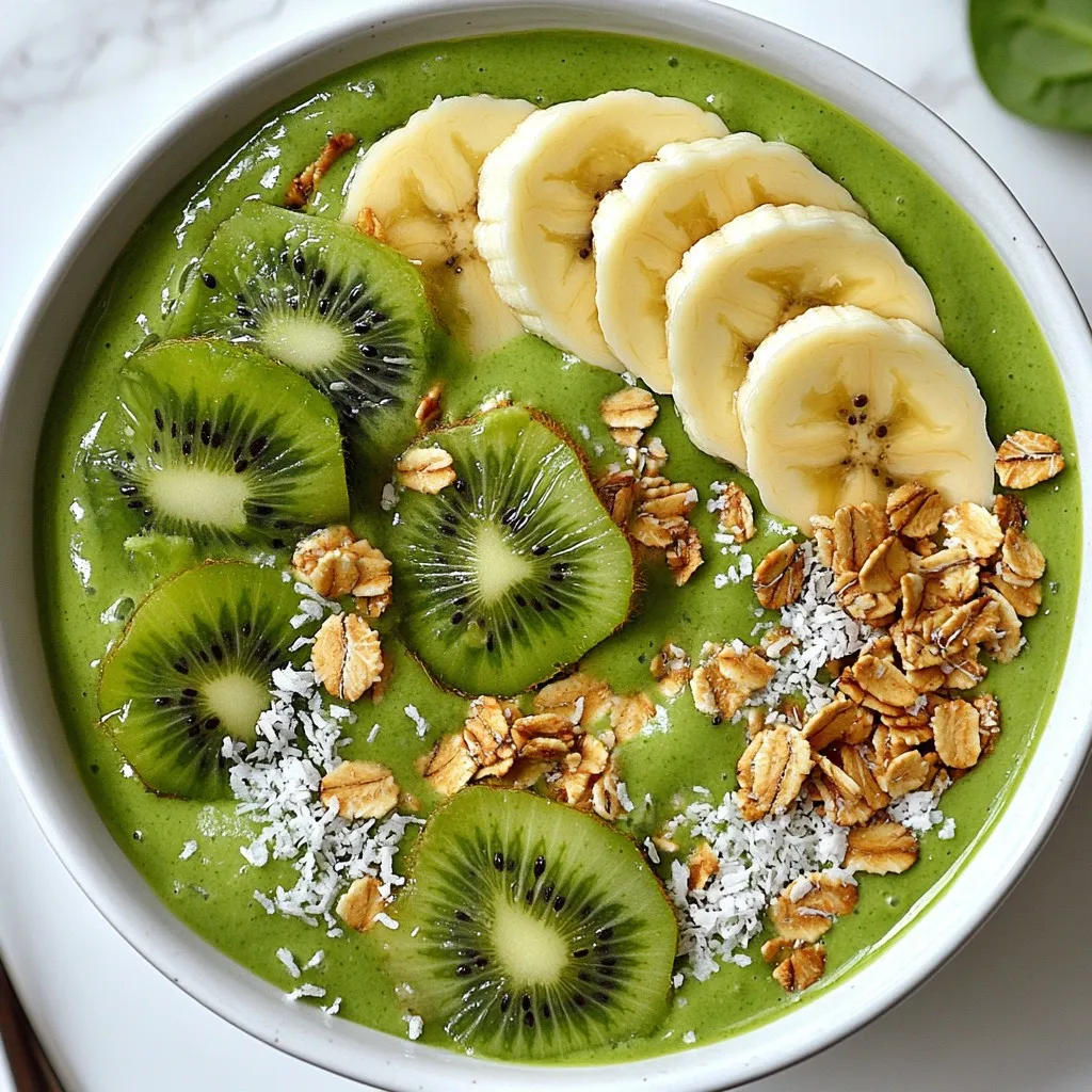 - 2 cups fresh spinach - 1 ripe banana, sliced - 1/2 ripe avocado - 1 cup unsweetened almond milk (or any milk of choice) - 1 tablespoon chia seeds - 1 tablespoon honey or maple syrup (optional) - 1/2 teaspoon vanilla extract - Toppings: Sliced kiwi, granola, coconut flakes, hemp seeds, pumpkin seeds When I make my Blender Green Smoothie Bowl, I love using fresh and vibrant ingredients. Fresh spinach gives a bright green color. It’s packed with vitamins and minerals. Bananas add natural sweetness and creaminess. They also help thicken the smoothie. The avocado is rich and smooth. It makes the bowl extra creamy and filling. For the liquid base, I often use unsweetened almond milk. It keeps the smoothie light and adds a nice flavor. You can choose any milk you like. Cow’s milk or oat milk also works great. Next, I add chia seeds. These tiny seeds are full of fiber and omega-3s. They help thicken the smoothie and add a nice crunch. If you want a sweeter taste, add honey or maple syrup. I usually skip it since I like it naturally sweet. I finish with vanilla extract for a hint of flavor. This makes the smoothie feel special. For toppings, I go all out! Sliced kiwi adds a pop of color. Granola gives a nice crunch. Coconut flakes add a tropical touch. I also sprinkle hemp seeds and pumpkin seeds for extra nutrition. Each bite is a mix of flavors and textures. It feels like a treat, but it’s healthy too! {{ingredient_image_1}} - First, I wash 2 cups of fresh spinach under cool water. - Then, I chop the spinach into smaller pieces for easy blending. - Next, I slice 1 ripe banana and scoop out 1/2 ripe avocado. - I measure 1 cup of unsweetened almond milk and set it aside. - I also get 1 tablespoon each of chia seeds and honey or maple syrup if I want extra sweetness. - Lastly, I grab 1/2 teaspoon of vanilla extract to add flavor. - In a high-speed blender, I combine all the prepared ingredients. - I start by adding the spinach, banana, avocado, almond milk, chia seeds, honey or maple syrup, and vanilla extract. - I blend on high speed until the mix is smooth and creamy. - If the mix is too thick, I add more almond milk little by little until I reach my desired consistency. - I stop to scrape down the sides of the blender to ensure everything blends well. - Once blended, I pour the smoothie into bowls. - I love to artfully arrange my favorite toppings on top. - I start with sliced kiwi for a fresh pop of color. - Then I sprinkle granola for crunch and add coconut flakes for a tropical touch. - I finish with hemp seeds and pumpkin seeds to boost nutrition and flavor. - Finally, I dig in with a spoon and enjoy every bite! To get the right thickness for your smoothie bowl, start with less liquid. Add almond milk slowly. If your mix is too thick, pour in a splash more. Blend on high for smoothness. A high-speed blender works best for this recipe. This way, you blend everything well. Want to boost your bowl? Consider adding protein powder, flax seeds, or nut butter. Each adds more nutrition. For leafy greens, spinach is great, but kale is also a good choice. Both pack a healthy punch and blend well. A beautiful bowl makes eating fun! Arrange colorful toppings like kiwi and granola on top. Start with kiwi slices first. Then, sprinkle coconut flakes and seeds for crunch. Bright colors make your bowl more appealing. Enjoy making your smoothie bowl not just tasty but pretty too! Pro Tips Fresh Ingredients: Use the freshest spinach and ripe bananas for the best flavor and nutrition. Adjust Consistency: If your smoothie is too thick, add more almond milk a little at a time until you reach your desired consistency. Creative Toppings: Experiment with different toppings like berries, nuts, or seeds to add variety and crunch to your bowl. Meal Prep: Prepare the smoothie base in advance and store it in the fridge for up to 24 hours for a quick breakfast option. {{image_2}} You can change flavors easily. For a tropical twist, try mango or pineapple. These fruits add a bright taste and sweetness. In summer, use seasonal berries like strawberries or blueberries. They are refreshing and full of antioxidants. Mixing and matching fruits keeps your smoothie bowl fun and exciting. If you want vegan options, swap honey for maple syrup. This keeps it sweet without using animal products. For nut allergies, use oat milk instead of almond milk. You can also skip the chia seeds or use sunflower seeds for crunch. These changes make the recipe safe for everyone. You can also turn this recipe into a smoothie cup. Just blend it a bit thinner. Pour it into a cup and sip with a straw. If you want a creamier base, use yogurt instead of almond milk. This adds protein and makes it extra rich. You can even try different milk bases like coconut milk for a unique twist. To keep your green smoothie bowl fresh, store any leftovers in an airtight container. Glass jars work well because they do not stain or hold smells. If you use plastic containers, make sure they are BPA-free. Always seal the lid tightly to prevent air from getting in. This keeps the smoothie fresh and tasty for later. You can freeze the smoothie mix if you want to enjoy it later. Pour the blended smoothie into ice cube trays or freezer-safe bags. Make sure to leave some space in the bag for expansion. When you're ready to enjoy, thaw the cubes in the fridge overnight. Blend them again with a splash of almond milk for a smooth texture. The smoothie bowl lasts about 1 to 2 days in the fridge. After that, it may lose flavor and texture. Check for any off-smells or changes in color. If it smells sour or looks dark, it’s best to toss it. Always trust your senses; they are your best guide. To make your smoothie bowl thicker, you can use less liquid. Start with half the amount of almond milk. If the mix is too thick, you can add a little more. Adding more banana or avocado also helps. These fruits add creaminess. You can also try using frozen spinach or banana. Frozen fruits make a thicker base. Yes, you can definitely use frozen fruit! Frozen fruit is often picked at peak ripeness, so it is very tasty. It also makes your smoothie colder and thicker. You can swap fresh bananas for frozen ones. Just remember to reduce the almond milk if you use frozen fruit. This helps keep the right texture. Many toppings can make your smoothie bowl even better. Here are some great options: - Sliced kiwi: Adds a tangy taste and bright color. - Granola: Gives a nice crunch and extra fiber. - Coconut flakes: Adds a tropical flavor and chewiness. - Hemp seeds: Packed with protein and healthy fats. - Pumpkin seeds: Adds a nutty flavor and crunch. Feel free to mix and match toppings to suit your taste! In this blog post, we explored how to create a delicious smoothie bowl. You learned about the fresh ingredients, blending process, and presentation tips. Perfecting the consistency and adding fun toppings can make your bowl shine. Remember that variations let you switch up flavors while still being nutritious. Now, with proper storage, you can keep your smoothie bowl fresh for days. Enjoy making these fun, healthy treats that you can customize and share with friends!