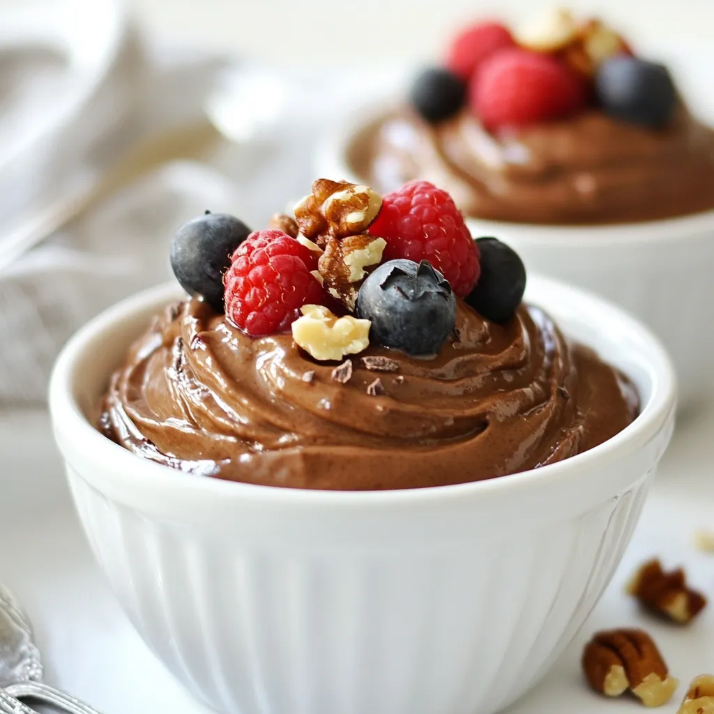 To make the perfect avocado chocolate mousse, you need a few simple ingredients. Here’s what you will need: - 2 ripe avocados, peeled and pitted - 1/2 cup unsweetened cocoa powder - 1/2 cup maple syrup or honey (to taste) - 1/4 cup almond milk (or any milk of your choice) - 1 teaspoon vanilla extract - A pinch of sea salt - Fresh berries or nuts for garnishing (optional) Ripe avocados are key to a creamy texture. They add healthy fats and a smooth base for our mousse. Unsweetened cocoa powder gives that rich chocolate flavor we all love. Maple syrup or honey adds sweetness, and you can adjust this to your liking. Almond milk makes it creamy but feel free to use any milk you love. Vanilla extract enhances the flavors, while sea salt balances the sweetness. Optional garnishes like fresh berries or nuts add a fun touch and extra texture. {{ingredient_image_1}} First, gather your ripe avocados, cocoa powder, maple syrup, almond milk, vanilla extract, and sea salt. Place all these ingredients in a food processor. I love using a food processor because it blends everything so well. Blend on high speed until the mixture is smooth and creamy. You may need to stop and scrape down the sides. This helps ensure all the ingredients mix evenly. After blending, taste your mousse. If you want it sweeter, add more maple syrup or honey. Start with a little, then blend again. Keep tasting until you reach your sweet spot. This part is fun and lets you make it just right for you. Now, transfer the mousse into serving bowls or glasses. Cover them with plastic wrap and refrigerate for at least 30 minutes. Chilling helps the mousse firm up a bit. When you are ready to serve, you can add fresh berries or chopped nuts on top. These garnishes add color and a nice crunch to your dessert. Using ripe avocados is key. They should feel soft when you squeeze them gently. The right ripeness gives the mousse a smooth texture. If your avocados are hard, let them sit at room temperature for a few days. This will help them ripen. For the best creaminess, blend the mixture well. I use a food processor for this task. Blend on high speed until the mousse is silky. Don’t forget to scrape down the sides. This ensures all ingredients mix well. A few extra seconds in the blender can make a big difference. After blending, taste your mousse. If it’s not sweet enough, you can easily adjust it. Add more maple syrup or honey a little at a time. Blend again to mix. Keep tasting until it feels just right for you. If you want alternatives for sweeteners, consider agave syrup or stevia. These options work well too. Each will give a different flavor, so choose what you like best. When serving your mousse, think about how it looks. You can use small glasses or bowls. Layer the mousse with fresh berries or nuts for a fun twist. This adds color and texture. For garnishes, try a sprinkle of cocoa powder or a mint leaf. These small touches can make your dish pop. Your guests will be impressed by the beautiful presentation! Pro Tips Use Ripe Avocados: Ensure your avocados are perfectly ripe for the creamiest texture. They should yield slightly to gentle pressure when squeezed. Adjust Sweetness to Taste: Start with less sweetener and gradually add more. Everyone's preference varies, so taste as you go! Chill for Best Flavor: Allowing the mousse to chill enhances the flavors. Refrigerate for at least 30 minutes before serving for a firmer texture. Garnish Creatively: Experiment with different garnishes like coconut flakes, chia seeds, or even a drizzle of nut butter for added flair! {{image_2}} To make a vegan mousse, use plant-based milk. Almond milk or coconut milk works great. You can also substitute maple syrup for honey. This keeps the mousse creamy and rich without dairy. The avocados provide all the creaminess you need. For a sugar-free mousse, use natural sweeteners. Stevia or monk fruit are good choices. They add sweetness without the calories. Just keep in mind to adjust to taste. Start with a small amount and blend well. Want to spice things up? Try adding mint or espresso. A teaspoon of espresso powder gives a nice coffee kick. Fresh mint leaves can add a burst of freshness. You can blend these in with the other ingredients for a fun twist. To keep your avocado chocolate mousse fresh, follow these steps. First, make sure it cools to room temperature. Then, transfer it to an airtight container. Cover it tightly with a lid. If you don’t have a lid, use plastic wrap. This method helps prevent air from spoiling the mousse. You can store the mousse in the fridge for up to three days. After that, it may lose its creamy texture and flavor. Always check for any change in smell or color before eating leftovers. Yes, you can freeze avocado chocolate mousse! To do this, place it in a freezer-safe container. Leave some space at the top, as it will expand. When ready to eat, thaw it in the fridge overnight. Give it a good stir to revive its creamy texture before serving. Yes, you can use many types of milk. Almond milk works well, but you can try soy, oat, or coconut milk too. Each milk gives a unique taste and texture. For creaminess, choose whole milk or coconut milk. If you want a lighter feel, try almond or oat milk. To make this mousse nut-free, swap almond milk for oat or soy milk. You can also use coconut milk if you need a creamy texture. Just ensure any garnishes, like nuts, are removed. This way, everyone can enjoy the dessert without worry. Yes, this recipe is great for kids! Avocados are full of healthy fats, vitamins, and minerals. They help in brain development and keep kids full. The cocoa adds a rich flavor that kids love. You can let them help mix the ingredients for extra fun! This blog post walked you through making a rich avocado chocolate mousse. We covered the best ingredients and step-by-step instructions to create a smooth treat. I shared helpful tips for texture, sweetness, and presentation. You also learned about variations, storage, and answers to common questions. Enjoy this delicious dessert that is easy to customize. Whether nut-free, sugar-free, or dairy-free, there’s an option for everyone. Now it's time to turn those avocados into a tasty treat!