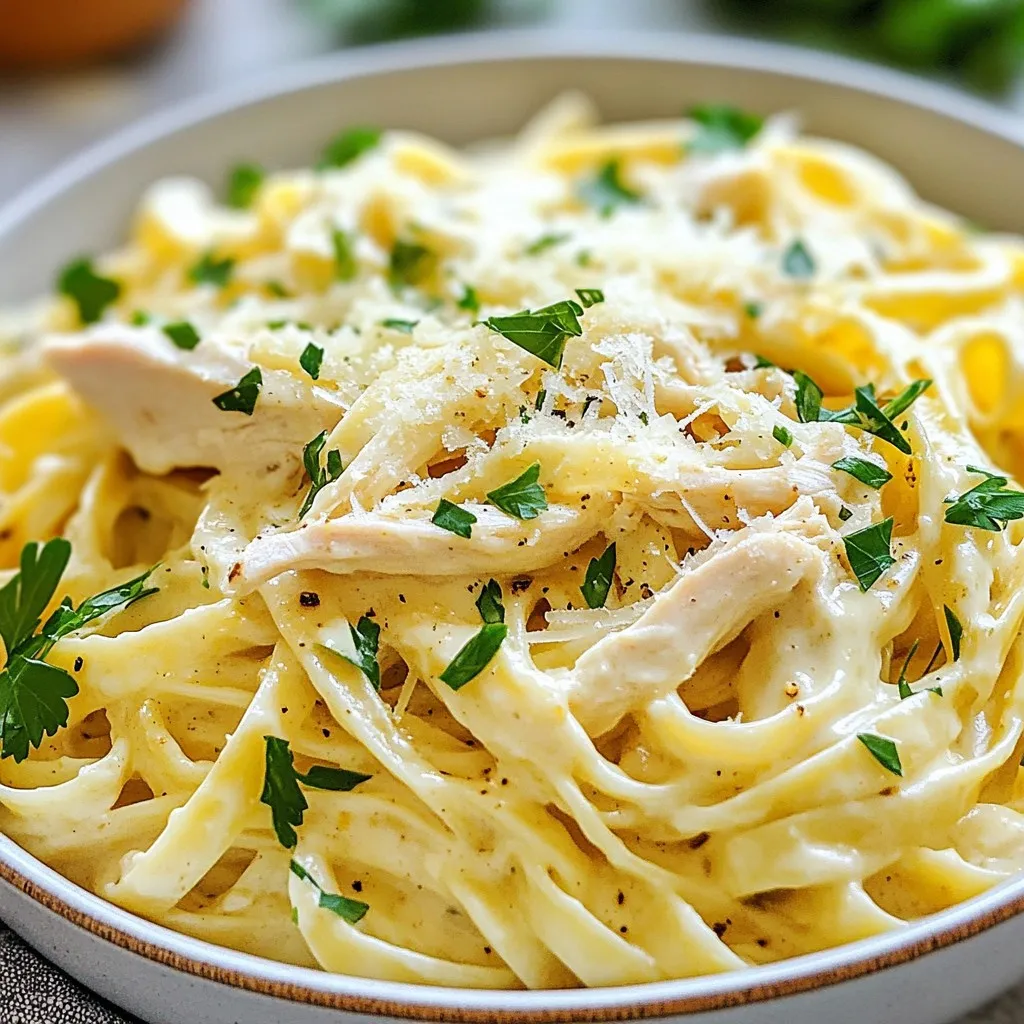 - 1 lb boneless, skinless chicken breasts - 2 tablespoons olive oil - 3 cups chicken broth - 12 ounces fettuccine pasta - 1 cup heavy cream - 1 cup grated Parmesan cheese - 3 cloves garlic, minced - 1 teaspoon Italian seasoning - Salt and pepper to taste - Fresh parsley, chopped for garnish In this recipe, I use simple yet effective ingredients. The chicken breasts give you protein and flavor. Olive oil adds richness and helps with cooking. Chicken broth makes the dish savory and moist. Fettuccine pasta is perfect for soaking up that creamy sauce. I choose heavy cream for its rich texture and taste. Parmesan cheese brings a salty, nutty flavor. Minced garlic adds aroma and depth. Italian seasoning gives a nice blend of herbs that work well with chicken. Don’t forget salt and pepper for seasoning! Finally, fresh parsley brightens the dish with color and taste. Gather these ingredients before starting. This way, you will have a smooth cooking experience. Plus, you can swap some items easily. For example, if you want, you can use a different pasta. Just keep in mind the cooking time may change. {{ingredient_image_1}} - First, set your Instant Pot to sauté mode. Add 2 tablespoons of olive oil. - Once the oil is hot, add 3 cloves of minced garlic. Sauté for 1 minute. The smell will be amazing! - Season 1 pound of boneless, skinless chicken breasts with salt, pepper, and 1 teaspoon of Italian seasoning. - Place the chicken in the pot. Sear each side for about 3-4 minutes. They should look golden brown. - Pour in 3 cups of chicken broth. Make sure the chicken is fully submerged. - Take 12 ounces of fettuccine pasta and break it in half. Lay it on top of the broth without stirring. - Lock the lid of the Instant Pot. Set it to manual high pressure for 8 minutes. - Once the timer goes off, perform a quick release. Be careful of the steam! - Remove the chicken breasts from the pot and set them aside. - Switch the Instant Pot back to sauté mode. Stir in 1 cup of heavy cream and let it simmer gently. - Gradually mix in 1 cup of grated Parmesan cheese until it melts and becomes smooth. - Shred the chicken with two forks. Return the shredded chicken to the pot. - Toss everything together. Make sure the pasta is well-coated with the creamy Alfredo sauce. - Taste and adjust the seasoning with more salt and pepper if needed. Enjoy your creamy dinner delight! To make a great Chicken Alfredo, seasoning is key. I always use salt, pepper, and Italian seasoning on the chicken. This helps the flavor stand out. Sear the chicken for 3-4 minutes on each side. This gives it a nice color and taste. When you add the chicken broth, make sure the chicken is fully submerged. This keeps the meat juicy. Timing matters too. When cooking in the Instant Pot, set it to high pressure for 8 minutes. This cooks the chicken perfectly. After cooking, do a quick release. This helps keep the pasta from overcooking. For a rich sauce, adjust the heavy cream. You can add more if you want it creamier. I use 1 cup, but feel free to add a bit more for extra richness. Freshly grated Parmesan cheese is a must. It melts better and gives a smoother texture than pre-grated cheese. This makes the sauce even more delicious. Presentation is important for any dish. Serve the Chicken Alfredo in a large bowl or on a plate. Garnish with fresh parsley and extra Parmesan cheese on top. This adds color and makes the dish look inviting. Arrange the pasta neatly to show off the creamy sauce. A good presentation makes everyone excited to dig in! Pro Tips Use Fresh Ingredients: Fresh garlic and high-quality Parmesan cheese will elevate the flavor of your Alfredo sauce significantly. Adjust the Creaminess: If you prefer a lighter sauce, you can substitute half of the heavy cream with low-fat milk while still achieving a creamy texture. Let it Rest: Allow the dish to sit for a few minutes after cooking. This helps the sauce thicken and enhances the overall flavor. Garnish for Presentation: A sprinkle of freshly chopped parsley not only adds color but also a fresh taste that complements the rich Alfredo sauce beautifully. {{image_2}} You can add a burst of color and nutrients to your dish by including vegetables. Broccoli and spinach are great choices. They cook quickly and blend well with the creamy sauce. Simply stir them in during the last few minutes of cooking. You can also spice it up with red pepper flakes. This adds a nice kick to the creamy sauce and makes it even more exciting. If you want a change from chicken, try using shrimp or salmon. Both cook fast and add a lovely flavor. Just adjust the cooking time to keep them tender. For a vegetarian twist, consider mushrooms or tofu. Sauté them first for extra taste. They soak up the rich Alfredo sauce perfectly. Fettuccine is classic, but you can switch it up. Use penne, rotini, or even spaghetti for a fun twist. If you're gluten-free, look for gluten-free pasta options. Many brands offer great alternatives that hold up well in the Instant Pot. After enjoying Instant Pot Chicken Alfredo, let it cool. This helps keep the meal fresh. Store it in the fridge within two hours. Use airtight containers for the best results. Glass or BPA-free plastic containers work well. Label the container with the date. This way, you’ll know how long it’s been stored. To reheat chicken Alfredo, use the microwave or stovetop. If using the microwave, place the meal in a safe dish. Heat in short bursts, stirring in between. For the stovetop, warm it in a pan over low heat. Add a splash of cream or broth if it looks dry. This keeps the sauce creamy and smooth. You can freeze chicken Alfredo for later. First, let it cool completely. Then, place it in freezer-safe containers. Leave some space for expansion. When ready to eat, thaw it in the fridge overnight. Reheat as mentioned above. To avoid separation, stir well when reheating. This will help bring the flavors back together. How long does it take to cook? Cooking Instant Pot chicken Alfredo takes about 30 minutes in total. You spend 10 minutes prepping and 20 minutes cooking. The actual pressure cooking time is just 8 minutes. Can I double the recipe in the Instant Pot? Yes, you can double the recipe! Just keep the same cooking time. Make sure your Instant Pot is not overfilled. What can I substitute for heavy cream? You can use half-and-half or whole milk instead of heavy cream. Coconut milk works well for a dairy-free option, too. Why is my sauce too thick? If your sauce is too thick, add a little chicken broth or milk. Stir it in slowly until you reach your desired consistency. How do I fix undercooked pasta? If the pasta is undercooked, add a bit more broth and cook on sauté mode for a few minutes. Stir often to avoid sticking. What sides go well with Chicken Alfredo? Garlic bread and a fresh salad are great sides. Steamed vegetables like broccoli or green beans add color and nutrients. Best wines to serve with this dish A light white wine, such as Pinot Grigio or Chardonnay, pairs well with chicken Alfredo. For a red option, try a light Pinot Noir. This blog post covered how to make delicious Instant Pot Chicken Alfredo. You learned the right ingredients, preparation steps, and cooking process. I shared helpful tips for a creamier sauce and creative variations. Proper storage and reheating techniques were included too. By following these guidelines, you can enjoy a perfect meal that suits your taste. Remember, the right techniques make all the difference. Enjoy your cooking and be creative with this dish!