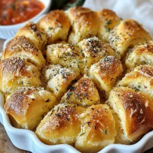 To make Garlic Herb Pull-Apart Bread, you need these key ingredients: - 3 cups all-purpose flour - 2 teaspoons active dry yeast - 1 teaspoon sugar - 1 teaspoon salt - 1 cup warm milk (about 110°F or 43°C) - 3 tablespoons unsalted butter, melted - 4 cloves garlic, minced - 1 tablespoon fresh parsley, chopped - 1 tablespoon fresh rosemary, chopped - 1 tablespoon fresh thyme, chopped - 1/2 teaspoon black pepper - Extra melted butter for brushing These ingredients work together to create a soft, flavorful bread. The flour gives the bread its structure. The yeast helps it rise, making it fluffy. You can add these ingredients for extra taste: - 1/4 cup grated Parmesan cheese - Additional fresh herbs like basil or chives Parmesan adds a rich, savory note. Fresh herbs boost the flavor and aroma. Feel free to mix and match herbs to suit your taste. If you don't have some ingredients, here are swaps you can use: - Use bread flour instead of all-purpose flour for a chewier texture. - Almond milk or oat milk can replace regular milk for a dairy-free option. - Any fresh herb can replace parsley, rosemary, or thyme. These substitutions allow you to customize the recipe while keeping it delicious. Always adjust cooking times based on your changes to ensure perfect results. {{ingredient_image_1}} To start, you must activate the yeast. In a small bowl, mix warm milk, sugar, and active dry yeast. Use milk that feels warm to your touch, about 110°F or 43°C. After mixing, let it sit for about 5-10 minutes. You want it to get frothy. This shows the yeast is alive and ready to work. Next, we make the dough. In a large mixing bowl, combine the all-purpose flour and salt. Once the yeast mixture is frothy, add it to the flour. Mix until a shaggy dough forms. Then, pour in the melted butter. Knead the dough for about 8-10 minutes. You want it to be smooth and elastic. If it feels sticky, add a bit more flour. After kneading, place the dough in a lightly greased bowl. Cover it with a kitchen towel and let it rise in a warm spot for about 1 hour. It should double in size. While it rises, prepare the garlic herb mixture. In a bowl, mix minced garlic, fresh herbs, black pepper, and Parmesan cheese. Once the dough has risen, punch it down. Divide it into small balls, about 1 inch each. Roll each ball in the garlic herb mixture to coat it well. Next, grease a bundt pan or a round cake pan. Layer the coated dough balls in the pan, stacking them on top of each other. Let the dough rise again for about 30 minutes. Now it’s time to bake. Preheat your oven to 375°F (190°C). Brush the top of the bread with melted butter. Bake for 25-30 minutes. The bread should turn golden brown and smell amazing. Once done, cool it in the pan for 10 minutes. Carefully turn it onto a serving platter. For extra flavor, brush it with more melted butter before serving. To get the best rise, keep your dough warm. Yeast loves heat. A sunny spot or a warm oven works well. Make sure your milk is warm, not hot. Hot milk can kill the yeast. Wait until your dough doubles in size. This can take about an hour. Patience is key! Use fresh herbs for great taste. The mix of garlic, parsley, rosemary, and thyme adds depth. You can also add grated cheese. Parmesan gives a lovely salty kick. Brush the bread with melted butter before baking. This adds flavor and helps it brown nicely. For extra crunch, sprinkle some coarse salt on top. Kneading helps develop gluten, making your bread chewy. Use a clean, floured surface to knead. Press down and fold the dough over itself. Keep kneading for about 8-10 minutes. The dough should feel smooth and elastic. If it sticks to your hands, add more flour. Don’t rush this step; it makes a big difference! Pro Tips Use Fresh Herbs: Fresh herbs can significantly enhance the flavor of your pull-apart bread. Consider using a mix of your favorites like basil or oregano along with the recommended herbs for a unique twist. Perfect Yeast Activation: Ensure your milk is warm but not too hot; around 110°F (43°C) is ideal. If the milk is too hot, it can kill the yeast, preventing the dough from rising. Flour for Kneading: Dust your work surface with flour while kneading to prevent sticking. However, avoid adding too much flour, as this can make the bread dense. Customize the Cheese: Feel free to experiment with different cheeses such as mozzarella or cheddar for a different flavor profile. Adding cheese will make the bread extra decadent! {{image_2}} You can make this bread even better by adding cheese. Try using mozzarella for a gooey center. Cheddar adds a sharp taste. Feta gives a nice tang. Use a mix of cheeses for more flavor. Just make sure to adjust the amount of garlic and herbs to match. Feel free to switch up the herbs in your bread. Basil and oregano work well for a pizza twist. Dill adds a fresh, vibrant taste. You can even use mint for a unique flavor. Mix and match to find your favorite combination. Just keep the total amount of herbs the same for best results. If you like some heat, add red pepper flakes to the garlic herb mix. This gives the bread a spicy kick. You can also use smoked paprika for a subtle warmth. Experiment with different spices, like cumin or coriander, to create your own blend. Just remember to taste as you go! To keep your leftover garlic herb pull-apart bread fresh, store it in an airtight container. You can also wrap it in plastic wrap or foil. This helps keep out air, which can make the bread dry. Store it at room temperature for up to three days. If you want to keep it longer, consider freezing. When you're ready to enjoy your leftover bread, reheating it is key to bringing back its fresh taste. Preheat your oven to 350°F (175°C). Place the bread on a baking sheet and cover it loosely with foil. Heat for about 10-15 minutes. This keeps the bread soft while warming it through. You can also microwave individual pieces for 15-20 seconds, but this may make the bread a bit chewy. Freezing is a great option if you have extra bread. Allow the bread to cool completely. Wrap it tightly in plastic wrap, then in aluminum foil. This double wrap prevents freezer burn. You can freeze the bread for up to three months. When you're ready to eat it, thaw the bread in the fridge overnight. Then reheat it in the oven for the best taste. You can serve this bread with many tasty sides. A small bowl of marinara sauce makes a great dip. Garlic butter also adds a rich flavor. You can pair it with soup or salad too. It matches well with Italian dishes like pasta. Add some fresh herbs on top for a nice touch. Yes, you can make this bread ahead of time. You can prepare the dough and let it rise. After the first rise, shape the dough and place it in the pan. Cover it and store it in the fridge overnight. When you're ready, let it rise for 30 minutes before baking. This saves time and still gives you fresh bread. To check if the bread is fully baked, look for a golden brown color. Tap the top gently; it should sound hollow. You can also use a toothpick. Insert it into the bread; it should come out clean. If you see dough on the toothpick, bake it a little longer. These methods ensure you have perfect Garlic Herb Pull-Apart Bread every time. You learned about making Garlic Herb Pull-Apart Bread. We covered the best ingredients, steps, and useful tips. You now know how to enhance flavor and try different variations. Proper storage keeps the bread fresh longer, and you can even reheat it easily. This bread is a fun treat for any meal. Enjoy the baking process and share your results with friends. You have the skills to make this dish a hit. Dive in and enjoy your delightful creation!