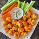 - 1 medium head cauliflower - 1 cup all-purpose flour - 1 cup water - 1 teaspoon garlic powder - 1 teaspoon onion powder - 1 teaspoon smoked paprika - Salt and pepper - 1 cup buffalo sauce - 2 tablespoons melted vegan butter (optional) - Celery and carrot sticks - Blue cheese or ranch dressing Gathering fresh ingredients is key. Start with a medium head of cauliflower. Cut it into bite-sized pieces. This gives you perfect portions for each bite. You also need all-purpose flour and water. This mix creates the batter that coats the cauliflower. For flavor, add garlic powder, onion powder, and smoked paprika. These spices make the dish pop. Don’t forget salt and pepper to taste. They add that extra zing. Buffalo sauce is the star here. You can use store-bought or make your own. If you want a richer taste, add melted vegan butter. This step is optional but worth it. Prepare some celery and carrot sticks for a crunchy side. Lastly, get some blue cheese or ranch dressing for dipping. These add creaminess and balance the heat. {{ingredient_image_1}} - Preheat the oven to 450°F (230°C). - Line a baking sheet with parchment paper. - In a large bowl, whisk together: - 1 cup all-purpose flour - 1 cup water - 1 teaspoon garlic powder - 1 teaspoon onion powder - 1 teaspoon smoked paprika - Salt and pepper to taste Make sure the batter is smooth, like pancake mix. - Cut a medium head of cauliflower into bite-sized florets. - Dip each floret into the batter. Ensure it is fully coated. - Place the coated florets on the prepared baking sheet in a single layer. - Bake for about 20 minutes. Look for a golden and crispy texture. While the cauliflower bakes, mix 1 cup of buffalo sauce with 2 tablespoons of melted vegan butter in a bowl. This adds richness. - After 20 minutes, take the cauliflower out. Toss the florets in the buffalo sauce mixture until well coated. - Return the sauced cauliflower to the baking sheet. - Bake for an additional 10 minutes. This helps set the sauce. - After baking, let the cauliflower cool slightly before serving. Serve with celery sticks, carrot sticks, and your choice of blue cheese or ranch dressing. Enjoy your crispy, flavorful bites! For crispy buffalo cauliflower bites, start with the batter. It should have a pancake-like thickness. If it’s too thin, add a bit more flour. If it’s too thick, mix in a little water. Proper coating helps create a crunchy texture. When baking, use a preheated oven at 450°F (230°C). This high heat helps the batter crisp up. Make sure to place the cauliflower in a single layer. Avoid crowding the pan to allow even cooking. Flip the bites halfway through baking for an even crisp. To boost the flavor, you can add spices to the batter. Try cumin, cayenne, or even a pinch of cinnamon. These spices will give your bites extra zing. You can also experiment with different sauces. Honey mustard or barbecue sauce can change the flavor profile. For toppings, consider adding chopped green onions or sesame seeds. A sprinkle of fresh herbs can also elevate the dish. Serve these buffalo bites with celery and carrot sticks. They provide a nice crunch and freshness. For dipping, blue cheese or ranch dressing is perfect. You can also create a fun platter. Arrange the bites on a large plate. Drizzle with extra buffalo sauce for flair. It makes a great appetizer or snack for any gathering. Pro Tips Choose the Right Cauliflower: Opt for a fresh, firm head of cauliflower without brown spots for the best texture and flavor. Make it Gluten-Free: Substitute all-purpose flour with a gluten-free flour blend for a delicious gluten-free version of this recipe. Experiment with Spices: Feel free to add your favorite spices or herbs to the batter for a unique twist on flavor. Serve Immediately: These bites are best enjoyed fresh out of the oven when they are still crispy. Reheating may cause them to lose their crunch. {{image_2}} You can easily make these bites gluten-free. Just swap the all-purpose flour with gluten-free flour. This change keeps the texture light and crispy. Many brands offer good gluten-free options. You want to ensure it blends well with water and spices. Adjusting the heat level is simple. If you want a milder flavor, use less buffalo sauce. You can also mix buffalo sauce with a little water to tone it down. If you love spice, try adding cayenne pepper to the batter. This way, you can customize the heat to match your taste. Switching up the sauce can add fun flavors. Try teriyaki, barbecue, or ranch dressing. Each sauce gives a new twist to the dish. For a zesty kick, a chipotle sauce works great too. Experiment to find your favorite flavor combination! To store leftover Buffalo Cauliflower Bites, let them cool first. Place them in an airtight container. They will stay fresh for about 3 to 5 days in the fridge. If you want extra crunch, reheat them in the oven. The microwave can make them soggy. If you want to freeze them, follow these steps. Cool the bites completely. Arrange them in a single layer on a baking sheet. Freeze them for about 1 to 2 hours. Once frozen, transfer them to a freezer-safe bag. They can last up to 3 months in the freezer. To reheat, preheat your oven to 400°F (200°C). Place the bites on a baking sheet. Bake for about 10 to 15 minutes until hot and crispy. You can also use an air fryer for a quicker option. Just heat them for about 5 to 7 minutes. Buffalo cauliflower bites last about 3 to 5 days in the fridge. Make sure they cool down fully before storing them. Place them in an airtight container to keep them fresh. This helps maintain their texture and flavor. Yes, you can make buffalo cauliflower bites ahead of time! Prepare them up to the initial baking step. Once baked, toss them in the sauce and bake again right before serving. This way, they stay crispy and tasty. Absolutely! You can use whole wheat flour or chickpea flour. Both options add fiber and nutrients. You can also use almond milk instead of water for a dairy-free option. This keeps the batter light and healthy. Buffalo cauliflower bites pair well with celery sticks and carrot sticks. They add a nice crunch and freshness. You can also serve them with blue cheese or ranch dressing for dipping. These options balance the heat and add flavor. In this post, I shared a simple guide to making Buffalo Cauliflower Bites. You learned about the ingredients, steps for preparation, and tips for the best texture. I also covered yummy variations and how to store leftovers. Consider trying different sauces to find your favorite flavor. With these steps, you can enjoy a delicious, crispy snack. Experiment, have fun, and enjoy your tasty bites!