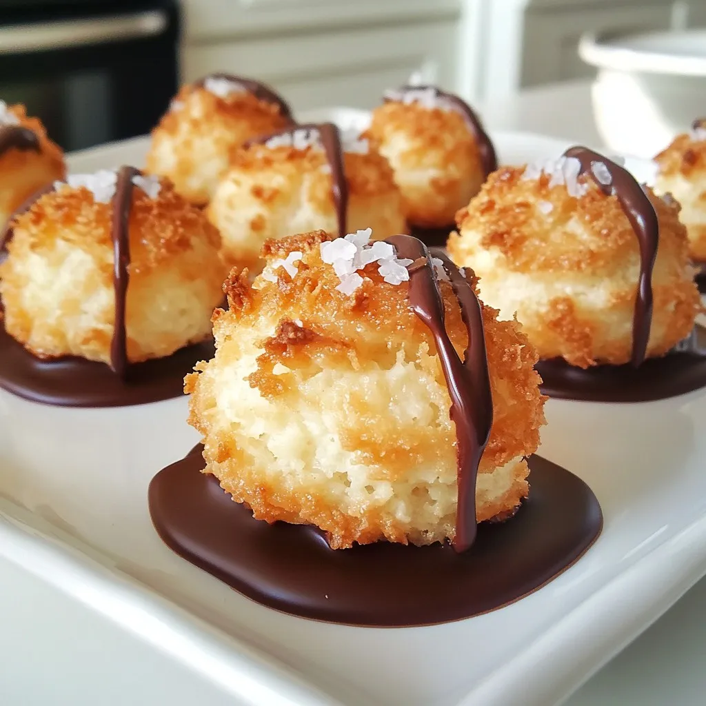 To make these tasty macaroons, gather the following items: - 2 ½ cups shredded unsweetened coconut - 1 cup sweetened condensed milk - 1 teaspoon vanilla extract - ¼ teaspoon salt - 1 cup dark chocolate chips - 1 tablespoon coconut oil - Sea salt flakes for garnish (optional) Using unsweetened coconut gives the macaroons a pure coconut flavor. Sweetened condensed milk adds sweetness and keeps them moist. Vanilla extract enhances the flavor and makes each bite better. The salt helps balance the sweetness. Dark chocolate chips add richness when you dip the macaroons. Coconut oil helps the chocolate melt smoothly and gives a nice shine. If you have allergies or preferences, you can make some changes: - Use sweetened coconut if you prefer a sweeter taste. - For dairy-free options, try using dairy-free chocolate chips. - If you can't have coconut, you could use almond flour instead of shredded coconut, but the texture will change. - For a nut-free version, check that your chocolate is nut-free as well. These easy adjustments allow everyone to enjoy these delicious treats! {{ingredient_image_1}} Start by preheating your oven to 325°F (160°C). This step is key to getting a nice golden color. Next, grab a mixing bowl. Add 2 ½ cups of shredded unsweetened coconut. To this, pour in 1 cup of sweetened condensed milk. Then, add 1 teaspoon of vanilla extract and ¼ teaspoon of salt. Mix everything well until it is fully combined. The mixture should be sticky and thick, perfect for forming the macaroons. Now, it's time to form the macaroons. Use your hands to shape small mounds, about 1.5 inches wide. Place them on a lined baking sheet. Be sure to space them about 1 inch apart. This space helps them bake evenly. Bake in your preheated oven for 20 to 25 minutes. Look for a nice golden brown color to know they are done. Once baked, remove them from the oven and let them cool completely on the sheet. Cooling is important, as it helps them hold their shape. While the macaroons cool, prepare the chocolate. Take 1 cup of dark chocolate chips and 1 tablespoon of coconut oil. Place them in a microwave-safe bowl. Microwave the bowl in 30-second intervals. Stir the mixture each time until it is smooth and melted. Be careful not to overheat. Once the macaroons are cool, dip the bottoms into the melted chocolate. Let any excess chocolate drip off before placing them back on the parchment paper. If you want, sprinkle sea salt flakes on top while the chocolate is still wet. This adds a nice touch of flavor. Finally, place the dipped macaroons in the fridge for 30 minutes to let the chocolate harden. To make great macaroons, follow these tips: - Use unsweetened coconut for a rich flavor. - Measure coconut and sweetened condensed milk accurately. - Mix the ingredients until just combined for a good texture. - Shape the macaroons into even mounds for uniform baking. - Give them space on the baking sheet to help them rise. - Bake until golden brown, but don’t overbake them. Melting chocolate is key for a smooth dip. Here’s how: - Use dark chocolate chips for a rich taste. - Add coconut oil to keep the chocolate smooth and shiny. - Microwave in short bursts of 30 seconds. - Stir between each burst to avoid burning the chocolate. - If you prefer, melt chocolate on a double boiler for more control. Serve your macaroons with style. Try these ideas: - Arrange them on a colorful platter for a beautiful display. - Drizzle extra melted chocolate over the top for flair. - Add some sea salt flakes on top for a sweet-salty mix. - Pair them with coffee or tea for a delightful treat. - Wrap them in clear bags for gifts or party favors. Pro Tips Use Fresh Coconut: For an even more intense coconut flavor, try using fresh grated coconut instead of shredded. Just ensure it is well-drained before mixing. Chill Before Dipping: Chilling the macaroons in the refrigerator for 10-15 minutes before dipping them into chocolate can help them hold their shape better. Experiment with Chocolate: Feel free to use milk chocolate or white chocolate instead of dark chocolate for a different flavor profile. Storage Tips: Store the finished Coconut Bliss Bites in an airtight container in the refrigerator for up to a week to maintain their freshness. {{image_2}} You can add fun flavors to your macaroons. Try mixing in almond or orange extracts. Just a teaspoon can change the taste. This little twist makes each bite exciting. If you like something fruity, try lemon zest. It adds a fresh kick! While dark chocolate is rich, you can switch it up. White chocolate makes a sweet contrast. Melt it just like dark chocolate for easy dipping. You can even mix both chocolates for a fun look. This way, you get the best of both worlds! Get creative with fillings! Add a dollop of peanut butter inside each macaroon. You can also sprinkle crushed nuts on top for crunch. Try drizzling caramel or chocolate on the finished macaroons. These small changes make your treats stand out. To keep your chocolate dipped coconut macaroons fresh, store them in an airtight container. Layer parchment paper between the macaroons to prevent sticking. Place the container in a cool, dry spot, away from sunlight. This method locks in moisture and flavor, ensuring tasty bites every time. You can freeze these macaroons for longer storage. First, let them cool completely. Then, place them in a single layer on a baking sheet. Freeze until firm, about an hour. After that, transfer them to a freezer-safe bag or container. Remove as much air as possible to avoid freezer burn. They last up to three months in the freezer. When stored properly, dipped macaroons stay fresh for about one week at room temperature. If kept in the fridge, they can last up to two weeks. Check for any signs of spoilage, like changes in texture or smell. Enjoy your sweet treats while they are at their best! Yes, you can use sweetened coconut. It will add more sugar to your macaroons. If you choose sweetened coconut, reduce the amount of sweetened condensed milk slightly. This helps balance the sweetness. Sweetened coconut gives a richer flavor. Just remember, it may change the texture a bit. Look for a golden brown color on the tops. This usually takes about 20 to 25 minutes. The edges might darken slightly too. If they look too pale, give them a few more minutes. Keep an eye on them to avoid burning. Remove them from the oven when they have a nice color. The best way to melt chocolate is in the microwave. Use a microwave-safe bowl and combine dark chocolate chips with coconut oil. Heat in 30-second bursts. Stir well between each burst. This helps the chocolate melt evenly. You can also use a double boiler if you prefer. Just be sure not to get water in the chocolate. This can make it seize up. We explored how to make delicious macaroons using simple steps and tasty ingredients. We learned about key ingredients, how to prepare and bake them, and creative ideas for flavors. I shared tips for perfecting your macaroons and how to store them well. Remember to experiment with flavors and toppings to make the recipe your own. With these insights, you are ready to impress your friends and family with your homemade treats. Enjoy the sweet rewards of your hard work!