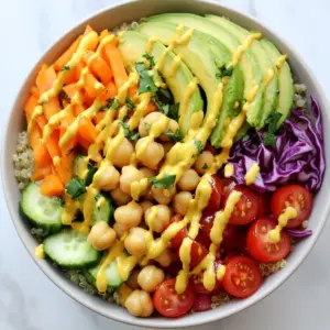 - 1 cup quinoa, rinsed and drained - 2 cups vegetable broth - 1 cup chickpeas, cooked and drained - 1 cup cherry tomatoes, halved - 1 cucumber, diced - 1 cup red cabbage, thinly sliced - 1 cup carrots, julienned - 1 avocado, sliced - 1/4 cup fresh cilantro, chopped - 1/4 cup tahini - 2 tablespoons lemon juice - 1 tablespoon maple syrup - Salt and pepper to taste The Rainbow Buddha Veggie Bowl is packed with nutrients. Quinoa gives you protein and fiber. Chickpeas add more protein and healthy carbs. Cherry tomatoes bring vitamins A and C. Cucumbers keep you hydrated. Red cabbage offers antioxidants. Carrots are full of beta-carotene. Avocado adds healthy fats, while cilantro gives a fresh taste. This bowl is not just colorful; it helps you feel good too! You can enjoy a balanced meal with protein, fats, and carbs. It is low in calories but high in vitamins and minerals. Eating this dish supports your health and keeps you full. {{ingredient_image_1}} - First, pour 2 cups of vegetable broth into a medium pot. - Bring the broth to a boil over medium heat. - Next, add 1 cup of rinsed quinoa to the pot. - Cover the pot and reduce the heat to low. - Cook for about 15 minutes until the quinoa is fluffy. - Once done, remove the pot from heat and let it sit covered for 5 minutes. - In a small bowl, mix together 1/4 cup tahini, 2 tablespoons lemon juice, 1 tablespoon maple syrup, salt, and pepper. - Whisk until everything is smooth and creamy. - If the dressing is too thick, add a little water to reach your desired consistency. - Start by spooning a generous amount of quinoa into each bowl. - Next, arrange the chickpeas, cherry tomatoes, cucumber, red cabbage, carrots, and avocado on top of the quinoa. - Make sure to place the veggies in sections for a colorful look. - Finally, drizzle the tahini dressing over the top and sprinkle with chopped cilantro. - Serve right away, or chill for up to an hour. Enjoy your fresh and vibrant meal! First, rinse your quinoa before cooking. This step removes bitter saponins. It also helps improve the texture. Use a fine mesh strainer for best results. Rinse it under cold water for about 2 minutes. To cook quinoa, bring vegetable broth to a boil. Add your rinsed quinoa and cover it. Lower the heat and let it simmer for about 15 minutes. Once the liquid is absorbed, remove it from heat. Let it sit covered for 5 minutes to steam. This makes the quinoa fluffy, not soggy. You can customize the tahini dressing to fit your taste. Start with the basic blend of tahini, lemon juice, maple syrup, salt, and pepper. If you want more flavor, add minced garlic or fresh herbs. Adjust the dressing's thickness by adding water little by little. Keep mixing until you reach your desired consistency. Pair your Rainbow Buddha Bowl with sides or proteins for a complete meal. Grilled chicken or tofu can add more protein. A slice of whole-grain bread also works well. You can even serve it with a fresh side salad. This bowl shines on its own but can be even tastier with these ideas. Enjoy your colorful and nutritious meal! Pro Tips Cook Quinoa Perfectly: Make sure to rinse the quinoa thoroughly before cooking to remove any bitterness from the saponins. This will ensure a deliciously nutty flavor. Customize Your Veggies: Feel free to swap in any of your favorite vegetables or whatever you have on hand. Bell peppers, kale, or sweet corn would work great! Make Ahead: You can prepare the quinoa and chop the vegetables ahead of time. Store them separately in the fridge for a quick and easy meal later. Adjust the Dressing: If you prefer a creamier dressing, add more tahini or a splash of olive oil. You can also experiment with different herbs for added flavor. {{image_2}} You can add protein to your Rainbow Buddha Veggie Bowl in many ways. Tofu is a great choice. It absorbs flavors well and is plant-based. Tempeh is another tasty option. It has a nutty flavor and is packed with protein. If you prefer meat, grilled chicken works nicely too. For plant-based alternatives, consider chickpeas, which are already in the bowl. They add protein and fiber. Edamame is another great choice. It brings a pop of color and extra nutrients. You can also use lentils or black beans for even more variety. Using seasonal vegetables can make your bowl fresher and tastier. In spring, add asparagus or radishes. In summer, try zucchini or bell peppers. Fall offers pumpkins and sweet potatoes. Winter brings hearty greens like kale or Swiss chard. Highlighting colorful veggies is key. Use orange carrots, red bell peppers, or purple eggplant. The more colors you add, the more nutrients you get. Each color provides different vitamins and minerals that keep you healthy. Grains are a great base for your Buddha bowl. Besides quinoa, you can use brown rice. It has a chewy texture and is filling. Farro is another option. It has a nutty taste and is high in fiber. If you want couscous, it cooks quickly and is light. For gluten-free grains, try millet or buckwheat. These options are healthy and add variety. Each grain has unique benefits, so feel free to mix and match! To keep your Rainbow Buddha Veggie Bowl fresh, use airtight containers. Glass or BPA-free plastic works well. Store each ingredient separately if you can. This helps maintain texture and flavor. For best taste, refrigerate your bowls right after making them. Avoid leaving them out for more than two hours to keep food safe. Prepare ingredients ahead of time for quick meals. Cook your quinoa and store it in the fridge. You can chop veggies like cucumbers, carrots, and red cabbage in advance too. Keep them in separate containers. When you're ready to eat, just assemble the bowls. This makes a great on-the-go meal. Your refrigerated Buddha bowls last about 3 to 4 days. If you want to freeze them, pack the quinoa and veggies separately. They freeze well for up to a month. Just remember to thaw them in the fridge overnight before eating. This keeps the flavors fresh and tasty. This bowl is packed with nutritious ingredients. Quinoa is high in protein and fiber. It helps keep you full and satisfied. Chickpeas add more protein and healthy carbs. They also contain fiber, which aids digestion. The colorful veggies bring a range of vitamins. Cherry tomatoes are rich in vitamin C and antioxidants. Cucumbers provide hydration and are low in calories. Red cabbage adds vitamin K and extra fiber. Carrots are great for your eyes due to their beta-carotene. Avocado gives you healthy fats that support heart health. This bowl is not just tasty; it's a powerhouse of nutrition! Yes, this recipe is already vegan! All the ingredients are plant-based. The tahini dressing adds creaminess without any animal products. If you want to add more flavor, try adding garlic or herbs to the dressing. These will enhance the taste while keeping it vegan. You can add extra protein or healthy fats to make it more filling. Consider mixing in tofu or tempeh. Both are great plant-based protein sources. You can also use nuts or seeds for a crunch and healthy fats. Try adding sunflower seeds or sliced almonds on top. These not only add texture but also boost the nutrition. This blog post showcased a simple way to make a Rainbow Buddha Veggie Bowl. You learned about the key ingredients, from quinoa to vibrant veggies and tasty tahini dressing. Each ingredient adds valuable nutrients, making this meal healthy and colorful. In closing, this bowl is not just food; it&rsquo;s a colorful way to nourish your body. Enjoy trying the tips and variations for your own twist. Embrace your creativity and make it your meal!