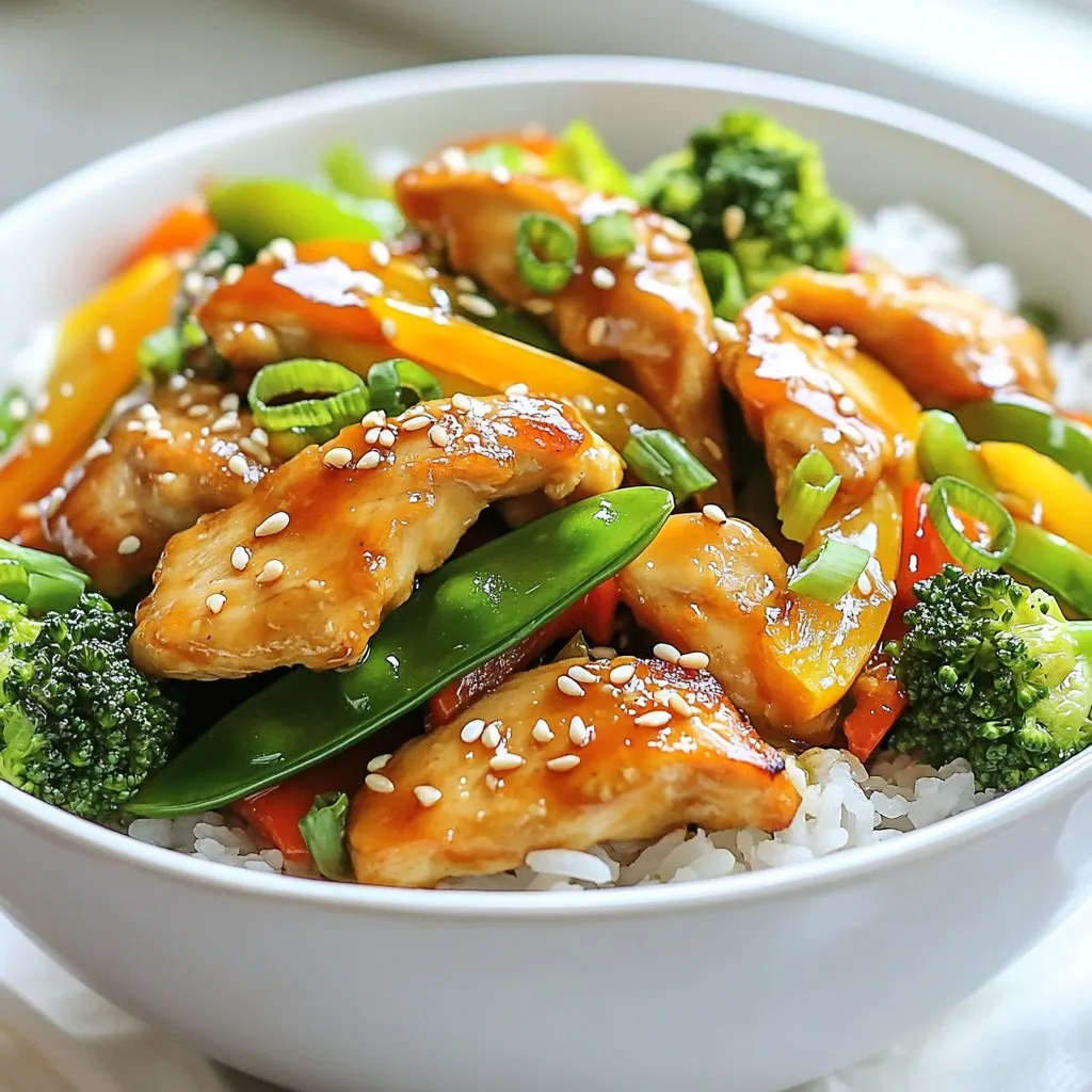 - 1 lb (450g) boneless, skinless chicken breasts, sliced thin - 2 tablespoons honey - 3 tablespoons soy sauce - 1 bell pepper (any color), sliced - 1 cup broccoli florets - 1 cup snap peas To make a tasty Minute Honey Garlic Chicken Stir-Fry, you need fresh and quality ingredients. The chicken breasts should be boneless and skinless. This makes them easy to cook and tender. Honey and soy sauce play a big role in the flavor. They create a sweet and savory sauce that coats the chicken and veggies. Fresh vegetables add color and crunch. I love using bell peppers, broccoli, and snap peas. They not only taste great but also keep the dish nutritious. You can choose any bell pepper color, as they all add a nice touch. - 4 cloves garlic, minced - 1 tablespoon ginger, grated - 2 tablespoons vegetable oil - 1 teaspoon sesame oil - Salt and pepper to taste - Sesame seeds for garnish - Chopped green onions for garnish Seasonings are crucial for bringing out flavors. Minced garlic and grated ginger add warmth and depth. The garlic gives a rich aroma, while ginger adds a touch of spice. Using vegetable oil helps the chicken cook evenly. After cooking, a drizzle of sesame oil adds a nutty flavor that ties everything together. Don’t forget to sprinkle sesame seeds and green onions on top. They add a lovely crunch and a fresh finish. Enjoy cooking this easy stir-fry that brings joy to your table! {{ingredient_image_1}} Start by making the sauce. In a small bowl, whisk together: - 2 tablespoons honey - 3 tablespoons soy sauce - 4 cloves garlic, minced - 1 tablespoon ginger, grated Whisk until the mixture is smooth. This sauce gives your chicken a sweet and tasty kick. Next, heat 2 tablespoons of vegetable oil in a large skillet or wok. Set the heat to medium-high. Add 1 pound of sliced chicken. Season with salt and pepper. Cook the chicken for about 4-5 minutes. Stir it often until it turns golden brown and is fully cooked. Once the chicken is ready, it’s time for the veggies. Add in: - 1 bell pepper, sliced - 1 cup broccoli florets - 1 cup snap peas Stir-fry these for 2-3 minutes. This keeps them tender-crisp. You want bright colors and a nice crunch. Now, pour the honey garlic sauce over the chicken and veggies. Stir well to coat everything. Cook for one more minute. This lets the sauce bubble and thicken. Finally, drizzle 1 teaspoon of sesame oil over the stir-fry. Toss it again to combine. Your dish is now ready to serve! To ensure your chicken is cooked through, slice it thinly. This helps it cook fast and evenly. Cook the chicken until it is golden and no longer pink inside. Use a meat thermometer to check for 165°F (75°C). This keeps your meal safe and tasty. For tender-crisp vegetables, add them to the skillet at the right time. Add them after the chicken is cooked. Stir-fry them for just 2-3 minutes. This keeps them bright and crunchy. Don’t overcook; you want them vibrant and fresh. You can add spices to boost the flavor. A pinch of red pepper flakes gives a nice kick. Try adding a splash of rice vinegar for some tanginess. These small changes can make a big difference! Think about adding other ingredients too. Sliced carrots, baby corn, or water chestnuts work great. You can even toss in some nuts for extra crunch. This allows you to mix and match based on what you have. Pro Tips Prep Ingredients Ahead: Having all your ingredients prepped and ready to go will make the cooking process smoother and quicker. High Heat is Key: Stir-frying requires high heat to achieve that perfect char on the chicken and vegetables, so make sure your skillet is hot before adding ingredients. Customize Your Veggies: Feel free to swap in your favorite vegetables or whatever you have on hand, like carrots, zucchini, or mushrooms. Serve Immediately: Stir-fries are best enjoyed fresh from the pan while the vegetables are still crunchy and vibrant. {{image_2}} If you want to switch things up, you can use different proteins. Tofu is a great choice for a plant-based option. It absorbs flavors well and adds protein. If you prefer seafood, shrimp cooks quickly and pairs nicely with the honey garlic sauce. For beef lovers, thinly sliced beef works too. Just cook it until it’s brown and tender. Feel free to mix in other veggies. Carrots, zucchini, or mushrooms can add new flavors and colors. Seasonal veggies like asparagus in spring or squash in fall can also work well. Use what you have on hand or what’s fresh at the market. This keeps the dish exciting and fresh every time you make it. To make this dish gluten-free, just swap soy sauce for tamari. Tamari has a similar taste and works perfectly in this recipe. For those looking to cut back on sugar, you can reduce the honey. Use just one tablespoon or try a sugar substitute. Adjusting the sweetness gives you control while keeping the dish delicious. After enjoying your Minute Honey Garlic Chicken Stir-Fry, you may have some leftovers. To keep them fresh, store them in an airtight container. Refrigerate the dish within two hours of cooking. This helps prevent bacteria growth. You can keep it in the fridge for up to three days. If you want to save it longer, consider freezing it. When it’s time to eat your leftovers, reheating is key. You can use a few methods. The best way is to heat it on the stove. Just add the stir-fry to a skillet over medium heat. Stir it often until it’s warm. You can also use the microwave. Put the stir-fry in a microwave-safe bowl and cover it. Heat for 1-2 minutes, stirring halfway through. Make sure it’s hot all the way through before serving. Enjoy your tasty meal again! It takes about 20 minutes to make this dish. You spend 10 minutes prepping and 10 minutes cooking. This quick time makes it perfect for busy nights. You can enjoy a tasty meal in no time. Yes, you can use frozen chicken and veggies. Just make sure to thaw them first. Frozen items might take a bit longer to cook. Make sure everything is cooked through before serving. This stir-fry pairs well with jasmine rice or noodles. You can also add a side of fresh salad. Both options complement the flavors in the dish nicely. Yes, this recipe is great for meal prep. You can cook a big batch and store it. Keep it in airtight containers for up to four days. Just reheat when ready to eat. Absolutely! You can mix the sauce and store it in the fridge. It stays fresh for up to a week. This way, you save time on cooking days! This blog post covered how to make a flavorful Honey Garlic Chicken Stir-Fry. We explored key ingredients, like tender chicken, honey, soy sauce, and fresh veggies. I shared tips for cooking the chicken right and ensuring your vegetables stay crisp. You also learned about protein and veggie swaps for variety. For an easy meal, remember to store leftovers properly. With these tips, you can enjoy this dish anytime. Happy cooking!