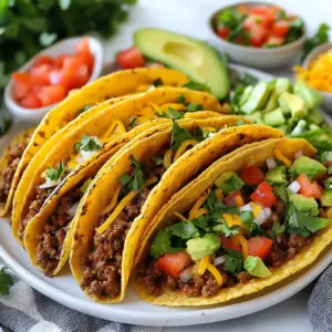 - 1 lb ground beef - 1 can (15 oz) black beans, drained and rinsed - 1 cup corn kernels (fresh or frozen) The main ingredients are simple and packed with flavor. Ground beef gives a rich taste. Black beans add protein and fiber. Corn kernels bring sweetness and texture to the mix. - 1 tablespoon chili powder - 1 teaspoon cumin - 1 teaspoon paprika - ½ teaspoon salt - ½ teaspoon black pepper Seasoning is key for delicious tacos. Chili powder adds warmth and depth. Cumin lends a warm, earthy flavor. Paprika brings a sweet touch. Salt and pepper enhance all the flavors. - 12 small corn tortillas - Optional toppings: diced tomatoes, shredded lettuce, sour cream, avocado slices Corn tortillas are perfect for crispy shells. They hold the filling well and add crunch. Toppings let you personalize your tacos. Use diced tomatoes for freshness. Add shredded lettuce for crunch. Sour cream and avocado add creaminess. {{ingredient_image_1}} - Preheat the oven: Start by setting your oven to 400°F (200°C). This step is key for crispy tacos. - Cook the beef and onions: In a large skillet, heat over medium. Add 1 pound of ground beef and 1 small chopped onion. Cook for about 5-7 minutes. The beef should turn brown and the onion should get soft. If there's extra grease, drain it off. - Season the beef: Next, stir in 2 minced cloves of garlic, 1 tablespoon of chili powder, 1 teaspoon of cumin, 1 teaspoon of paprika, ½ teaspoon of salt, and ½ teaspoon of black pepper. Cook for 2 more minutes. This will bring out the smell of the spices. - Mix in beans and corn: Now, add 1 can of black beans (drained and rinsed) and 1 cup of corn. Mix everything well. Cook for another 3-5 minutes to heat it through. Then, turn off the heat. - Create the taco shells: Lightly spray each of the 12 corn tortillas on both sides with cooking spray. Place them in a muffin tin or taco holder. Shape them into a U-form to make taco shells. - Fill and bake the tacos: Spoon the beef mixture into each tortilla shell. Top with 1 cup of shredded cheddar cheese. Place the muffin tin in the oven and bake for 10-12 minutes. The tortillas will get crispy and the cheese will melt. Serve these tasty tacos with your favorite toppings, like diced tomatoes, shredded lettuce, or avocado slices. Enjoy your crispy baked ground beef tacos! To get crispy taco shells, you want to spray your tortillas well. Hold the cooking spray about 6 inches from the tortilla. Make sure to coat both sides evenly. This helps them crisp up nicely in the oven. Using a muffin tin is a smart way to shape your tacos. Just lay the sprayed tortillas in the cups of the tin. This keeps them upright and helps them hold their shape. You can also use a taco holder if you have one. Both methods work great! Spices can make a big difference. You can add more chili powder or even some cayenne for heat. If you like it mild, stick to the recipe. Fresh herbs can brighten up your tacos. Try adding chopped cilantro or green onions as a garnish. They add color and extra flavor. You can even squeeze fresh lime juice on top for a zesty kick! Pro Tips Use Lean Ground Beef: Opt for lean ground beef (at least 80% lean) to reduce grease in your tacos, ensuring a crispy shell without excess fat. Customize Your Spices: Feel free to adjust the spices according to your taste. Add more chili powder for heat or some oregano for a unique flavor twist. Make Ahead: Prepare the beef mixture in advance and store it in the refrigerator. This makes assembly quick and easy on busy nights. Crispier Shells: For extra crispy shells, bake the tortilla cups for a few minutes before adding the filling and cheese. {{image_2}} You can switch things up by using different proteins. Ground turkey or chicken works great. These options are leaner and still pack flavor. If you want a meat-free meal, try lentils. They cook fast and blend well with spices. Both choices keep your tacos tasty and healthy. Spice lovers can add jalapeños for a kick. Just chop them finely and mix them in with the beef. You can also use pepper jack cheese instead of cheddar. It adds a nice, creamy heat to each bite. These small tweaks can make your tacos stand out. Feel free to explore and find the flavors you love! To keep your crispy baked ground beef tacos fresh, store them right. First, let the tacos cool to room temperature. Then, place them in an airtight container. This helps keep the flavor and moisture in. You can store them in the fridge for up to three days. If you want to save them longer, freezing is an option. For the filling, transfer it to a freezer-safe bag. Squeeze out the air and seal it tightly. You can freeze the filling for up to three months. For the shells, you can freeze them separately, too. Just make sure they are fully cooled before you freeze. When it's time to enjoy your tacos again, reheating is key. To keep the shells crispy, the oven is your best friend. Preheat your oven to 350°F (175°C). Place the tacos on a baking sheet. Bake them for about 10-12 minutes. This will help the shells crisp up again. If you want to reheat the filling, use a skillet. Heat it over medium heat and stir until it's hot. This usually takes about 5 minutes. You can also add a splash of water to keep it moist. Just be careful not to overcook it. Enjoy your leftovers just like the first time! To make tacos crispy, you can use a few simple techniques. First, lightly spray each tortilla with cooking spray on both sides. This step helps the tortillas crisp up nicely when baked. Next, shape the tortillas into U-shapes by placing them in a muffin tin or taco holder. The tin keeps them upright, allowing for even baking. Bake them in the oven at 400°F (200°C) for about 10-12 minutes. The result is a delicious crunch. Yes, you can use flour tortillas instead of corn. However, there are some key differences. Corn tortillas are thinner and crisp up better, while flour tortillas are softer and chewier. If you choose flour tortillas, bake them for a bit longer to achieve the right crispness. You may also want to use a bit more cooking spray to help them get crispy. Toppings can really enhance your taco experience. Popular options include diced tomatoes, shredded lettuce, and sour cream. You can also add avocado slices for creaminess. Feel free to customize your toppings based on what you like. Consider adding fresh cilantro or jalapeños for extra flavor. The choice is yours! In this post, we explored how to make delicious tacos with ground beef, beans, and corn. We covered the best spices to use and how to create crispy shells. You learned tips for flavor enhancements and alternative protein options. Finally, we shared how to store leftovers and reheat them for the best taste. Enjoy making these tasty tacos and customize them as you like. Cooking can be fun, and these easy steps help you enjoy every bite!