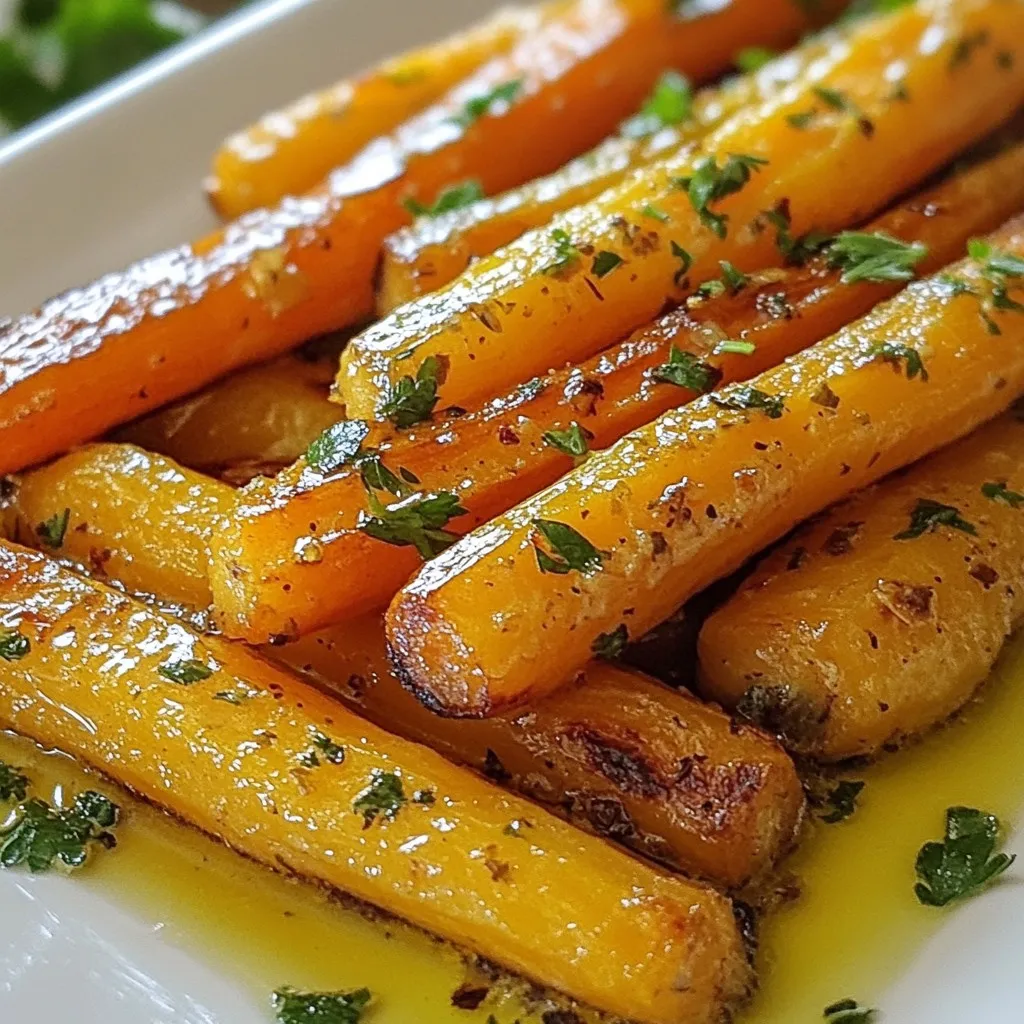 - 1 lb baby carrots (or regular carrots, peeled and cut into sticks) - 4 cloves garlic, minced - 2 tablespoons olive oil - 1 tablespoon fresh rosemary, chopped - 1 tablespoon fresh thyme, chopped - 1 teaspoon honey (optional for sweetness) - Salt and pepper to taste - Fresh parsley, chopped for garnish - Quantity of Each Ingredient: For this dish, use 1 pound of baby carrots or regular carrots. The garlic should be 4 cloves, and you’ll need 2 tablespoons of olive oil. Use 1 tablespoon each of fresh rosemary and thyme. Hints of sweetness come from 1 teaspoon of honey, which is optional. Season with salt and pepper to your taste. Lastly, garnish with fresh parsley for a pop of color. - Notes on Ingredient Substitutions: If you can’t find baby carrots, regular carrots work just fine. Just peel and cut them into sticks. For herbs, feel free to swap rosemary and thyme with other fresh herbs like dill or basil. If you want a vegan option, skip the honey or use agave syrup instead. {{ingredient_image_1}} - Recommended Temperature: Preheat your oven to 425°F (220°C). This high heat helps caramelize the carrots. - Importance of Preheating: Preheating makes sure the carrots roast evenly. It also enhances their flavor. - Instructions for Peeling and Cutting: If you use regular carrots, peel them first. Cut them into sticks about the same size as baby carrots. This ensures even cooking. - Mixing Ingredients in a Bowl: In a large bowl, mix the carrots, minced garlic, olive oil, chopped rosemary, and thyme. If you want a touch of sweetness, add honey. Season with salt and pepper. Toss until the carrots are well-coated. - Spreading Carrots on Baking Sheet: Line a baking sheet with parchment paper. Spread the carrots in a single layer. This helps them roast, not steam. - Cooking Time and Stirring Tips: Roast for 25-30 minutes. Stir the carrots halfway through to ensure even roasting. They should be tender and caramelized when done. Adjust seasoning if needed. Enjoy the rich flavor! Adjusting Seasoning Start with salt and pepper. These simple seasonings enhance the natural carrot taste. After roasting, taste the carrots. If they need more flavor, add a sprinkle of salt or pepper. Don't be shy about adjusting! Recommended Herbs for Flavor Enhancement I love using fresh herbs. Rosemary and thyme work great here. They bring a warm, earthy flavor. You can also try dill or oregano for something different. Try mixing different herbs to find your favorite blend. Tips for Caramelization Caramelization gives carrots a sweet, rich flavor. To achieve this, roast them at 425°F (220°C). This high heat helps them brown nicely. Make sure to spread them out on the baking sheet. Crowding the carrots can cause steaming instead of roasting. Best Practices for Even Roasting Stir the carrots halfway through cooking. This ensures they roast evenly. It also helps to flip them for a lovely golden color. Use a large baking sheet for better air flow. This way, every carrot gets that perfect roast! Garnishing Ideas Finish your dish with fresh parsley. It adds a nice pop of color and freshness. You can also sprinkle some feta cheese for a creamy touch. A squeeze of lemon juice brightens the flavors, too. Pairing with Other Dishes Garlic herb roasted carrots pair well with many meals. They go great with roasted chicken or grilled fish. Try them alongside a hearty grain salad for a full meal. The flavors mingle nicely, creating a delicious plate. Pro Tips Use Fresh Herbs: Fresh rosemary and thyme elevate the flavor of the carrots significantly compared to dried herbs. Customize Sweetness: Adjust the amount of honey to your taste; more honey will give a sweeter caramelization. Even Roasting: Stir the carrots halfway through roasting to ensure even cooking and caramelization on all sides. Garnish for Freshness: Adding fresh parsley at the end brightens up the dish and adds a pop of color. {{image_2}} You can switch up the carrots in this dish. Try using parsnips, sweet potatoes, or bell peppers. Each vegetable brings its own flavor and texture. For seasonal options, think about using squash in fall or asparagus in spring. These choices keep your meals fresh and fun. To add more excitement, think about spices. A pinch of cumin or paprika can give your carrots a warm kick. If you love heat, try adding red pepper flakes. You can also swap out honey for maple syrup or agave nectar. Each sweetener changes the taste just a bit. Experiment to find what you like best. If you want this dish vegan, skip the honey or use a vegan sweetener. It stays tasty without losing flavor. For allergy-friendly options, ensure you choose oils and herbs that fit your needs. Always check labels for hidden allergens. These small changes help everyone enjoy this dish. After enjoying your garlic herb roasted carrots, store leftovers properly. The best containers for storage are glass or plastic airtight containers. These keep the carrots fresh and tasty. You want to avoid using metal containers, as they can alter the flavor. Keep your cooked carrots in the fridge for about 3 to 5 days. If you want to store them longer, consider freezing. Just remember to place them in a freezer-safe container. This way, you can enjoy them later. To reheat your carrots, use the oven or microwave. For the oven, preheat it to 350°F (175°C). Place the carrots on a baking sheet and heat for about 10-15 minutes. This method helps keep the texture crisp and the flavor intact. If you use a microwave, place the carrots in a bowl. Cover the bowl with a microwave-safe lid or wrap. Heat in short bursts of 30 seconds, stirring in between. This method is quick but may soften the carrots more than the oven method. For both methods, add a little olive oil or a sprinkle of fresh herbs before reheating. This keeps the dish flavorful and fresh. Yes, you can use frozen carrots. Just remember that frozen carrots often have extra water. To keep them from becoming mushy, thaw the carrots first. Drain any excess water before mixing them with the olive oil and herbs. This way, you will get a nice roast. You can tell when the carrots are done by looking for a few signs. First, the carrots should be tender. You can check this by poking them with a fork. They should slide off easily. Second, look for a nice caramel color on the outside. This adds flavor and makes them look great. Yes, you can make this dish ahead of time. If you want to meal prep, roast the carrots and let them cool. Store them in an airtight container in the fridge. They will stay fresh for about three to four days. When you are ready to eat, just reheat them in the oven or microwave. Roasting carrots is simple and rewarding. We covered the best ingredients and measurements. I shared easy step-by-step instructions for roasting. You learned helpful tips for flavor and texture. The variations open up many fun ideas. Proper storage keeps your leftovers fresh and tasty. Try your favorite method to make these carrots shine. Enjoy delicious carrots that anyone can love.