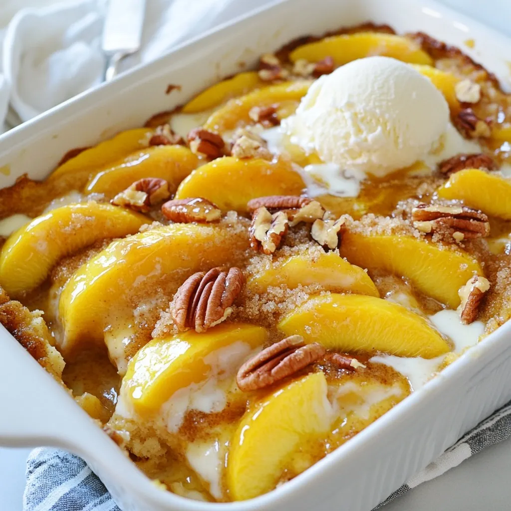 To make this delightful peach cobbler dump cake, gather these key items: - 2 cans (15 oz each) sliced peaches in syrup, drained - 1 box (15.25 oz) yellow cake mix - 1/2 cup unsalted butter, melted - 1/2 teaspoon cinnamon - 1/4 teaspoon nutmeg - 1 cup brown sugar These ingredients create the sweet and rich base for our recipe. The peaches add juiciness and flavor, while the cake mix gives it a nice texture. The spices bring warmth to every bite. You can enhance your dump cake with these optional ingredients: - 1 cup chopped pecans or walnuts Adding nuts gives a nice crunch and depth of flavor. You can mix them in with the cake or sprinkle them on top for added texture. For the perfect finish, consider these tasty toppings: - Vanilla ice cream - Whipped cream These toppings add creaminess that pairs well with the warm cake. The cold ice cream or fluffy whipped cream contrasts nicely with the hot dessert. Enjoying this cake with a scoop of vanilla ice cream makes it a true treat. {{ingredient_image_1}} To start, gather your ingredients. You will need two cans of sliced peaches, a box of yellow cake mix, and some butter. If you want extra flavor, grab cinnamon, nutmeg, and brown sugar. You might also like to add chopped pecans or walnuts. 1. Preheat your oven to 350°F (175°C). 2. Take a 9x13 inch baking dish. Spread the drained peaches evenly across the bottom. 3. Sprinkle cinnamon and nutmeg over the peaches. This adds a nice warm flavor. 4. Pour the yellow cake mix evenly over the peaches. Make sure it covers all the peaches well. 5. Drizzle the melted butter over the cake mix. Let some areas soak, but keep the top mostly dry for a crisp finish. 6. Finally, sprinkle the brown sugar on top. If you want, add chopped nuts for crunch. Now, place the baking dish in the preheated oven. Bake for 45-50 minutes. The cake should turn golden brown, and the edges will be bubbly. Keep an eye on it to avoid burning. Once done, take it out and let it cool for about 10 minutes. Serve it warm. For a special treat, add a scoop of vanilla ice cream or a dollop of whipped cream on top. This makes the dessert feel extra special! To make your Peach Cobbler Dump Cake even better, try adding a pinch of salt. This small step can bring out the sweetness of the peaches. You can also mix in some vanilla extract into the melted butter for a richer taste. If you love spice, consider adding more cinnamon or a dash of ginger. Chopping the pecans or walnuts adds a nice crunch, but toasting them first will deepen their flavor. One common mistake is pouring the melted butter too evenly over the cake mix. You want some dry cake mix on top. This helps create that crispy layer we all love. Also, don’t skip draining the peaches. If you leave too much syrup, the cake may become soggy. Lastly, avoid opening the oven door too soon. This can lead to uneven baking and a flat top. For a perfect dump cake, use a good quality cake mix. Not all mixes are the same. Some have more flavor and texture. Make sure to check your oven temperature with a thermometer. Oven temps can vary, affecting your bake time. Finally, let it cool for about 10 minutes after baking. This helps set the cake and makes it easier to serve. Enjoy with a scoop of vanilla ice cream for a delightful treat! Pro Tips Use Fresh Peaches: For an extra burst of flavor, consider using fresh peaches in season instead of canned. Just slice and prepare them similarly. Mix it Up: Experiment with different cake mixes, like spice or chocolate, to give your dump cake a unique twist! Storage Tip: Keep leftover dump cake in an airtight container in the fridge for up to 3 days. Reheat before serving for the best taste. Serving Suggestions: Top with a drizzle of caramel sauce or a sprinkle of powdered sugar for added sweetness and presentation. {{image_2}} You can change the fruit in this dump cake. Try using sliced apples, pears, or berries. Each fruit gives a new taste. For example, blueberries add a sweet burst. Cherries bring a nice tartness. Choose fruits you love for a personal touch. You can make this dessert gluten-free. Use a gluten-free cake mix instead of yellow cake mix. For dairy-free, swap the butter with coconut oil or a dairy-free spread. This way, everyone can enjoy the cake without worry. You don't have to stick with yellow cake mix. Chocolate cake mix creates a rich twist. Spice cake mix works great for a warm flavor. Even lemon cake mix adds a bright note. Feel free to experiment with different mixes for fun flavors. To store leftovers of your peach cobbler dump cake, let it cool first. Place any uneaten cake in an airtight container. Keep it in the fridge. It will last about 3 to 5 days. Make sure to cover it well to avoid drying out. You can also wrap it in plastic wrap. If you want to freeze the dump cake, it’s easy! Cut it into portions first. Wrap each piece tightly in plastic wrap. Then, place them in a freezer bag. Label the bag with the date. Your cake will stay fresh for up to 3 months. When you’re ready to enjoy, just thaw it in the fridge overnight. To reheat your peach cobbler dump cake, preheat your oven to 350°F (175°C). Place a piece in an oven-safe dish. Cover it with foil to keep it moist. Heat for about 15-20 minutes. If you want it warm fast, you can use the microwave. Heat for 30 seconds to a minute, checking often. Enjoy it warm for the best taste! Yes, you can use fresh peaches! Just peel and slice about six ripe peaches. You will want enough to equal about 30 ounces. Toss the fresh slices with a little sugar to help release their juices. This will make your dump cake even more delicious. Fresh peaches add a lovely texture and flavor. Check the dump cake after 45 minutes. The top should be golden brown, and the edges should be bubbly. You can also insert a toothpick in the center. If it comes out clean, your cake is ready. Let it rest for about 10 minutes before serving. Serving suggestions are fun! Vanilla ice cream is a classic choice. It melts beautifully on warm cake. You can also use whipped cream for a light touch. For extra crunch, try adding chopped pecans or walnuts on top. Enjoy your dessert with a side of joy! Peach Cobbler Dump Cake is easy to make and full of flavor. We covered ingredients, step-by-step instructions, and helpful tips. You learned about variations, storage, and common questions. Remember, use fresh or canned peaches for the best results. Keep these tips in mind for the ideal dessert. Enjoy this simple treat with family or friends, and share your creations!