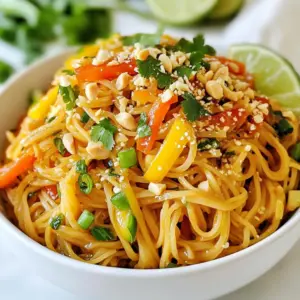 The key to making Spicy Thai Peanut Noodles lies in the ingredients. Here&rsquo;s what you need: - 8 oz rice noodles - 1 cup creamy peanut butter - 2 tablespoons soy sauce - 2 tablespoons lime juice - 2 tablespoons honey or maple syrup - 1 tablespoon chili garlic sauce - 1 tablespoon sesame oil - 1 cup shredded carrots - 1 cup bell pepper, thinly sliced - 1/2 cup green onions, chopped - 1/4 cup chopped fresh cilantro - Crushed peanuts for garnish - Lime wedges for serving Each ingredient adds flavor and texture. The rice noodles serve as a soft base. Creamy peanut butter gives a rich and nutty taste. Soy sauce adds a hint of salt. Lime juice brightens the dish with a zing. Honey or maple syrup adds sweetness. Chili garlic sauce brings heat. Sesame oil adds depth and nuttiness. The veggies not only add color but also crunch. Shredded carrots and sliced bell pepper balance the rich sauce. Green onions bring freshness. Fresh cilantro is a must for a burst of herb flavor. Finally, crushed peanuts give a delightful crunch. They make every bite exciting! Get ready to cook with these tasty ingredients. They will help you create a dish that is both flavorful and quick! {{ingredient_image_1}} Start by boiling water in a large pot. Add the rice noodles and cook them as per the package instructions, usually about 4-6 minutes. Make sure to stir them gently. Once they are soft, drain the noodles in a colander. Rinse them under cold water to stop the cooking. Set the noodles aside in a large mixing bowl. In a medium bowl, add creamy peanut butter. Pour in soy sauce, lime juice, and honey or maple syrup. Add chili garlic sauce for spice and sesame oil for flavor. Use a whisk to mix everything until it is smooth. If the sauce feels too thick, add a bit of water to thin it out. This sauce will really make the dish pop! Now it's time to bring the noodles and sauce together. Pour the peanut sauce over the cooked rice noodles. Use tongs or a fork to toss the noodles until they are fully coated in sauce. Make sure every bite has that yummy flavor. Next, add the shredded carrots, sliced bell pepper, and chopped green onions to the bowl. Gently toss everything together. This adds nice color and crunch! For a finishing touch, sprinkle chopped fresh cilantro and crushed peanuts on top. You can also add lime wedges for extra zest. Serve the spicy Thai peanut noodles in bowls. You can enjoy them warm or at room temperature. They make a great lunch or dinner. Consider pairing them with grilled chicken or shrimp for added protein. These noodles are sure to impress! Start with one tablespoon of chili garlic sauce. This gives a good kick. If you like it hotter, add more sauce. You can also use fresh chilies. Slice them thin and mix them in. For a milder taste, reduce the sauce. Adding more peanut butter helps tone down the heat too. Adding fresh herbs boosts flavor. Try basil or mint for a twist. You can also toss in some chopped peanuts for crunch. A sprinkle of sesame seeds adds nuttiness. If you want more tang, add a splash of rice vinegar. These small changes can make the dish even better. Rinse the cooked rice noodles in cold water. This stops them from cooking further. Toss them with a bit of sesame oil right after draining. This keeps them separate and adds flavor. Stir them gently to avoid breaking. Keep them in a bowl with a lid until you&rsquo;re ready to serve. Pro Tips Adjusting Spice Level: If you prefer a milder dish, start with less chili garlic sauce and gradually add more until it reaches your desired heat. Perfecting the Peanut Sauce: For a smoother sauce, ensure your peanut butter is at room temperature. You can also blend the sauce for an even creamier texture. Adding Protein: Consider adding grilled chicken, shrimp, or tofu for a heartier meal. Simply toss them in with the noodles and veggies. Fresh Herbs for Flavor: Fresh cilantro adds a burst of flavor, but feel free to substitute or add fresh mint or basil for a different twist. {{image_2}} You can boost your Spicy Thai Peanut Noodles with tasty proteins. Chicken is a popular choice. Grill or stir-fry thin slices of chicken breast. Mix them in after you add the veggies. Tofu is great too. Use firm tofu, cut it into cubes, and pan-fry until golden. This adds texture and flavor. Shrimp also works well. Cook the shrimp until pink and toss them into the mix. Each protein option offers a unique taste. To keep this dish vegan, swap honey for maple syrup or agave nectar. This keeps it sweet without animal products. For gluten-free, use tamari instead of soy sauce. It gives the same rich flavor without gluten. You can also find rice noodles that are certified gluten-free. Enjoy this dish worry-free while still tasting amazing! Get creative with your veggies! You can add snap peas for crunch or broccoli for a healthy boost. Baby corn adds a fun texture, and snow peas give a nice sweet taste. You could even try zucchini or mushrooms for something different. The more colors you add, the prettier your dish looks. Mix and match your favorites to suit your taste. You can store leftover spicy Thai peanut noodles in an airtight container. Keep them in the fridge for 3 to 5 days. Make sure the noodles are cool before sealing the container. If you want to keep them fresh, avoid adding garnishes like peanuts and cilantro until you serve. If you want to freeze the noodles, pack them in a freezer-safe container. They can last up to 2 months in the freezer. However, the veggies may lose some crunch. To keep the best flavor, freeze the sauce separately if possible. Thaw the noodles in the fridge before reheating. To reheat, you can use a microwave or a pan on the stove. If using a microwave, heat in short bursts. Stir in between to ensure even heating. If using the stove, add a splash of water or oil in the pan to prevent sticking. Heat until warm, then add back any garnishes. Enjoy your delicious noodles again! To make Spicy Thai Peanut Noodles less spicy, you can adjust the chili garlic sauce. Start with less than one tablespoon. You can also add more peanut butter to balance the heat. Adding a bit of honey or maple syrup helps too. If you want, include more veggies like carrots or bell peppers to dilute the spice. Yes, you can prepare this dish in advance. Cook the noodles and store them in the fridge. Make the sauce and keep it separate. Mix them together just before serving. This keeps the noodles nice and fresh. You can also chop the veggies ahead of time for easy assembly later. Spicy Thai Peanut Noodles pair well with many side dishes. Consider serving with a simple cucumber salad. A light green salad with lime dressing is also great. You can serve spring rolls or dumplings on the side for a fun addition. These sides balance the meal and add fresh flavors. Yes, you can use different types of noodles. Rice noodles work well, but you can try wheat noodles or soba noodles too. Just make sure to adjust the cooking time. Each noodle type brings its own texture and taste to the dish. Explore different options to find your favorite! In this blog post, we explored how to make a tasty dish of Spicy Thai Peanut Noodles. We covered the key ingredients and how to cook noodles and make the peanut sauce. I shared tips for adjusting spice levels and added protein or veggies for variety. In the end, this dish is simple and fun. You can store it for later or share it with friends. Enjoy making this meal your own!