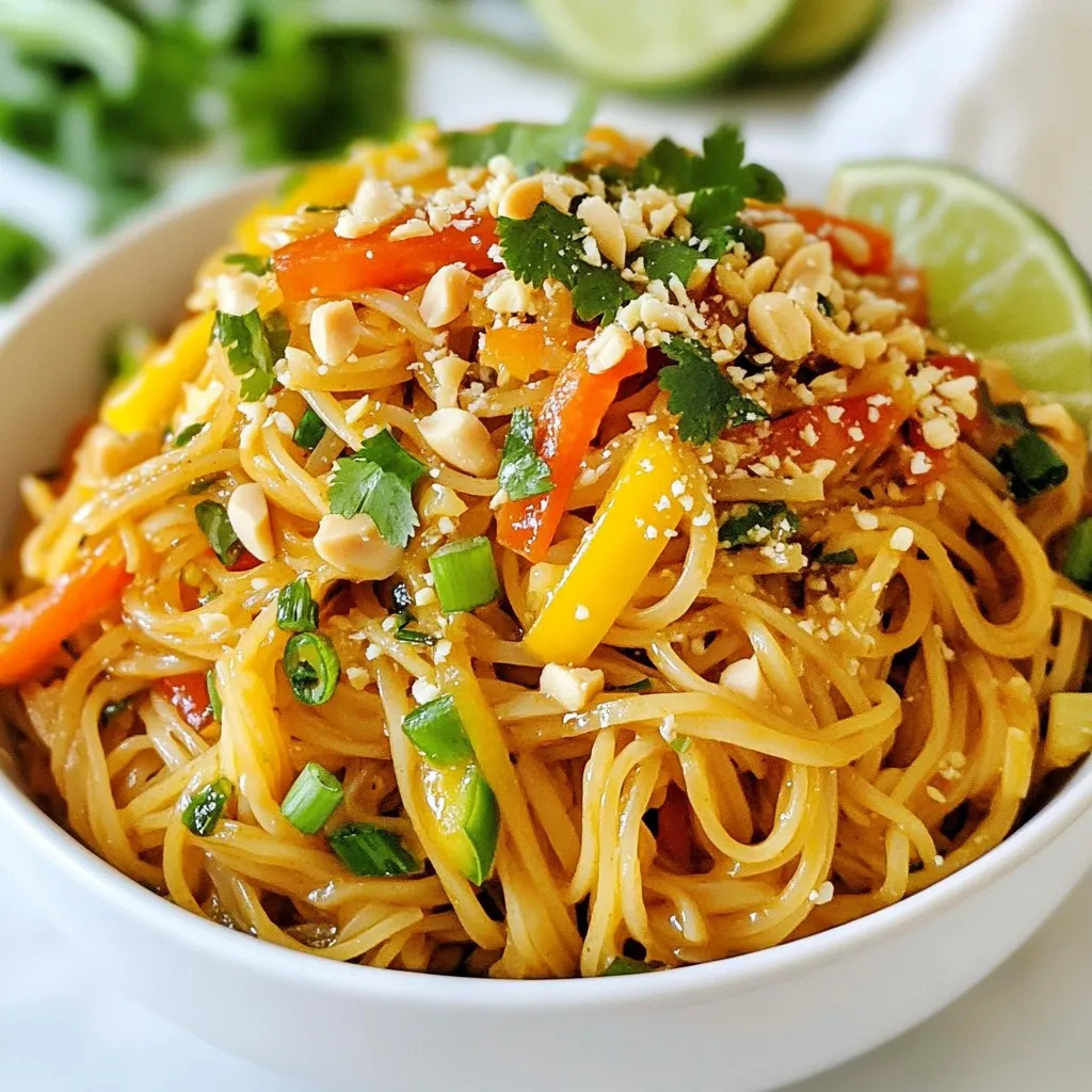The key to making Spicy Thai Peanut Noodles lies in the ingredients. Here’s what you need: - 8 oz rice noodles - 1 cup creamy peanut butter - 2 tablespoons soy sauce - 2 tablespoons lime juice - 2 tablespoons honey or maple syrup - 1 tablespoon chili garlic sauce - 1 tablespoon sesame oil - 1 cup shredded carrots - 1 cup bell pepper, thinly sliced - 1/2 cup green onions, chopped - 1/4 cup chopped fresh cilantro - Crushed peanuts for garnish - Lime wedges for serving Each ingredient adds flavor and texture. The rice noodles serve as a soft base. Creamy peanut butter gives a rich and nutty taste. Soy sauce adds a hint of salt. Lime juice brightens the dish with a zing. Honey or maple syrup adds sweetness. Chili garlic sauce brings heat. Sesame oil adds depth and nuttiness. The veggies not only add color but also crunch. Shredded carrots and sliced bell pepper balance the rich sauce. Green onions bring freshness. Fresh cilantro is a must for a burst of herb flavor. Finally, crushed peanuts give a delightful crunch. They make every bite exciting! Get ready to cook with these tasty ingredients. They will help you create a dish that is both flavorful and quick! {{ingredient_image_1}} Start by boiling water in a large pot. Add the rice noodles and cook them as per the package instructions, usually about 4-6 minutes. Make sure to stir them gently. Once they are soft, drain the noodles in a colander. Rinse them under cold water to stop the cooking. Set the noodles aside in a large mixing bowl. In a medium bowl, add creamy peanut butter. Pour in soy sauce, lime juice, and honey or maple syrup. Add chili garlic sauce for spice and sesame oil for flavor. Use a whisk to mix everything until it is smooth. If the sauce feels too thick, add a bit of water to thin it out. This sauce will really make the dish pop! Now it's time to bring the noodles and sauce together. Pour the peanut sauce over the cooked rice noodles. Use tongs or a fork to toss the noodles until they are fully coated in sauce. Make sure every bite has that yummy flavor. Next, add the shredded carrots, sliced bell pepper, and chopped green onions to the bowl. Gently toss everything together. This adds nice color and crunch! For a finishing touch, sprinkle chopped fresh cilantro and crushed peanuts on top. You can also add lime wedges for extra zest. Serve the spicy Thai peanut noodles in bowls. You can enjoy them warm or at room temperature. They make a great lunch or dinner. Consider pairing them with grilled chicken or shrimp for added protein. These noodles are sure to impress! Start with one tablespoon of chili garlic sauce. This gives a good kick. If you like it hotter, add more sauce. You can also use fresh chilies. Slice them thin and mix them in. For a milder taste, reduce the sauce. Adding more peanut butter helps tone down the heat too. Adding fresh herbs boosts flavor. Try basil or mint for a twist. You can also toss in some chopped peanuts for crunch. A sprinkle of sesame seeds adds nuttiness. If you want more tang, add a splash of rice vinegar. These small changes can make the dish even better. Rinse the cooked rice noodles in cold water. This stops them from cooking further. Toss them with a bit of sesame oil right after draining. This keeps them separate and adds flavor. Stir them gently to avoid breaking. Keep them in a bowl with a lid until you’re ready to serve. Pro Tips Adjusting Spice Level: If you prefer a milder dish, start with less chili garlic sauce and gradually add more until it reaches your desired heat. Perfecting the Peanut Sauce: For a smoother sauce, ensure your peanut butter is at room temperature. You can also blend the sauce for an even creamier texture. Adding Protein: Consider adding grilled chicken, shrimp, or tofu for a heartier meal. Simply toss them in with the noodles and veggies. Fresh Herbs for Flavor: Fresh cilantro adds a burst of flavor, but feel free to substitute or add fresh mint or basil for a different twist. {{image_2}} You can boost your Spicy Thai Peanut Noodles with tasty proteins. Chicken is a popular choice. Grill or stir-fry thin slices of chicken breast. Mix them in after you add the veggies. Tofu is great too. Use firm tofu, cut it into cubes, and pan-fry until golden. This adds texture and flavor. Shrimp also works well. Cook the shrimp until pink and toss them into the mix. Each protein option offers a unique taste. To keep this dish vegan, swap honey for maple syrup or agave nectar. This keeps it sweet without animal products. For gluten-free, use tamari instead of soy sauce. It gives the same rich flavor without gluten. You can also find rice noodles that are certified gluten-free. Enjoy this dish worry-free while still tasting amazing! Get creative with your veggies! You can add snap peas for crunch or broccoli for a healthy boost. Baby corn adds a fun texture, and snow peas give a nice sweet taste. You could even try zucchini or mushrooms for something different. The more colors you add, the prettier your dish looks. Mix and match your favorites to suit your taste. You can store leftover spicy Thai peanut noodles in an airtight container. Keep them in the fridge for 3 to 5 days. Make sure the noodles are cool before sealing the container. If you want to keep them fresh, avoid adding garnishes like peanuts and cilantro until you serve. If you want to freeze the noodles, pack them in a freezer-safe container. They can last up to 2 months in the freezer. However, the veggies may lose some crunch. To keep the best flavor, freeze the sauce separately if possible. Thaw the noodles in the fridge before reheating. To reheat, you can use a microwave or a pan on the stove. If using a microwave, heat in short bursts. Stir in between to ensure even heating. If using the stove, add a splash of water or oil in the pan to prevent sticking. Heat until warm, then add back any garnishes. Enjoy your delicious noodles again! To make Spicy Thai Peanut Noodles less spicy, you can adjust the chili garlic sauce. Start with less than one tablespoon. You can also add more peanut butter to balance the heat. Adding a bit of honey or maple syrup helps too. If you want, include more veggies like carrots or bell peppers to dilute the spice. Yes, you can prepare this dish in advance. Cook the noodles and store them in the fridge. Make the sauce and keep it separate. Mix them together just before serving. This keeps the noodles nice and fresh. You can also chop the veggies ahead of time for easy assembly later. Spicy Thai Peanut Noodles pair well with many side dishes. Consider serving with a simple cucumber salad. A light green salad with lime dressing is also great. You can serve spring rolls or dumplings on the side for a fun addition. These sides balance the meal and add fresh flavors. Yes, you can use different types of noodles. Rice noodles work well, but you can try wheat noodles or soba noodles too. Just make sure to adjust the cooking time. Each noodle type brings its own texture and taste to the dish. Explore different options to find your favorite! In this blog post, we explored how to make a tasty dish of Spicy Thai Peanut Noodles. We covered the key ingredients and how to cook noodles and make the peanut sauce. I shared tips for adjusting spice levels and added protein or veggies for variety. In the end, this dish is simple and fun. You can store it for later or share it with friends. Enjoy making this meal your own!