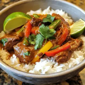 - 1.5 lbs beef chuck roast, cut into large chunks - 1 can (13.5 oz) coconut milk - 2 tablespoons red curry paste - 4 cloves garlic, minced - 2 tablespoons fresh ginger, grated - 1 onion, sliced - 1 red bell pepper, sliced - 1 cup green beans, trimmed - Fresh cilantro leaves for garnish Gathering the right ingredients is key. The beef chuck roast creates a rich, tender dish. Coconut milk adds creaminess and depth. Red curry paste brings a vibrant kick of flavor. Next, the aromatics help build the base. Fresh garlic and ginger bring warmth and spice. Sliced onion adds sweetness that balances the dish. Finally, colorful vegetables add texture and nutrition. The red bell pepper provides crunch and sweetness. Green beans add a fresh bite. Fresh cilantro gives a pop of color and flavor at the end. These ingredients come together to create a dish that is bursting with flavor. The combination is truly magical. {{ingredient_image_1}} - Seasoning the beef chunks Start with 1.5 pounds of beef chuck roast. Cut it into large chunks. Place the beef in a bowl. Sprinkle salt and pepper all over it. Mix well to coat the beef evenly. - Searing for flavor Heat a large pot or Dutch oven over medium-high heat. Add a splash of oil. Once hot, add the beef chunks. Sear them for about 5 to 7 minutes. Turn the beef to brown all sides. This step locks in the juices and flavor. After browning, take the beef out and set it aside. - Sautéing onions, garlic, and ginger In the same pot, add sliced onion, minced garlic, and grated ginger. Sauté these for 2 to 3 minutes. You want the onions to soften and smell great. This will form the base of your flavors. - Adding red curry paste Stir in 2 tablespoons of red curry paste. Cook it for another minute. This helps to release the rich flavors. The aroma will fill your kitchen with a warm, inviting scent. - Returning beef to the pot Now, return the seared beef to the pot. Pour in 1 can of coconut milk and add fish sauce, brown sugar, and lime juice. Mix everything well to combine. - Cooking time and temperature Bring the mixture to a gentle simmer. Cover the pot and reduce the heat to low. Let it cook for 1.5 to 2 hours. Stir it occasionally to prevent sticking. The beef will become tender, and the flavors will deepen. In the last 15 minutes, add sliced red bell pepper and green beans. Let them cook until just tender. To make Coconut Red Curry Drip Beef shine, adjusting seasonings is key. Taste as you cook. Add salt or pepper to enhance the flavor. If it feels too rich, squeeze in some lime juice. This balances flavors well. Balancing sweetness and acidity is also vital. The brown sugar adds sweetness, while lime juice brings acidity. Start with the amounts in the recipe. Then, tweak to your liking. A little more lime juice can make a big difference. Searing the beef at first gives it a nice crust. This step seals in juices and adds depth. Do this over medium-high heat. After searing, reduce the heat for slow cooking. This helps the beef become tender. Simmering is crucial in this recipe. It allows flavors to meld. Keep the pot covered, but stir occasionally. This helps prevent sticking and burning. Cook for one and a half to two hours. Your patience will pay off with tender meat. Jasmine rice pairs perfectly with this dish. Its mild flavor absorbs the rich curry sauce well. Serve the beef over a bed of rice for a hearty meal. For garnishing, fresh cilantro leaves add color and freshness. Place a few sprigs on top of the beef. A wedge of lime on the side brightens the plate and adds a nice touch. Pro Tips Use Fresh Ingredients: Fresh produce and herbs will elevate the flavors in your Coconut Red Curry Drip Beef, making it vibrant and aromatic. Let it Simmer: Allowing the beef to simmer slowly helps break down the tough fibers, resulting in tender, flavorful meat. Balance the Flavors: Taste your curry towards the end of cooking and adjust the seasoning with more lime juice or sugar to achieve the perfect balance of sweet, salty, and tangy. Experiment with Vegetables: Feel free to add other vegetables like carrots or snap peas for added texture and nutrition. {{image_2}} You can switch up the beef for chicken. Just use boneless, skinless chicken thighs. Cook them the same way, and they will soak up the curry flavor well. If you prefer plant-based options, try firm tofu. Cut it into cubes and add it at the same time as the beef. Tofu absorbs flavors beautifully and makes a great vegetarian dish. Feel free to mix up the bell peppers. Yellow or green bell peppers add a fun twist. You can also add carrots or zucchini for more color and taste. Other green veggies like broccoli or snap peas work well too. Their crunch adds a nice texture to the dish. Want it milder? Just use less red curry paste. You can also add a splash of coconut milk to tame the heat. If you love spice, try adding chili flakes or fresh chopped chili. Fresh herbs like basil or mint can add flavor and freshness. They also help balance the heat. To store leftovers, let the dish cool completely. Place it in an airtight container. This keeps the flavors fresh. I recommend using glass containers for easy reheating. They do not stain and are safe for the oven. For freezing, portion the Coconut Red Curry Drip Beef into small containers. Make sure to leave some space at the top. The dish expands when frozen. To thaw, place it in the fridge overnight. Reheat on the stove over low heat, stirring gently until warm. In the fridge, the dish lasts about 3-4 days. Always check for signs of spoilage. If it smells sour or looks discolored, toss it out. You want your meal to taste fresh and delicious. To make Coconut Red Curry Drip Beef, follow these steps: 1. Season the beef: Start by adding salt and pepper to the beef chunks. 2. Sear the beef: Heat oil in a pot and brown the beef on all sides. 3. Cook aromatics: Sauté sliced onion, garlic, and ginger until soft. 4. Add curry paste: Stir in red curry paste and cook for one minute. 5. Combine ingredients: Add beef back with coconut milk, fish sauce, brown sugar, and lime juice. 6. Simmer: Cover and simmer on low for 1.5 to 2 hours. 7. Add veggies: In the last 15 minutes, stir in sliced red bell pepper and green beans. Common mistakes to avoid: - Don’t rush the searing step; it builds flavor. - Avoid overcooking vegetables; they should remain vibrant and crisp. Yes, you can prep this dish early. Meal prep advice: - Cook the beef and sauce ahead of time, then store it in the fridge. - It tastes even better the next day as flavors meld. Reheating tips: - Reheat gently on the stove over medium heat. - Add a splash of coconut milk for creaminess if it thickens too much. This dish pairs well with many sides. Side dish recommendations: - Serve over jasmine rice for a complete meal. - Add a simple cucumber salad for freshness. Beverage pairings: - Try a light lager or a crisp white wine. - A coconut water or Thai iced tea also works great. This blog post explored the key ingredients and steps for making Coconut Red Curry Drip Beef. We discussed seasoning the beef and cooking aromatics, then simmering for maximum flavor. You learned tips for adjusting spices and perfecting the dish. I shared variations for proteins and veggies to suit your taste. Lastly, we covered storage and reheating methods. By following this guide, you can create a delicious meal. Enjoy making your own Coconut Red Curry Drip Beef!