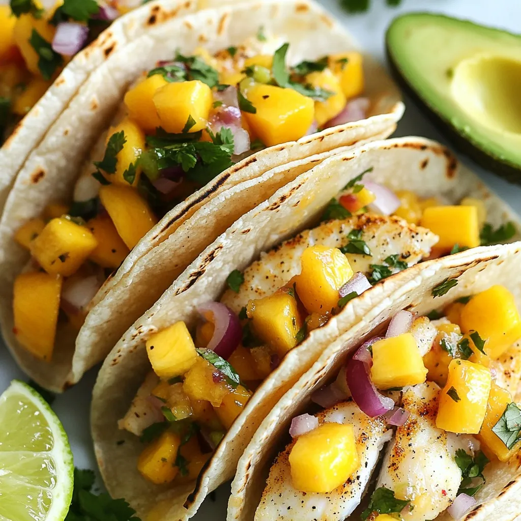 - 2 large white fish fillets (cod or tilapia work best) - 1 cup fresh mango, diced - ½ cup red onion, finely chopped - ½ cup bell pepper (any color), diced - 1 jalapeño, seeded and minced Fresh ingredients make these tacos shine. The white fish fillets serve as a tender base. Choose cod or tilapia for a mild flavor. Mango adds sweetness, while red onion and bell pepper provide crunch. A jalapeño brings a spicy kick. Together, they create a vibrant and fresh taste. - 1 teaspoon cumin - 1 teaspoon paprika - 1 tablespoon olive oil - Salt and black pepper to taste - 2 tablespoons lime juice - ¼ cup fresh cilantro, chopped Seasoning enhances the fish's flavor. Cumin and paprika add warmth and depth. Olive oil helps the spices stick, while salt and pepper balance everything. For the salsa, lime juice gives a zesty twist. Fresh cilantro brings brightness and aroma, tying all the flavors together. - 1 avocado, sliced (for serving) - Lime wedges (for serving) - 8 small corn tortillas Toppings make these tacos special. Sliced avocado adds creaminess. Lime wedges allow you to squeeze fresh juice right before eating. Corn tortillas provide a soft, warm wrap for all the delicious fillings. These extras elevate your meal and create a complete dining experience. {{ingredient_image_1}} First, preheat your grill or stovetop pan over medium-high heat. This step is key for getting a nice sear on the fish. Next, grab a small bowl. In it, mix one teaspoon of cumin, one teaspoon of paprika, one tablespoon of olive oil, salt, and black pepper. This spice mix adds great flavor! Rub this mixture evenly over both sides of the two large fish fillets. Now it's time to cook. Place the seasoned fish on the grill or in the pan. Cook for about 4 to 5 minutes on each side. You want the fish to flake easily with a fork when it’s done. This means it is perfectly cooked! After cooking, remove the fish from heat and let it rest for a couple of minutes. While the fish rests, let’s make the mango salsa. In a medium bowl, combine one cup of diced mango, half a cup of finely chopped red onion, half a cup of diced bell pepper, and one minced jalapeño. Add two tablespoons of lime juice and a quarter cup of chopped cilantro. Stir it all together well. Taste and sprinkle a pinch of salt if needed. This salsa is fresh and bursting with flavor! Now, the fun part: assembling the tacos! First, break the cooked fish into large pieces. Take eight small corn tortillas and warm them up. You can do this on the grill for about 30 seconds per side or in a skillet over medium heat. Place the fish pieces in the center of each tortilla. Top with a generous spoonful of the mango salsa and a few slices of avocado. Serve right away with lime wedges on the side for squeezing over the top. Enjoy your fresh and flavorful delight! To make the best fish tacos, choose the right fish. I recommend white fish like cod or tilapia. These fish have mild flavors and flaky textures. Avoid overcooking your fish. Cook it for about 4-5 minutes on each side. When the fish flakes easily with a fork, it’s done. Overcooked fish can taste dry and tough. You can customize your mango salsa based on what's in season. Swap mango for pineapple or peaches for a fun twist. If you love heat, add more jalapeño or even a dash of hot sauce. Try adding fresh herbs like mint or basil for extra flavor. These changes can brighten your dish and keep it fresh. Warm your corn tortillas just right for the best taste. You can grill them for about 30 seconds on each side. Alternatively, heat them in a skillet for a few moments until warm. Choose soft corn tortillas for a classic taco feel. These tortillas hold up well with the fish and salsa, making every bite a delight. Pro Tips Fresh Ingredients: Always use the freshest mangoes and herbs for the best flavor in your salsa. Fish Selection: Opt for firm white fish like cod or tilapia to hold up well in tacos. Grilling Technique: Ensure your grill or pan is preheated to avoid sticking and to achieve a nice sear on the fish. Customize Your Salsa: Feel free to add other ingredients to your mango salsa, such as diced cucumber or pineapple, for an extra twist. {{image_2}} You can swap the fish for shrimp or chicken. Shrimp cooks quickly and adds a nice texture. Just season it like the fish. Chicken also works well. Use boneless, skinless thighs for a juicy bite. For a vegetarian option, try grilled portobello mushrooms. They have a meaty feel and soak up flavor well. Salsa can be fun to mix up! Try adding pineapple or peach for a sweet twist. You can also use strawberries for a fresh taste. Want more texture? Add black beans or corn. They give crunch and fiber. Adjust the lime juice to keep it bright. Pair your tacos with simple sides. A fresh salad or chips and guacamole are great. For drinks, serve with a light beer or a fruity margarita. You could also enjoy a sparkling water with lime. These options will balance the flavors and enhance your meal. To keep your fish tacos fresh, store leftovers right away. First, separate the fish and mango salsa. This way, the fish stays firm and the salsa keeps its flavor. Use airtight containers for each. Glass containers work well, but plastic ones are fine too. Make sure to label the containers with the date. This helps you know when to use them. When you want to enjoy your tacos again, reheat them carefully. You can use a microwave, but I prefer the oven. Preheat the oven to 350°F (175°C). Place the fish on a baking sheet and warm for about 10 minutes. This keeps the fish from drying out. For the salsa, just add it fresh on top after reheating. If using the microwave, heat fish in short bursts. Check often to keep it moist. Can you freeze assembled tacos? It’s best not to freeze them as a whole. The tortillas can become soggy. Instead, freeze the fish and salsa separately. Wrap fish tightly in plastic wrap and then in foil. Store salsa in a freezer-safe container. Label with the date. When you’re ready to use them, thaw in the fridge overnight before reheating. You can use several fish alternatives. Here’s a list: - Salmon - Mahi-mahi - Snapper If you want non-seafood options, consider these: - Grilled chicken - Tofu, pressed and seasoned - Portobello mushrooms Each option brings its own flavor and texture. These choices make the tacos tasty for everyone. To make the salsa spicier, try these ideas: - Add more jalapeño or use a hotter pepper. - Mix in diced serrano or habanero peppers. - Sprinkle in cayenne pepper for a kick. Start with a little, then taste. You can always add more heat. Yes, you can make mango salsa ahead of time. Here are some tips: - Chop the ingredients and mix them a few hours before serving. - Store the salsa in an airtight container in the fridge. To keep it fresh, add lime juice right before serving. This helps keep the colors bright and flavors fresh. You can make delicious fish tacos using fresh fish, vibrant salsa, and warm tortillas. We explored the best ingredients, from mango salsa to perfect toppings. I shared simple steps for grilling fish and crafting tasty salsa. Remember to try different proteins and salsas to suit your taste. Store your leftovers wisely, and enjoy these tacos later. This dish brings joy and flavor to your table. Dive into this recipe and create something special!