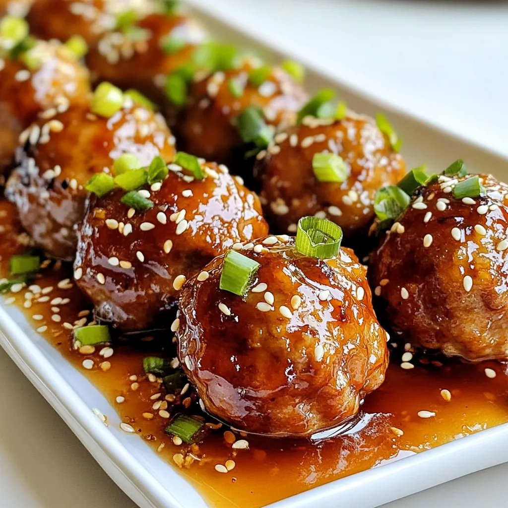- 1 lb (450g) ground beef or turkey - 1/2 cup breadcrumbs - 1/4 cup finely chopped onion - 2 cloves garlic, minced - 1 egg - 2 tablespoons soy sauce - 1/4 teaspoon black pepper - 1 tablespoon olive oil (for frying) These main ingredients form the base of your meatballs. You can choose ground beef for a richer taste or turkey for a lighter meal. Breadcrumbs help bind everything, while onion and garlic add flavor. The egg acts as a binder too. The soy sauce gives umami, and black pepper adds a hint of heat. - 1/3 cup honey - 1/4 cup soy sauce (for glaze) - 1 teaspoon minced ginger - 1 tablespoon sesame seeds (for garnish) - Chopped green onions (for garnish) The glaze is where the magic happens. Honey brings sweetness, while soy sauce adds saltiness. Ginger gives a nice zing to the sauce. Once you coat the meatballs, sprinkle them with sesame seeds and green onions for a pop of color and crunch. This simple glaze elevates the dish and makes it shine on your table. {{ingredient_image_1}} To start, gather a large bowl. Add 1 pound of ground beef or turkey. Next, mix in 1/2 cup of breadcrumbs. Then, chop and add 1/4 cup of onion, along with 2 minced garlic cloves. Crack in 1 egg and pour in 2 tablespoons of soy sauce. Finally, sprinkle in 1/4 teaspoon of black pepper. Mix all these ingredients well. It is key to combine them fully. This ensures every meatball has the same flavor. If you don’t mix enough, some bites may taste bland. Now, it’s time to cook. Preheat a large skillet over medium heat. Add 1 tablespoon of olive oil to the pan. While the oil heats, form the meat mixture into small balls, about 1 inch wide. Carefully place the meatballs in the skillet. Cook them for about 6 to 8 minutes. Be sure to turn them often. This helps them brown evenly on all sides. When they are browned and cooked through, they are ready for the glaze. While the meatballs cook, prepare the glaze. In a small saucepan, combine 1/3 cup of honey, 1/4 cup of soy sauce, and 1 teaspoon of minced ginger. Heat this mixture over low heat. Stir it occasionally. Look for the glaze to start simmering. This process helps the flavors mix well. Simmer until the glaze thickens slightly. Once the meatballs finish cooking, pour the glaze over them in the skillet. Toss them gently to coat. Let them cook for an extra 2 to 3 minutes. This will help the glaze stick well to each meatball. To cook meatballs well, aim for an internal temperature of 160°F (71°C). This ensures they are safe to eat. Cook them for about 6-8 minutes. Turn them to brown all sides. Use a meat thermometer to check the temperature. This way, you can be sure they are cooked through. For more flavor, you can change the seasoning. Try adding a pinch of red pepper flakes for heat. You can also switch out the ground beef for ground turkey or chicken. Each meat brings a different taste. If you like, add fresh herbs like parsley or cilantro. These changes can make the dish your own. Presentation is key to a great meal. Serve the meatballs on a nice platter. Drizzle extra honey garlic glaze over them. Garnish with sesame seeds and chopped green onions. This gives a colorful look. Pair your meatballs with jasmine rice or stir-fried vegetables. They add color and balance to your plate. Pro Tips Use Fresh Ingredients: Fresh garlic and ginger will enhance the flavor of your glaze, making it more aromatic and delicious. Don't Overcrowd the Pan: Cook the meatballs in batches if necessary to ensure they brown evenly and cook through without steaming. Adjust Sweetness: Feel free to adjust the amount of honey in the glaze to suit your taste; less honey will create a less sweet but more savory sauce. Perfect Pairings: These meatballs pair beautifully with steamed jasmine rice, stir-fried vegetables, or even in a wrap for a delicious meal. {{image_2}} You can switch up the protein in your meatballs. Ground chicken works great if you want a lighter dish. It has a mild flavor that absorbs the honey garlic glaze well. You can also try plant-based meat. These options are tasty and offer a good texture. They are perfect for those who prefer less red meat. If you want to make these meatballs healthier, consider using less honey or soy sauce. Low-sodium soy sauce can help cut down on salt. You can also reduce the amount of honey for less sweetness. This keeps the flavor while making a lighter meal. Every small change can help you enjoy a guilt-free treat. Add some zing to your meatballs by mixing in spices. A dash of sriracha can bring heat and excitement. You might also try garlic powder or smoked paprika for extra depth. Don’t hesitate to experiment with your favorite sauces too. This can lead to new and exciting flavor profiles. Enjoy the fun of creating your unique version! To keep your honey garlic glazed meatballs fresh, store them in an airtight container. This protects them from drying out. Place a piece of parchment paper between the meatballs to avoid sticking. In the fridge, they last for about 3 to 4 days. Make sure to cool them before storing. This helps maintain their taste and texture. Freezing meatballs is simple and great for meal prep. First, let the cooked meatballs cool completely. Then, arrange them on a baking sheet in a single layer. This prevents them from sticking together. Freeze for about 1 to 2 hours until firm. Next, transfer them to a freezer-safe bag or container. Label it with the date for easy tracking. When you are ready to eat, thaw the meatballs in the fridge overnight. To reheat, place them in a skillet over medium heat. Add a splash of water or broth. Cover the skillet to keep them moist. Heat until warmed through. This method keeps their flavor and texture delicious. It takes about 6 to 8 minutes to cook meatballs in the skillet. You want them to be brown on all sides and cooked through. Cooking time may vary with meat size and heat level. Always check the center to ensure it's no longer pink. Yes, you can use different meats like ground turkey or chicken. These meats have milder flavors, which let the honey garlic glaze shine. Pork also works well if you want a richer taste. Each meat type changes the flavor and texture of the meatballs. You can serve them with jasmine rice for a classic pairing. Stir-fried vegetables add color and crunch. A fresh salad can balance the sweetness of the glaze. You could also serve them as appetizers with toothpicks for easy snacking. This blog post gave you a complete guide to making honey garlic meatballs. You learned about essential ingredients, cooking steps, and tips for flavor and storage. Impress your family with perfectly cooked meatballs! Feel free to make variations that fit your taste. Remember, cooking is fun and all about experimenting. Enjoy every bite and share your delicious results!