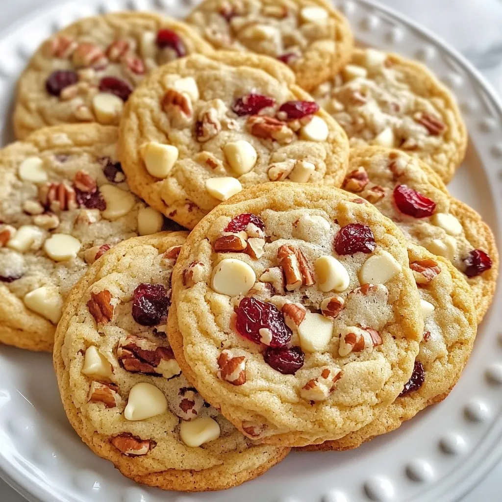To make the best white chocolate cranberry cookies, you need a few key ingredients. Each one plays a big role in flavor and texture. Here’s what you’ll need: - 1 cup unsalted butter, softened - 1 cup brown sugar, packed - 1/2 cup granulated sugar - 2 large eggs - 1 teaspoon vanilla extract - 3 cups all-purpose flour - 1 teaspoon baking soda - 1/2 teaspoon salt - 1 cup dried cranberries - 1 cup white chocolate chips - 1/2 cup chopped pecans (optional) Using unsalted butter helps control the saltiness. The brown sugar adds moisture, while granulated sugar gives a nice crunch. Eggs bind everything together, and vanilla enhances the flavor. The flour builds the cookie's structure. Baking soda makes them rise, and salt balances the sweetness. Dried cranberries add tartness, while white chocolate brings creamy sweetness. Chopped pecans are optional, but they add a great crunch. Gather these ingredients, and you’re ready to create a delightful treat! {{ingredient_image_1}} 1. Preheating the oven: Start by preheating your oven to 350°F (175°C). This step is key to baking the cookies evenly. While it heats, line your baking sheets with parchment paper. This helps the cookies not stick. 2. Creaming butter and sugars: In a large bowl, add 1 cup of softened unsalted butter, 1 cup of packed brown sugar, and 1/2 cup of granulated sugar. Use a mixer to cream these together until the mixture is light and fluffy. This should take about 3-4 minutes. Creaming adds air and makes the cookies tender. 3. Adding eggs and vanilla: Next, beat in 2 large eggs one at a time. After that, stir in 1 teaspoon of vanilla extract. The eggs add moisture and help bind the cookie dough together. 1. Combining flour, baking soda, and salt: In another bowl, mix together 3 cups of all-purpose flour, 1 teaspoon of baking soda, and 1/2 teaspoon of salt. This step ensures that the baking soda is evenly distributed in the dough. 2. Gradual incorporation into the wet mixture: Slowly add the dry mixture to the wet ingredients. Mix until just combined. Be careful not to overmix, as this can make the cookies tough. 1. Folding in cranberries, chocolate chips, and pecans: Now, gently fold in 1 cup of dried cranberries, 1 cup of white chocolate chips, and 1/2 cup of chopped pecans if you choose to use them. Make sure they are evenly distributed throughout the dough for the best flavor. 2. Portioning and placing on baking sheets: Using a cookie scoop or a tablespoon, drop rounded balls of dough onto the prepared baking sheets. Leave some space between each cookie, as they will spread while baking. 1. Baking time and checking for doneness: Bake the cookies in your preheated oven for 10-12 minutes. Look for lightly golden edges while the centers remain soft. This gives you that perfect chewy texture. 2. Cooling instructions: Once baked, remove the cookies from the oven. Let them cool on the baking sheets for about 5 minutes. After that, transfer the cookies to a wire rack to cool completely. This helps them set properly. To achieve the best texture, use room temperature butter. It helps the dough mix well. Cream the butter and sugars until fluffy, about three to four minutes. This step adds air, leading to soft cookies. For even baking, space the cookies on the sheet. Leave about two inches apart. This allows heat to circulate. Rotate the baking sheet halfway through to promote uniform cooking. Store cookies in an airtight container. They stay fresh for a week at room temperature. For longer storage, freeze them for up to three months. To reheat, warm cookies in the oven at 350°F for about five minutes. This restores their soft texture and makes them taste fresh again. Arrange the cookies on a decorative plate for visual appeal. You can sprinkle some chopped pecans on top for a nice touch. Drizzling extra melted white chocolate enhances the look and taste. It creates a beautiful finish that makes your cookies stand out. Enjoy them with a glass of milk for the perfect treat! Pro Tips Chill the Dough: For thicker cookies, chill the dough for at least 30 minutes before baking. This helps prevent them from spreading too much in the oven. Use Fresh Ingredients: Ensure your baking soda is fresh for optimal rise and texture. Old baking soda can result in flat cookies. Customize Your Mix-Ins: Feel free to swap out cranberries and pecans for your favorite dried fruits or nuts, like cherries or walnuts, to create your own unique flavor. Storage Tips: Store cookies in an airtight container at room temperature for up to a week, or freeze them for longer storage. Just make sure to layer them with parchment paper to prevent sticking. {{image_2}} You can change the flavors in your white chocolate cranberry cookies. Try using dark chocolate instead of white chocolate. Dark chocolate gives a rich taste that balances the sweetness. You can also use milk chocolate for a creamier flavor. Adding spices can make your cookies unique. A pinch of cinnamon adds warmth. Nutmeg gives a cozy touch too. Just a little can change the whole cookie. If you want to swap out butter, try coconut oil or applesauce. These options can make the cookies lighter. You can also use brown sugar alone for a deeper flavor. For gluten-free cookies, use almond flour or a gluten-free mix. This keeps the taste and texture similar to the original. Always check the labels to ensure they are safe. You can add other dried fruits to your dough. Dried cherries or apricots add a nice twist. They pair well with the tart cranberries. Nuts can enhance the crunch in your cookies. Chopped walnuts or almonds work well. You can even try pumpkin seeds for a different texture. Mix and match to find your favorite combination! How long do the cookies last? These cookies last about a week when stored in an airtight container. They taste best within the first few days. Can I freeze the cookie dough? Yes, you can freeze the dough! Just scoop the dough into balls and freeze on a baking sheet. Once frozen, store them in a freezer bag. What can I use instead of pecans? If you don't have pecans, use walnuts or almonds. You can also skip nuts entirely if you prefer. How to adjust for smaller or larger batches To make a smaller batch, cut the recipe in half. For a larger batch, double the ingredients. This way, you can bake just the right amount. Modifying for dietary restrictions For gluten-free cookies, swap all-purpose flour with a gluten-free blend. You can also use dairy-free chocolate to make it vegan. What to do if cookies spread too much If your cookies spread too much, chill the dough for 30 minutes before baking. This helps them hold their shape better. Fixing dry or crumbly cookies If your cookies are dry, try adding a tablespoon of milk or more butter. This will help make them softer and chewier. Each cookie has about 150 calories. This number may change a bit based on size. Key nutrients in these cookies include: - Fat: 7 grams - Carbohydrates: 21 grams - Protein: 2 grams - Fiber: 1 gram - Sugars: 10 grams These cookies bring a mix of taste and energy, thanks to the sugars and fats. The dried cranberries add some fiber and antioxidants, which are great for your body. These cookies may not be for everyone. They contain gluten from flour and sugar. If you have nut allergies, be careful with the optional pecans. For portion control, enjoy one or two cookies. Sharing is also a good way to enjoy these treats without overindulging. Remember, moderation is key! You've learned about cookie-making. We covered all the must-have ingredients and how to prepare them. You now know the steps for mixing, baking, and perfecting your cookies. I shared tips for storage, serving, and flavor twists. With this guide, you can enjoy cookies fresh from your oven. Remember, small changes can lead to big flavors. Now, it's time to bake, taste, and have fun with your creations!