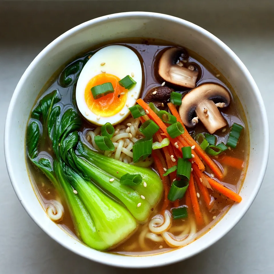 - 2 packs of ramen noodles - 4 cups vegetable broth - 3 tablespoons miso paste (white or yellow) - 1 tablespoon fresh ginger, grated - 2 cloves garlic, minced - 1 cup mushrooms, sliced (shiitake or cremini) - 1 cup bok choy, chopped - 1 carrot, julienned - 1 green onion, chopped (for garnish) - 1 tablespoon sesame oil - 1 teaspoon soy sauce - 1 tablespoon sesame seeds (for garnish) - Optional: Soft-boiled eggs for topping The main ingredients create a rich and tasty base. The ramen noodles give it heartiness. Miso paste adds a deep umami flavor. Ginger and garlic bring warmth and zest to each bite. Mushrooms and bok choy add texture and nutrition. - Soft-boiled eggs - Extra green onions - Chili flakes for heat - Nori sheets for crunch These toppings let you enhance your ramen bowl. Soft-boiled eggs add creaminess. Extra green onions give a fresh crunch. Chili flakes add a spicy kick, and nori sheets provide a fun texture. - Large pot for boiling noodles - Large saucepan for the soup - Whisk for mixing miso paste - Cutting board and knife for veggies - Ladle for serving This equipment helps you create the perfect ramen bowl. A large pot boils the noodles quickly. The saucepan combines all flavors beautifully. A whisk helps dissolve the miso paste fully. {{ingredient_image_1}} First, boil water in a pot. Add the ramen noodles once the water boils. Cook them for about 3-4 minutes. Drain the noodles and set them aside. Grab a large saucepan and heat sesame oil over medium heat. Add minced garlic and grated ginger. Sauté for about 1 minute until you smell their rich aroma. Next, add sliced mushrooms and julienned carrots. Cook them for about 5-7 minutes. You want the mushrooms to be tender and flavorful. Pour in 4 cups of vegetable broth into the pan. Bring the broth to a simmer. Whisk in 3 tablespoons of miso paste and 1 teaspoon of soy sauce. Make sure to mix well until everything is dissolved. Now, add the chopped bok choy. Let it wilt in the broth for about 2 minutes. Finally, add your cooked ramen noodles to the saucepan. Gently toss to combine and heat everything through. Taste your broth and adjust the seasoning if needed. Serve hot in bowls and garnish with green onions and sesame seeds for a lovely finish. To get the best flavor from miso, use white or yellow miso paste. These types are sweeter and milder. When you add miso to the hot broth, whisk it well. This helps it dissolve fully. Start with three tablespoons, then taste. If you want more flavor, add a bit more. Miso is salty, so be careful with other salty ingredients like soy sauce. For the best noodles, boil water in a pot. Add the ramen noodles and cook them for 3-4 minutes. Stir gently to keep them from sticking. When they are done, drain them well. Rinse under cold water to stop the cooking. This keeps them from getting mushy. Set them aside while you prepare the broth. To serve your ramen, use deep bowls. First, add the cooked noodles. Then, arrange the vegetables nicely on top. Pour the hot broth over everything. This keeps the noodles warm. For a beautiful finish, sprinkle green onions and sesame seeds on top. You can also add a soft-boiled egg for extra flavor and protein. Serve it right away for the best taste! Pro Tips Use Fresh Ingredients: Fresh vegetables and herbs enhance the flavors of your ramen, making it more vibrant and delicious. Adjust Miso to Taste: Miso pastes can vary in saltiness and intensity; start with less and add more based on your preference. Perfect Soft-Boiled Eggs: For a creamy yolk, boil your eggs for exactly 6-7 minutes, then plunge them into ice water to stop cooking. Customize Your Toppings: Feel free to add other toppings like nori, bamboo shoots, or chili oil for a unique twist on your ramen. {{image_2}} You can easily add protein to your miso ginger ramen bowl. Tofu is a great choice. It soaks up the broth flavor well. Simply cube firm tofu and sauté it with the garlic and ginger. You can also use chicken. Cook it in the broth for a rich taste. Shredded rotisserie chicken is a quick option too. Feel free to mix up the veggies in your ramen bowl. You can swap bok choy for spinach or kale. Broccoli or snap peas add a nice crunch. If you love heat, add sliced chili peppers. Carrots can be replaced with bell peppers for sweetness. Use whatever you have on hand to keep it fresh. If you need a gluten-free option, use rice noodles instead of ramen noodles. They cook fast and taste great in broth. Make sure your miso paste and soy sauce are gluten-free. Many brands offer gluten-free versions. Always check the labels to be safe. This way, everyone can enjoy a tasty bowl! Store leftover ramen in an airtight container. Keep the noodles separate from the broth. This helps prevent the noodles from getting too soft. Refrigerate the container. It stays fresh for up to three days. To reheat, pour the broth into a pot and warm it on low. Add the noodles and veggies when the broth is hot. Heat until everything is warm, about five minutes. You can also use the microwave. Heat it in a bowl for two to three minutes. Stir halfway through to ensure even heating. You can freeze ramen, but it’s best to freeze the broth and noodles separately. Place the broth in a freezer-safe container. It lasts for up to three months. For the noodles, boil them only for a minute before freezing. This way, they will not get mushy later. When ready to eat, thaw the broth overnight in the fridge. Then, reheat and cook the noodles fresh. Miso paste is a thick paste made from fermented soybeans. It has a rich, salty taste. You can find it in most grocery stores. Look in the international aisle or the refrigerated section. There are many kinds, like white and red miso. Each type has a unique flavor. Yes, you can easily make this dish vegan. Just use vegetable broth instead of chicken broth. Also, skip any animal products like eggs. The miso and ginger add great flavor without meat. You can load up on veggies for extra taste and texture. You can change your ramen bowl in many ways. Here are some ideas: - Add protein like tofu or tempeh. - Swap out vegetables for your favorites. - Try different toppings like seaweed or chili oil. - Adjust the seasoning to your taste. Get creative and make it your own! Miso has probiotics that help gut health. It also contains vitamins and minerals. Ginger is good for digestion and can reduce inflammation. Both ingredients add flavor and nutrition to your ramen. Enjoy their benefits while savoring your meal! This post covered how to make a delicious Miso Ginger Ramen Bowl. You learned about key ingredients, step-by-step cooking, and tips for the best flavor. Variations let you customize your dish with proteins and veggies. Storing and reheating leftovers makes this meal even more convenient. Miso and ginger not only taste great but also offer health perks. Try making your ramen unique, and enjoy every bite!