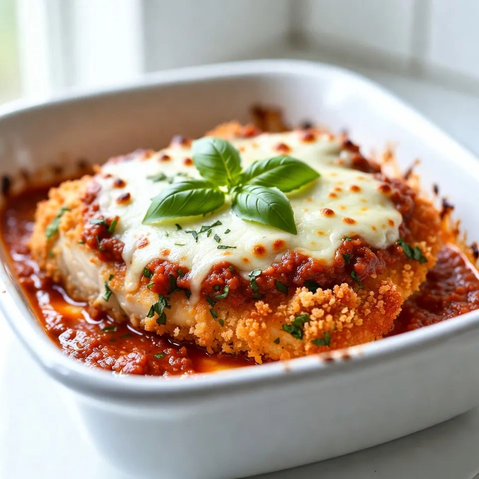 - 2 boneless, skinless chicken breasts - 1 cup all-purpose flour - 2 large eggs - 1 cup breadcrumbs (preferably Italian seasoned) - 1 cup grated Parmesan cheese - 1 cup marinara sauce - 1 cup shredded mozzarella cheese The main ingredients for Chicken Parmesan are simple yet essential. Chicken breasts form the base of this dish. They provide the protein and texture. Next, we use Parmesan cheese for flavor. It adds that salty and nutty taste. Breadcrumbs give the chicken a crispy coating. I recommend using Italian seasoned breadcrumbs for extra flavor. Marinara sauce adds moisture and richness, while mozzarella cheese melts beautifully on top, creating a gooey finish. - Olive oil - Fresh basil leaves Olive oil is key for frying the chicken. It helps create a golden crust. Fresh basil leaves are great for garnish. They add a fresh, aromatic touch that brightens the dish. You can toss them on right before serving. This small step makes a big difference. - 2 teaspoons dried oregano - 1 teaspoon garlic powder - Salt and pepper to taste Seasoning is important for flavor. Dried oregano gives a hint of earthiness. Garlic powder adds depth without overpowering the dish. Don't forget to add salt and pepper to taste. These basic spices enhance all the other flavors. Make sure to season at each step for the best results. {{ingredient_image_1}} - Take the chicken breasts and place them between two sheets of plastic wrap. - Use a meat mallet or rolling pin to pound them to about 1/2 inch thick. This step is key for even cooking. - Get three shallow dishes. - In the first dish, add 1 cup of all-purpose flour. - In the second dish, beat 2 large eggs with a pinch of salt and pepper. - In the third dish, mix 1 cup of breadcrumbs with 1/2 cup of grated Parmesan cheese, 2 teaspoons of dried oregano, and 1 teaspoon of garlic powder. This mix adds great flavor. - Start by dredging each chicken breast in the flour. Shake off any extra flour. - Next, dip the chicken into the egg mixture. Let any excess egg drip off. - Finally, coat the chicken in the breadcrumb mixture. Press gently so the crumbs stick well. - Heat about 1/4 inch of olive oil in a large skillet over medium heat. - Once the oil is hot, carefully place the breaded chicken in the skillet. - Fry for about 5-7 minutes on each side. Look for a nice golden brown color. The chicken should be cooked through, reaching an internal temperature of 165°F. To get a great coating on your chicken, press the breadcrumb mixture into the meat. This step helps the crumbs stick better. Use a firm hand but don’t squash the chicken. For even frying, maintain the oil temperature. If it’s too low, the coating can become soggy. If it’s too high, the outside burns before the inside cooks. A medium heat works best. Cook the chicken to a safe internal temperature of 165°F. Use a meat thermometer for this. Check the thickest part of the breast. After frying, let the chicken rest for about five minutes. This helps keep the juices inside. Cutting too soon can let the juices run out, making the chicken dry. Fresh herbs can really boost the taste of your Chicken Parmesan. Add chopped basil or parsley to your breadcrumb mix for a fresh twist. When choosing marinara sauce, look for brands with simple ingredients. I often suggest brands like Rao’s or Classico. They taste great and save time. Pro Tips Even Thickness: Pounding the chicken breasts to an even thickness ensures they cook uniformly and prevents any dry spots. Breadcrumb Binding: Press the breadcrumbs firmly onto the chicken to create a thick, crispy coating that stays on during frying. Oil Temperature: Make sure the oil is hot enough before adding the chicken; if it’s too cool, the coating will absorb oil and become soggy. Cheese Layering: For a melty and bubbly topping, use a combination of shredded mozzarella and Parmesan for depth of flavor and texture. {{image_2}} You can make Chicken Parmesan healthier by baking it instead of frying. Baking cuts down on fat and calories. To bake, first coat the chicken as usual. Place it on a baking sheet lined with parchment paper. Then, spray lightly with olive oil. Bake at 375°F for 25-30 minutes. You can also swap out regular breadcrumbs for whole wheat breadcrumbs. This gives you more fiber and nutrients. To change the flavor, try using a blend of cheeses. A mozzarella blend or provolone adds a nice twist. You can also switch up the sauce. Instead of marinara, use pesto or Alfredo. Both options give your dish a fresh taste. Pair Chicken Parmesan with tasty side dishes. A classic choice is spaghetti or fettuccine. You can also serve it with a crisp salad. Light dressings work well to balance the rich flavors. These variations and pairings make your Chicken Parmesan unique and delicious. To store leftovers, let the Chicken Parmesan cool down first. Place it in airtight containers. Make sure to separate layers with parchment paper if you stack them. This prevents sticking. The best containers for storage are glass or plastic with tight lids. They keep the dish fresh longer. Avoid using metal containers, as they can react with the sauce. You can freeze Chicken Parmesan before or after baking. If you freeze it before baking, wrap it well in plastic wrap and then foil. This keeps it safe from freezer burn. When you’re ready to bake, just thaw it in the fridge overnight before cooking. If you freeze it after baking, let it cool completely first. Then, store it in airtight containers or freezer bags. When reheating, preheat your oven to 350°F. Bake for about 25 minutes or until hot throughout. In the fridge, Chicken Parmesan stays fresh for about three to four days. Make sure to eat it before this time for the best taste. Signs of spoilage include an off smell, discoloration, or mold. If you see any of these signs, it’s better to toss it out. Always trust your senses! To make Chicken Parmesan from scratch, follow these steps. First, gather your ingredients: - 2 boneless, skinless chicken breasts - 1 cup all-purpose flour - 2 large eggs - 1 cup breadcrumbs (preferably Italian seasoned) - 1 cup grated Parmesan cheese - 1 cup marinara sauce - 1 cup shredded mozzarella cheese - 2 teaspoons dried oregano - 1 teaspoon garlic powder - Salt and pepper to taste - Fresh basil leaves, for garnish - Olive oil, for frying Next, prepare the chicken. Pound the chicken breasts to about 1/2 inch thick. This helps them cook evenly. Set up your dredging station. Put flour in one dish, beat eggs in another, and mix breadcrumbs with Parmesan cheese, oregano, and garlic powder in a third dish. Now, coat the chicken. Dredge each breast in flour, dip in eggs, then coat in breadcrumbs. Make sure to press the crumbs on well. Heat olive oil in a large skillet over medium heat. Fry the chicken for 5-7 minutes on each side until golden brown and cooked through. After frying, place the chicken in a baking dish. Spoon marinara sauce over each piece. Sprinkle with remaining Parmesan and top with mozzarella. Bake at 375°F for about 15 minutes. For a bubbly finish, broil for 2-3 minutes. Garnish with fresh basil and enjoy! Yes, you can use other meats for Chicken Parmesan. Here are some alternatives: - Turkey cutlets - Pork chops - Eggplant slices (for a vegetarian option) Each alternative will give a unique taste and texture. Just prepare them in the same way as chicken. Ensure the meat is cooked through and reaches a safe temperature. To reheat Chicken Parmesan, use these methods to keep it tasty: - Oven: Preheat the oven to 350°F. Place the chicken on a baking sheet. Heat for about 10-15 minutes. This keeps the breading crispy. - Microwave: If in a hurry, use the microwave. Set it to medium power. Heat in short bursts, checking often. This method may make the breading softer. Always check the internal temperature. It should be 165°F to ensure it’s safe to eat. Enjoy your Chicken Parmesan just as delicious as when you first made it! Now you know the key ingredients and steps for making Chicken Parmesan. You learned how to prep the chicken, coat it, and fry it to perfection. We also covered storage tips and variations to keep things fresh. Chicken Parmesan is a fun dish to master. It combines flavors and textures that please everyone. Remember to keep experimenting with ingredients and techniques. Enjoy the process and share your tasty results!