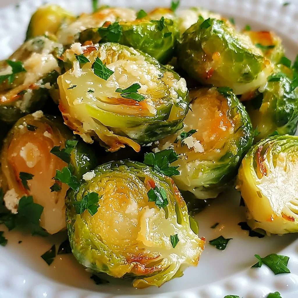 - 1 pound Brussels sprouts - 4 cloves garlic - 3 tablespoons olive oil - 1/2 teaspoon salt - 1/4 teaspoon black pepper - 1/2 teaspoon smoked paprika - 1/2 cup grated Parmesan cheese - 2 tablespoons fresh parsley - Baking sheet - Large mixing bowl - Cooking spatula or tongs In this recipe, you will need fresh Brussels sprouts. Choose ones that are bright green and firm. You can also use garlic cloves for a strong flavor. Olive oil adds richness and helps the sprouts roast well. The salt and pepper bring out the taste of each ingredient. Smoked paprika adds a hint of smokiness that pairs well with the cheese. For the cheese, I recommend using fresh Parmesan. It melts beautifully and gives a rich flavor. Fresh parsley is perfect for garnish. It adds color and freshness to the dish. Make sure you have a good baking sheet. This helps the Brussels sprouts roast evenly. A large mixing bowl is also important for combining all the ingredients. Use a cooking spatula or tongs to toss the sprouts and move them on the baking sheet. With these ingredients and tools ready, you are set to create a delicious side dish! {{ingredient_image_1}} 1. Start by trimming and halving the Brussels sprouts. Cut off the tough stem ends. Then, slice each sprout in half. This helps them cook evenly. 2. Next, mince the garlic. Use a sharp knife for small, fine pieces. Fresh garlic adds a great flavor. 1. Preheat the oven to 400°F (200°C). This ensures the sprouts roast properly. 2. In a large mixing bowl, combine the halved Brussels sprouts, minced garlic, olive oil, salt, black pepper, and smoked paprika. Toss the mixture well. Make sure each sprout gets coated. 3. Spread the Brussels sprouts in a single layer on a baking sheet. This helps them roast instead of steam. 4. Roast in the preheated oven for about 20 minutes. Stir halfway through cooking to ensure even browning. 5. After 20 minutes, take the baking sheet out of the oven. Sprinkle grated Parmesan cheese evenly over the Brussels sprouts. Return them to the oven for an extra 5-10 minutes. You want the cheese melted and golden brown. 1. Once done, remove the Brussels sprouts from the oven and let them cool slightly. 2. Garnish with fresh parsley before serving. This adds a touch of color and flavor. 3. For plating, consider serving them in a wide bowl. This showcases their golden color. Enjoy your dish! - To ensure even roasting, cut Brussels sprouts in half. This helps them cook well. - Spread them out on the baking sheet. Make sure they are not stacked. - Stir halfway through roasting. This keeps them from burning on one side. - For maximum cheese melt, add cheese in the last 5-10 minutes. This lets it get golden brown. - If you need an alternative for Parmesan cheese, try Pecorino Romano. It adds a nice salty touch. - You can also use nutritional yeast for a vegan option. It gives a cheesy flavor without dairy. - For olive oil, try avocado oil. It has a light taste and can handle high heat. - Add spices like cayenne for heat or thyme for earthiness. They make the dish pop! - Fresh herbs like rosemary or basil also work well. They add a nice aroma. - Pair these Brussels sprouts with grilled chicken or fish. They complement each other beautifully. - Serve with a side of quinoa or rice for a complete meal. This creates a balanced plate. Pro Tips Choose Fresh Brussels Sprouts: Look for small, firm sprouts with tight leaves for the best flavor and texture. Don’t Skip the Garlic: Fresh minced garlic adds a wonderful aroma and depth of flavor—don’t be shy with it! Adjust Cooking Time: Depending on your oven, you may need to adjust the roasting time slightly for perfect crispiness. Experiment with Cheese: Try different types of cheese, like feta or cheddar, for a unique twist on this classic dish. {{image_2}} Spicy Garlic Parmesan Brussels Sprouts Want a kick? Add red pepper flakes to the mix. Start with 1/4 teaspoon. This spice adds heat but keeps the garlic and cheese flavors. Toss the sprouts as usual before roasting. You’ll love the extra zing! Lemon Zest Roasted Brussels Sprouts For a fresh twist, try lemon zest. Grate the peel of one lemon. Mix the zest in with garlic and oil. The zest brightens the dish and balances the savory taste. Your taste buds will thank you! Vegan option You can make this dish vegan by skipping the cheese. Instead, use nutritional yeast for a cheesy taste. It adds a nutty flavor without dairy. Toss the sprouts with oil and garlic, then sprinkle with nutritional yeast. Gluten-free considerations This recipe is naturally gluten-free. Just ensure your ingredients are free from gluten. Check spices and oils if needed. Enjoy this tasty side without worry! Incorporating seasonal vegetables Feel free to mix in other veggies. Carrots, sweet potatoes, or parsnips roast well. Cut them in similar sizes to the sprouts. This adds color and flavor to your dish. Using fresh herbs vs. dried Fresh herbs like thyme or rosemary enhance flavor. Use them right before serving. If using dried herbs, add them earlier in the cooking. Fresh herbs give a bright taste, while dried herbs add depth. After cooking, you can store your Brussels sprouts in the fridge. Let them cool first. Place the leftovers in an airtight container. This keeps them fresh for about 3 to 5 days. You want to avoid moisture inside the container. It helps to keep the sprouts crisp. Use glass containers or BPA-free plastic ones. They seal well and are easy to clean. If you use plastic bags, remove as much air as possible. This will help your Brussels sprouts last longer. When you're ready to eat, you can reheat them. I recommend using the oven for best results. Set your oven to 350°F (175°C). Place the Brussels sprouts on a baking sheet and heat for about 10 to 15 minutes. This keeps them from getting soggy. If you use a microwave, heat them for only a minute or two. Check often to avoid overcooking. To prevent sogginess, avoid covering them while reheating. Covering traps steam, which makes them mushy. Instead, let them breathe in the oven. You can freeze cooked Brussels sprouts too! Place them in a single layer on a baking sheet first. Freeze for a few hours until solid. Then, transfer them to a freezer bag. Remove as much air as possible. They can last up to 3 months in the freezer. When you're ready to eat, thaw them in the fridge overnight. This keeps them from getting too watery. You can also reheat them directly from frozen. If you do this, add a few extra minutes to the cooking time. Enjoy your delicious Brussels sprouts even after storing! The best temperature to roast Brussels sprouts is 400°F (200°C). This heat helps them cook evenly and turn crispy. At this temperature, they develop a nice caramelization. It enhances their flavor and texture, making them delicious. Yes, you can prepare them ahead of time. You can clean and cut the Brussels sprouts a few hours before cooking. Store them in a bowl with water in the fridge. This keeps them fresh. You can also mix the seasonings and store them in a separate container. Just combine everything when ready to roast. Brussels sprouts are very healthy! They are low in calories and high in vitamins. They contain vitamin C, vitamin K, and fiber. Eating them can support good digestion and boost your immune system. Plus, they have antioxidants that help fight inflammation. You know they are done when they are golden and crispy. They should be tender inside. When you pierce them with a fork, it should go in easily. If the outer leaves are dark brown and crunchy, that's a sign of perfection. Yes, you can use different cheeses. If you want a stronger flavor, try aged cheddar or feta. For a creamier texture, use goat cheese. Just remember, each cheese will change the taste a bit. Experiment with what you like best! This blog post covered how to make Garlic Parmesan Roasted Brussels sprouts. We explored ingredients, equipment, and step-by-step cooking guidance. I shared tips for flavor boosts and storage methods. Whether you want a tasty side or a healthy snack, this dish is simple to make. Consider trying variations for extra fun. With practice, you can make it just right. Enjoy your cooking journey, and make this dish a favorite!