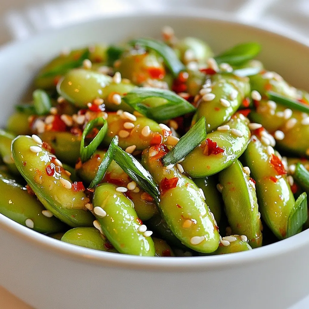 - Fresh or frozen edamame in pods - Garlic - Soy sauce - Sesame oil - Chili flakes - Honey or agave syrup - Sesame seeds - Green onions - Salt To make spicy garlic edamame, you need simple, fresh ingredients. Let’s dive into what you should gather: 1. Edamame: Choose fresh or frozen pods. Both work well. If using frozen, they cook fast. 2. Garlic: Use four cloves. Minced garlic gives great flavor. 3. Soy Sauce: This adds saltiness and depth. It’s your umami booster. 4. Sesame Oil: One tablespoon adds a nutty taste. Use it to sauté the garlic. 5. Chili Flakes: Use one teaspoon, or more for heat. Adjust to your taste. 6. Honey or Agave Syrup: This adds a sweet balance. One teaspoon is enough. 7. Sesame Seeds: These are for garnish. They add crunch and look great. 8. Green Onions: Finely chop two for garnish. They bring freshness and color. 9. Salt: Just a pinch to taste. Don’t forget to check the flavor! These ingredients come together to create a tasty snack. Each one plays a role in the final dish. Prepare them before you start cooking. That makes the process smooth and fun! {{ingredient_image_1}} First, fill a pot with water. Bring it to a boil. If you use frozen edamame, add it to the pot. Cook the edamame for about 5 minutes. You want them tender but not mushy. Once cooked, drain the edamame in a colander. Set them aside while you prepare the spicy garlic mix. Next, grab a medium skillet and heat 1 tablespoon of sesame oil over medium heat. This oil adds a nice nutty flavor. Once the oil is hot, add 4 cloves of minced garlic. Sauté the garlic for about 1 to 2 minutes. Keep an eye on it to prevent burning. You want it fragrant, not brown. Now, stir in 2 tablespoons of soy sauce, 1 teaspoon of honey or agave syrup, and 1 teaspoon of chili flakes. Mix well and cook for another minute. This lets the flavors blend. After that, add the cooked edamame to the skillet. Toss everything together until the edamame is well coated. Cook for an extra 2 to 3 minutes. This helps the edamame soak up all the spicy goodness. Taste and add salt if needed before serving. - Adjust the chili flakes to your taste. If you like it hot, add more. If you prefer mild, use less. - You can substitute soy sauce with tamari for a gluten-free option. Use coconut aminos for a sweeter taste. - Avoid burning the garlic. Cook it just until fragrant, about 1-2 minutes. Stir it often to keep it from browning. - To ensure the edamame absorbs the flavors, toss them well in the spicy mixture. Cook for an extra 2-3 minutes after adding them. - Serve the edamame in a large bowl for sharing. This makes it fun for everyone. - Garnish with sesame seeds and chopped green onions. This adds color and a fresh crunch. Pro Tips Fresh Edamame for Best Flavor: If possible, use fresh edamame instead of frozen for a more vibrant flavor and better texture. Adjust Spice Level: Feel free to modify the amount of chili flakes according to your heat preference. Start with less if you’re unsure! Garnish for Visual Appeal: Adding the sesame seeds and green onions not only enhances flavor but also adds a pop of color to the dish. Serving Suggestions: Serve these edamame as a snack, appetizer, or as a side dish to complement Asian-inspired meals. {{image_2}} To make this dish vegan, replace honey with agave syrup. Agave syrup has a similar sweetness. It blends well with the other flavors. This swap keeps the dish plant-based while still tasting great. You can make your Spicy Garlic Edamame even better by adding extra ingredients. Consider incorporating vegetables like bell peppers or carrots. These add color and crunch. You might also want to add protein options like tofu or tempeh. These choices turn your appetizer into a heartier dish. For those who enjoy heat, consider using different types of chili. You can try fresh chilies or chili paste for more depth. Experimenting with sauces can also bring new flavors. For example, sriracha or sambal can elevate the spice level. Mix and match to find your perfect heat balance. Store your spicy garlic edamame in an airtight container. This keeps them fresh and tasty. Leftovers last about 3 days in the fridge. Make sure to cool them down before sealing. This prevents moisture build-up, which can make them soggy. You can freeze edamame too. First, let them cool completely. Then, place them in freezer-safe bags. Remove as much air as possible before sealing. They can stay good for up to 3 months. When you're ready to eat, take out the amount you need. To defrost, place them in the fridge overnight. You can also microwave them for a few minutes. To reheat, use the stovetop or microwave. If using the stovetop, heat them in a pan over low heat. This helps keep their texture firm. If using the microwave, cover them with a damp paper towel. This keeps them from drying out. Avoid high heat to prevent a mushy texture. Enjoy every bite! You can serve Spicy Garlic Edamame with many dishes. It pairs well with rice or noodles. You can also enjoy it with sushi or as part of a vegetable platter. If you like a protein, try chicken or tofu. A light salad can also balance the spice. Yes, you can prepare this recipe ahead of time. Cook the edamame and store it in the fridge. Keep the garlic mixture separate. When you are ready to serve, just warm them both up and combine. This keeps the flavors fresh and tasty. No, edamame pods are not edible. They are tough and fibrous. Only eat the beans inside the pods. The beans are safe and healthy to eat. They are full of protein and fiber, making them a great snack. Select edamame that feels firm in the pod. Look for bright green color without brown spots. If buying frozen, choose bags with no ice crystals. Fresh edamame should have a slight sheen. These tips ensure you get quality beans for your dish. In this post, we explored how to make spicy garlic edamame, starting with fresh ingredients. Boiling the edamame and mixing it with a spicy garlic sauce creates a tasty dish. I shared tips for adjusting flavor, cooking techniques, and fun serving ideas. You can even try vegan options or add extra veggies to shake things up. Remember, proper storage and reheating keep your leftovers tasty. Enjoy making this dish, and let your creativity shine in the kitchen!