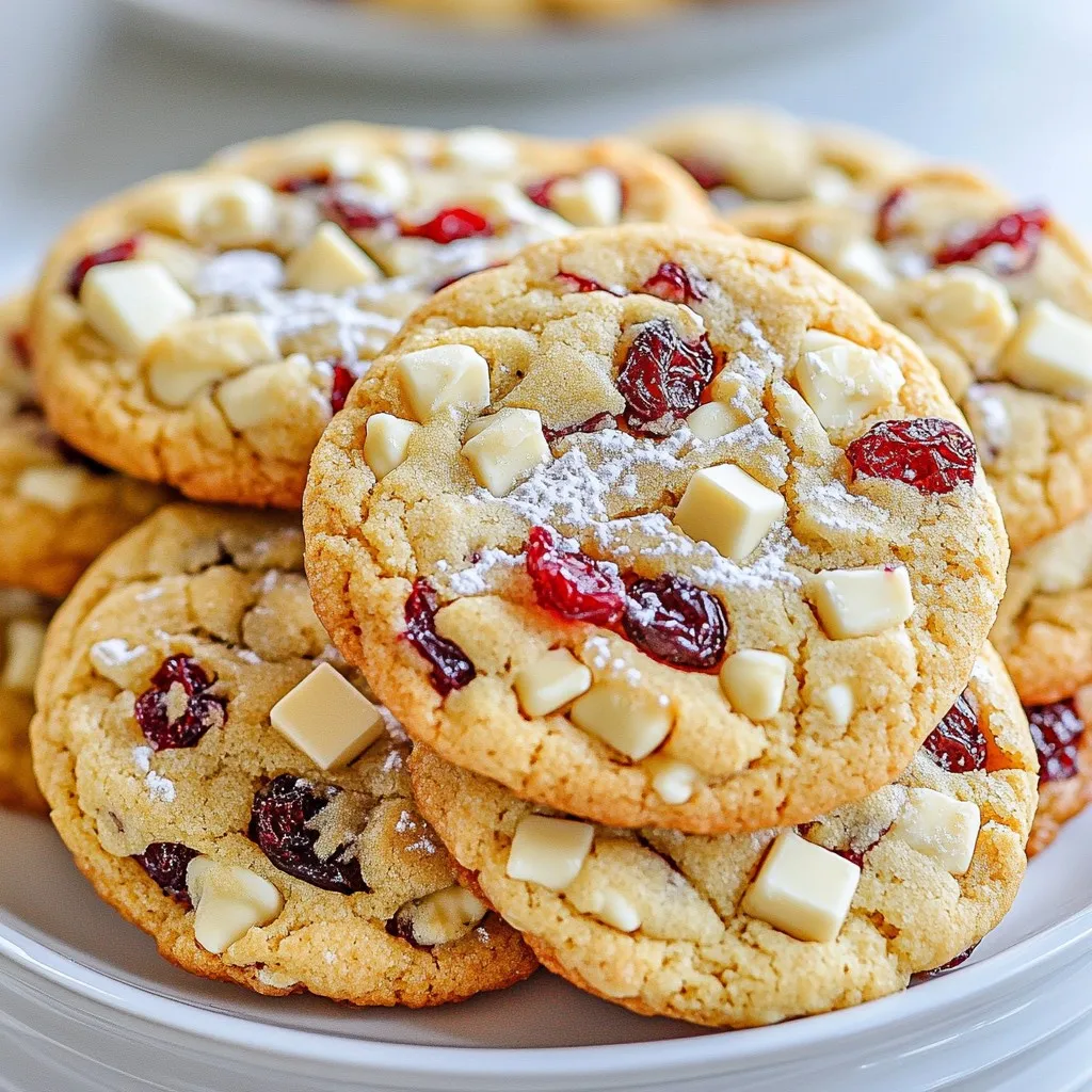 - 1 cup unsalted butter, softened - 3/4 cup brown sugar, packed - 1/2 cup granulated sugar - 1 large egg - 1 teaspoon vanilla extract - 2 cups all-purpose flour - 1/2 teaspoon baking soda - 1/4 teaspoon salt - 1 cup white chocolate chips - 1 cup dried cranberries - Zest of 1 orange (optional, for added flavor) These ingredients create a chewy and delicious cookie. The unsalted butter gives a rich flavor. The mix of brown and granulated sugar adds sweetness and depth. The egg brings moisture and helps the cookie rise. Vanilla extract gives a warm, inviting taste. Flour is the base for the dough. Baking soda helps the cookies rise for that perfect texture. A pinch of salt balances the sweetness. The white chocolate chips melt beautifully and add creaminess. Dried cranberries provide a tart contrast to the sweet chocolate. Lastly, adding orange zest can brighten the flavors. It gives an extra zing and freshness. Feel free to try this option for a unique twist! This mix of flavors makes each bite a delight. {{ingredient_image_1}} 1. Preheat the oven and prepare the baking sheet Start by preheating your oven to 350°F (175°C). Grab a baking sheet and line it with parchment paper. This makes cleanup easy and helps cookies bake evenly. 2. Creaming the butter and sugars In a large bowl, take 1 cup of softened unsalted butter. Add 3/4 cup of packed brown sugar and 1/2 cup of granulated sugar. Mix them together until the mixture is light and fluffy. This step is key for a chewy texture. 3. Mixing the wet ingredients Now, crack in 1 large egg and pour in 1 teaspoon of vanilla extract. Stir until everything is well combined. This adds moisture and flavor to your cookies. 4. Combining dry ingredients with wet ingredients In a separate bowl, whisk together 2 cups of all-purpose flour, 1/2 teaspoon of baking soda, and 1/4 teaspoon of salt. Gradually add this dry mix to the wet ingredients. Stir gently until just combined. Be careful not to over-mix; this keeps your cookies soft. 5. Folding in treats and optional zest Finally, fold in 1 cup of white chocolate chips, 1 cup of dried cranberries, and the optional zest of 1 orange. This adds a bright flavor and lovely color to your dough. 1. Dropping dough onto the baking sheet Using a tablespoon or cookie scoop, drop rounded balls of dough onto your prepared baking sheet. Space them about 2 inches apart to give them room to spread. 2. Baking time and temperature Place the baking sheet in the preheated oven. Bake for 10-12 minutes. Look for lightly golden edges, while the centers should still look a bit soft. This helps create that chewy texture. 3. Cooling the cookies Once baked, remove the cookies from the oven. Let them cool on the baking sheet for about 5 minutes. Then, transfer them to a wire rack to cool completely. This helps them firm up without getting too hard. How to achieve the perfect texture To get chewy cookies, do not overmix the dough. Mix until just combined. This keeps your cookies soft and tender. Measuring ingredients accurately Use a kitchen scale for precise measurements. If using cups, spoon flour into the cup then level it off. Avoid scooping directly, as it packs the flour. Using quality chocolate and cranberries Choose high-quality white chocolate chips. They melt better and taste richer. For cranberries, select plump dried ones. They add a nice chewiness to each bite. Presentation tips for festive occasions Serve your cookies on a decorative platter. Add a sprinkle of powdered sugar for a festive touch. You can also add some fresh cranberries or mint leaves for color. Pairing with beverages These cookies pair well with milk or a warm cup of tea. They also complement a fruity sparkling water. The flavors of the cookies shine with these drinks. Pro Tips Chill the Dough: For thicker cookies, chill the cookie dough in the refrigerator for at least 30 minutes before baking. This helps prevent spreading and results in a chewier texture. Use Fresh Ingredients: Ensure your dried cranberries are fresh and moist for the best flavor. If they seem dry, soak them in warm water for a few minutes before adding to the dough. Experiment with Flavors: Feel free to add spices like cinnamon or nutmeg for a warm, festive twist. A pinch of nutmeg can elevate the flavor profile of your cookies. Store Properly: To keep cookies fresh longer, store them in an airtight container at room temperature. You can also freeze the cookies for up to three months for a later treat. {{image_2}} You can make your white chocolate cranberry cookies even better. Try adding nuts or spices. Chopped walnuts or pecans add a nice crunch. They also bring a rich flavor that pairs well with the sweetness of white chocolate. If you like spice, add a pinch of cinnamon or nutmeg. This change gives your cookies a warm twist. Want to change the chocolate? Substitute white chocolate with dark chocolate. Dark chocolate has a richer taste. It balances well with the tartness of cranberries. This swap will delight chocolate lovers and fans of bold flavors. If you need gluten-free cookies, use almond flour instead of all-purpose flour. Almond flour makes the cookies soft and chewy. You can also use a gluten-free blend, which works well in this recipe. Just check the package for specific ratios. For a vegan version, swap the butter with coconut oil. Use a flax egg instead of a real egg. Mix one tablespoon of ground flaxseed with three tablespoons of water. Let it sit for a few minutes to thicken. This will help bind your ingredients. You can also find dairy-free white chocolate chips for a fully vegan treat. To keep your white chocolate cranberry cookies fresh, use an airtight container. This method helps to lock in moisture. Place parchment paper between layers if you stack them. This prevents sticking and keeps them soft. Store the container at room temperature. Avoid areas with direct sunlight or heat. These cookies stay fresh for about one week when stored properly. For longer enjoyment, you can freeze them. Wrap each cookie in plastic wrap and place them in a freezer bag. They can last up to three months in the freezer. When ready to eat, let them thaw at room temperature. Enjoy the same chewy goodness! Can I use fresh cranberries instead of dried? Yes, you can use fresh cranberries. However, they are much more tart. This changes the flavor. You may want to add a bit more sugar to balance it out. Fresh cranberries also add moisture. This can affect the cookie's texture, making it less chewy. How can I prevent cookies from spreading too much? To prevent spreading, chill your dough for at least 30 minutes. Cold dough holds its shape better. Make sure your butter is softened, not melted. Softened butter helps with mixing but keeps the dough firmer. Also, use parchment paper to help with even baking. What should I do if my cookie dough is too dry or wet? If your dough is too dry, add a splash of milk or water. Start with one tablespoon. If it's too wet, add a little more flour. Mix well after each addition. The dough should be soft but not sticky. This helps achieve the perfect cookie texture. These white chocolate cranberry cookies blend sweet and tart flavors perfectly. You learned the key ingredients like butter, sugars, and cranberries, and I shared easy steps for baking. I also covered tips for texture and storage to keep them fresh. Whether you add nuts for crunch or adjust recipes for dietary needs, these cookies can be your new favorite. Try these methods to bring joy to every bake. Enjoy your baking journey!