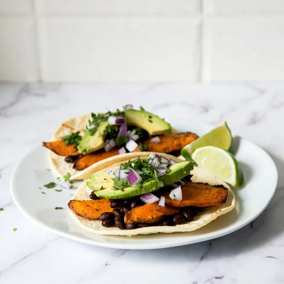 Here are the ingredients you will need for sweet potato black bean tacos: - 2 medium sweet potatoes, peeled and diced - 1 can black beans, drained and rinsed - 1 tablespoon olive oil - 1 teaspoon ground cumin - 1 teaspoon smoked paprika - ½ teaspoon chili powder - Salt and pepper to taste - 8 small corn tortillas - ½ red onion, diced - 1 avocado, sliced - Fresh cilantro, chopped (for garnish) - Lime wedges (for serving) If you don't have some ingredients, don't worry! Here are some easy swaps: - Use butternut squash instead of sweet potatoes for a different flavor. - Canned chickpeas can replace black beans for a nutty taste. - If you prefer, avocado can be swapped for a dollop of sour cream. - Use olive oil or any other oil you like for roasting. - For a kick, try using jalapeños instead of red onion. Sweet potato black bean tacos are not only tasty but also good for you. Here’s a quick look at their nutrition: - Calories: About 350 per serving - Protein: Approximately 12 grams - Fiber: Around 10 grams - Fat: About 10 grams (mostly healthy fats from avocado and olive oil) - Vitamins: High in Vitamin A from sweet potatoes and Vitamin C from lime and avocado These tacos offer a balanced mix of carbs, protein, and healthy fats. They are filling and packed with nutrients. Enjoy these flavors while knowing they are good for your body! {{ingredient_image_1}} 1. Start by preheating your oven to 400°F (200°C). 2. Peel and dice the sweet potatoes. Aim for small, even pieces. 3. Line a baking sheet with parchment paper for easy cleanup. 1. Spread the diced sweet potatoes on the baking sheet. 2. Drizzle with olive oil. 3. Sprinkle cumin, smoked paprika, chili powder, salt, and pepper over the potatoes. 4. Toss the sweet potatoes until they are fully coated with the spices. 5. Roast them for about 25-30 minutes. Stir them halfway for even cooking. 6. While sweet potatoes roast, heat black beans in a small pot over medium heat. 7. Simmer the beans for about 5 minutes. Add salt and pepper to taste. 8. Once the sweet potatoes are tender and caramelized, take them out of the oven. 1. Warm the corn tortillas in a dry skillet for 30 seconds on each side. 2. Place a generous amount of roasted sweet potatoes on each tortilla. 3. Add a spoonful of black beans on top. 4. Sprinkle diced red onion and sliced avocado over the filling. 5. Finish with chopped cilantro and serve with lime wedges on the side. To roast sweet potatoes well, start by cutting them into small cubes. This helps them cook evenly. Use a baking sheet lined with parchment paper for easy cleanup. Preheat your oven to 400°F (200°C). Toss the sweet potatoes in olive oil, cumin, smoked paprika, chili powder, salt, and pepper. Make sure every piece is coated. Roast for 25 to 30 minutes. Stir them halfway to get that nice caramelization. To boost the flavor of your tacos, add lime juice over the sweet potatoes. This adds a bright, fresh taste. You can also sprinkle some chili flakes for heat. If you like extra creaminess, mash the avocado and mix it with lime juice. This gives it a zesty twist. Try adding fresh herbs like cilantro for a pop of freshness, too. Serve your tacos warm. Use small corn tortillas, as they hold the filling well. Fill each tortilla generously with roasted sweet potatoes and black beans. Top with diced red onion and sliced avocado. Don’t forget to garnish with fresh cilantro. Serve lime wedges on the side for squeezing. This adds a nice touch at the table. Enjoy your delicious and filling tacos! Pro Tips Roasting Sweet Potatoes: For the best flavor, ensure the sweet potatoes are spread out evenly on the baking sheet to allow for even caramelization. Spice Variations: Feel free to adjust the spices to your preference; adding cayenne pepper for heat or using taco seasoning can elevate the flavor. Tortilla Tips: Warming the tortillas in a dry skillet not only softens them but also enhances their flavor. Consider wrapping them in a cloth to keep warm. Garnishing: Add a squeeze of lime juice right before serving for a burst of freshness that brightens the dish. {{image_2}} Sweet potato black bean tacos are naturally vegan and gluten-free. The main ingredients—sweet potatoes and black beans—fit perfectly into these diets. Use corn tortillas, which are gluten-free, to keep your tacos light and tasty. If you want to add more protein, consider using quinoa or chickpeas instead of black beans. They blend well with sweet potatoes. You can dress up your tacos in fun ways. Here are some ideas for toppings: - Diced tomatoes - Sliced jalapeños - Shredded lettuce - Crumbled feta or vegan cheese - Salsa or hot sauce These toppings add color and flavor. Mix and match your favorites for a unique twist each time you make them! You can easily adjust the heat level in these tacos. For a spicy kick, add more chili powder or fresh jalapeños. If you prefer mild flavors, stick with the base spices. You can also serve hot sauce on the side. This way, everyone can spice things up as they like. Cooking should be fun and personal! To store leftover tacos, first, let them cool down. Place the tacos in an airtight container. Keep them in the fridge for up to three days. If you have extra filling, store it separately. This keeps the tortillas from getting soggy. You can freeze the sweet potato and black bean filling. Allow it to cool, then pack it in a freezer-safe bag. Remove as much air as possible before sealing. It can last up to three months. When you are ready to eat, just thaw it overnight in the fridge. To reheat the tacos, preheat your oven to 350°F (175°C). Place the tacos on a baking sheet. Heat for about 10-15 minutes until warm. If you’re reheating filling, warm it in a skillet over medium heat. Stir until hot. Enjoy your flavorful tacos just like fresh! Yes, you can prep sweet potato black bean tacos in advance. Roast the sweet potatoes and heat the beans. Store them in separate containers. This makes it easy to assemble tacos later. Just warm the tortillas and fill them when ready to eat. If you can't find corn tortillas, try flour tortillas or lettuce wraps. Both options work well. Flour tortillas offer a soft texture. Lettuce wraps give a fresh, crunchy bite. Choose what you like best and enjoy the flavors. Yes, sweet potato black bean tacos are very healthy. Sweet potatoes are rich in vitamins and fiber. Black beans add protein and more fiber. Together, they create a balanced meal. Add avocado and cilantro for healthy fats and extra flavor. This dish is tasty and good for you! This blog post covered all you need for sweet potato black bean tacos. We explored ingredients, cooking steps, and helpful tips to make the best tacos. I shared ways to adjust the recipe for your needs, from vegan options to spicy versions. You learned smart storage methods and answers to common questions. Making these tacos is easy and fun. Use this guide to create tasty meals that everyone will love. Enjoy your cooking journey and try out different flavors!
