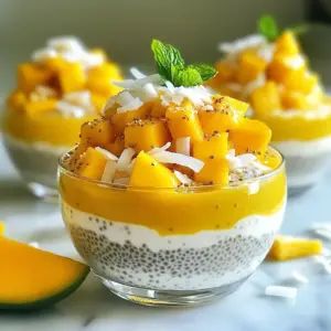 To make this tasty treat, you'll need just a few simple items: - 1 cup coconut milk (canned or carton) - 1/4 cup chia seeds - 2 tablespoons maple syrup or honey - 1 ripe mango, pureed - 1/2 teaspoon vanilla extract These main ingredients create a rich, creamy base for your pudding. Coconut milk gives a nice tropical flavor, while chia seeds add texture and nutrition. The mango puree brings sweetness and a bright color. To make your pudding look fancy, consider these toppings: - Fresh mango slices - Toasted coconut flakes - Mint leaves (optional) These garnishes not only enhance the look but also add layers of flavor. Fresh mango slices add freshness, while toasted coconut gives a nice crunch. If you don&rsquo;t have all the main ingredients, don&rsquo;t worry. Here are some swaps you can try: - Use almond milk instead of coconut milk for a different taste. - You can replace maple syrup with agave syrup if you prefer. - Any ripe fruit can work instead of mango, like peach or banana. These alternatives still keep the pudding delicious and fun. Feel free to experiment and find your favorite version! {{ingredient_image_1}} First, gather your ingredients. You need: - 1 cup coconut milk - 1/4 cup chia seeds - 2 tablespoons maple syrup or honey - 1 ripe mango, pureed - 1/2 teaspoon vanilla extract In a medium bowl, whisk together the coconut milk, chia seeds, maple syrup, and vanilla. Make sure everything mixes well. After that, let the mix sit for about 5 minutes. This helps the chia seeds absorb some liquid. Stir the mix again to break up any clumps. Cover the bowl with plastic wrap or a lid. Place it in the fridge for at least 4 hours, or overnight if you can wait. This chilling time is key. It allows the chia seeds to swell and create that lovely pudding texture. Once the pudding sets, take it out of the fridge. Stir it well again. If you want it sweeter, add more maple syrup or honey to taste. Now it&rsquo;s time to serve! Layer the chia pudding into clear glasses or bowls. Alternate with layers of mango puree for a beautiful look. Top it off with fresh mango slices and toasted coconut flakes. If you like, add mint leaves for a pop of color and flavor. Enjoy your tasty and healthy treat! To get the right pudding consistency, use a good ratio of coconut milk to chia seeds. I recommend one cup of coconut milk for every quarter cup of chia seeds. This mix will thicken well. After you whisk the ingredients together, let it sit for about five minutes. Then, stir again to break up any clumps. Cover and chill the mixture for at least four hours or overnight. The longer it sits, the thicker it gets. Taste is key when making this pudding. Start with two tablespoons of maple syrup or honey. After chilling, you can taste and add more sweetener if needed. Each mango has a different sweetness level. Adjust based on your taste preferences. If you prefer a less sweet pudding, reduce the sweetener. Serving this pudding is fun! Use clear glasses to show off the beautiful layers. Start with a layer of chia pudding, then add a layer of mango puree. Repeat this until the glass is full. To finish, top it with fresh mango slices and toasted coconut flakes. For a fresh touch, add a mint leaf on top. It makes the dish look fancy and inviting. Pro Tips Chia Seed Soaking: Ensure the chia seeds are fully submerged in the liquid to achieve the perfect pudding consistency. Sweetness Adjustment: Taste the pudding before serving; you can easily add more sweetener if needed. Mango Puree Texture: Blend the mango until completely smooth for a creamy layer that complements the chia pudding. Garnish Creativity: Experiment with different toppings like berries or nuts for added texture and flavor variations. {{image_2}} You can easily change the flavors in your mango coconut chia pudding. Try using other tropical fruits. Pineapple, kiwi, or passion fruit work great. Just use the same amount of pureed fruit. This gives your pudding a fun twist. You can mix and match flavors to find your favorite. To make this recipe vegan, use maple syrup instead of honey. Maple syrup adds a sweet touch and keeps it plant-based. For a sugar-free option, consider using a sugar substitute like stevia. Adjust the amount to suit your taste. This way, you can enjoy the pudding without added sugar. Add a pinch of salt to bring out the sweetness in your pudding. You can also try spices like cinnamon or nutmeg for a warm flavor. If you love coconut, add shredded coconut to the mix. This gives an extra crunch and coconut taste. To keep your mango coconut chia pudding fresh, use an airtight container. This will stop air and moisture from spoiling it. Place the pudding in the fridge right away. It stays tasty for later servings. If you have extra toppings, store them separately. Your chia pudding can last in the fridge for up to five days. After that, it may lose flavor and texture. Always check for any signs of spoilage before eating. If it smells sour or changes color, it&rsquo;s best to toss it. When you&rsquo;re ready to enjoy your pudding again, give it a good stir. This helps mix the chia seeds and coconut milk back together. If it seems thick, add a splash of coconut milk to loosen it. You can also freshen it up with more mango slices or coconut flakes. Yes, you can make this pudding ahead of time. In fact, chilling it overnight helps the chia seeds absorb the coconut milk. This gives the pudding a thick and creamy texture. I often prepare it the night before a busy day. Just remember to store it in the fridge in a covered bowl. Chia seeds are tiny but mighty! They are packed with fiber, which helps digestion. They also offer healthy fats, like omega-3s, that are good for your heart. Plus, they are a great source of protein and calcium. Eating chia seeds can help keep you full for longer, making them a smart choice for snacks or meals. To avoid clumping, whisk the chia seeds well with the liquid right away. Let the mixture sit for about 5 minutes, then stir again. This second stir helps break up any clumps that may form. Always ensure you mix the ingredients thoroughly before refrigerating. Following these steps will give you a smooth and creamy pudding every time. Mango Coconut Chia Pudding is a simple and tasty treat. I shared main ingredients, options for garnishes, and fun alternatives. You learned step-by-step how to make it and chill it perfectly. Tips for the best texture and sweet balance were also included. Think about fun variations, storage tips, and common questions to make it your own. Enjoy making this healthy dessert that fits your taste and needs.