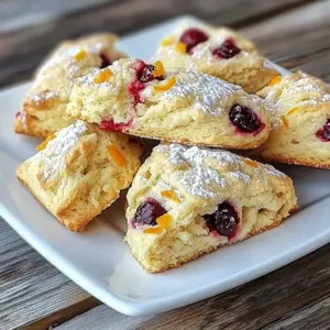 To make these delightful scones, gather these simple ingredients: - 2 cups all-purpose flour - 1/2 cup granulated sugar - 1 tablespoon baking powder - 1/2 teaspoon salt - 1/2 cup unsalted butter, chilled and diced - 3/4 cup fresh cranberries, chopped (or dried cranberries) - 1 tablespoon orange zest - 1/2 cup heavy cream - 1 large egg - 1 teaspoon vanilla extract - Extra granulated sugar for sprinkling You can add a personal touch to your scones with these optional ingredients: - 1/2 cup chopped nuts (like walnuts or pecans) - 1/2 teaspoon cinnamon for warmth - 1/4 cup chocolate chips for sweetness - A drizzle of glaze made from powdered sugar and orange juice If you have dietary needs, try these substitutions: - Use whole wheat flour for a heartier scone. - Replace heavy cream with coconut cream for a dairy-free option. - Substitute the egg with a flaxseed meal mix (1 tablespoon flaxseed meal + 2.5 tablespoons water) for a vegan choice. - Use a sugar substitute to lower the sweetness without losing taste. These adjustments help you enjoy the scones while meeting your dietary goals. {{ingredient_image_1}} First, set your oven to 400&deg;F (200&deg;C). This heat helps the scones rise nicely. Next, grab a baking sheet and line it with parchment paper. This keeps the scones from sticking. It also makes cleanup easy. In a big bowl, whisk together the flour, sugar, baking powder, and salt. Make sure they mix well. This step is key for even flavor. The flour gives structure, while sugar adds sweetness. Baking powder helps the scones rise, and salt balances the flavors. In another bowl, whisk the heavy cream, egg, and vanilla extract. This mixture brings moisture and flavor. Next, pour this wet mix into the dry ingredients. Gently stir until just combined. Avoid overmixing; you want a slightly sticky dough. This dough will make soft and fluffy scones. Transfer the dough to a floured surface. Pat it into a disc about 1-inch thick. Now, you can cut the dough into 8 wedges. You can also use a round cutter for circular scones. Place the shaped scones on your lined baking sheet, leaving space between them. Brush the tops of the scones with a bit of extra cream. Then, sprinkle with some granulated sugar for sweetness. Bake in your preheated oven for 15-18 minutes. Look for a golden brown color on top. Once baked, let them cool on the sheet for a few minutes. After that, move them to a wire rack to cool completely. Enjoy the amazing smell as they bake! To get the best scone texture, keep these tips in mind: - Use cold butter. Cold butter helps create flaky layers. - Don&rsquo;t overmix the dough. Mix until just combined for a tender scone. - Pat the dough gently. Use your hands to shape it, not a rolling pin. - Chill the dough. If possible, chill the shaped scones for 15 minutes before baking. These steps give you a light and airy scone. Here are some helpful tools for making cranberry orange scones: - Mixing bowls: Use a large bowl for dry and a smaller one for wet ingredients. - Pastry cutter: This tool helps blend the cold butter into the flour. - Baking sheet: A sturdy baking sheet ensures even baking. - Parchment paper: Line the sheet for easy cleanup and to prevent sticking. - Wire rack: Use this for cooling the scones after baking. Having the right tools makes baking easier and more fun. Cranberry orange scones taste great on their own. Try these ideas to enhance your experience: - Serve with butter: Spread a little butter on warm scones. - Add jam or cream: Pair with orange marmalade or clotted cream. - Enjoy with tea or coffee: These scones make a perfect treat with your morning drink. - Top with glaze: A simple icing made from powdered sugar and orange juice is delightful. These serving ideas bring out the best flavors in your scones. Enjoy your tasty morning treat! Pro Tips Chill Your Ingredients: Ensure the butter and cream are very cold before using. This helps create flaky layers in your scones. Don't Overmix: Mix the dough until just combined. Overmixing can lead to tough scones. Add More Zest: For a more pronounced citrus flavor, feel free to add more orange zest to the dough. Experiment with Add-Ins: Try adding nuts, chocolate chips, or different dried fruits to customize your scones. {{image_2}} Glazes can add a sweet touch to your scones. A simple glaze uses powdered sugar and orange juice. Mix them until smooth. Drizzle it on warm scones for a nice shine. You can also make a cream cheese glaze. Blend cream cheese, powdered sugar, and a splash of orange juice. This adds richness and flavor. You can switch fresh cranberries for dried ones. Dried cranberries offer a sweeter flavor. If you want a tart taste, stick with fresh. You can also swap orange zest with lemon zest for a different citrus kick. Use whole wheat flour instead of all-purpose flour for a healthier option. Adding spices can elevate your scones. A pinch of cinnamon or nutmeg gives warmth. You might also add chopped nuts for crunch. Walnuts or pecans work well with the cranberries. For a fun twist, mix in some chocolate chips. The sweetness pairs nicely with the tartness of the cranberries. To keep your scones fresh, place them in an airtight container. This helps prevent them from drying out. You can store them at room temperature for up to two days. If you want to keep them longer, consider refrigerating them. Just make sure they are sealed well to maintain moisture and flavor. If you have extra scones, freezing is a great option. First, let the scones cool completely. Then, wrap each scone in plastic wrap. After that, place them in a freezer bag or airtight container. They can last in the freezer for up to three months. When you're ready to enjoy, just thaw them in the fridge overnight. To reheat your scones, preheat your oven to 350&deg;F (175&deg;C). Place the scones on a baking sheet. Heat them for about 10 minutes. This method keeps them warm and soft. You can also use a microwave, but be careful. Heat them in short bursts to avoid making them tough. Enjoy your delicious scones fresh and warm! Yes, you can use frozen cranberries. They work well in scones. Just chop them while frozen. This keeps the scones moist and flavorful. However, fresh cranberries give a brighter taste. If you use frozen, expect a slight change in texture. To make the scones healthier, swap some flour for whole wheat flour. Use less sugar or a natural sweetener. You can also add oats for extra fiber. Replace heavy cream with Greek yogurt for a lighter option. These changes keep the scones tasty and nutritious. Serve cranberry orange scones warm from the oven. They pair well with butter or cream cheese. Add a drizzle of honey for sweetness. A hot cup of tea or coffee complements the scones perfectly. You can also serve them with fresh fruit for a lovely breakfast. Yes, you can prepare the dough ahead of time. Form the dough into a disc and wrap it tightly. Store it in the fridge for up to 24 hours. When ready, just slice and bake. This way, you can enjoy fresh scones with minimal effort! Cranberry orange scones are easy and fun to make. We covered the key ingredients, offered tips for texture, and shared ways to customize them. You can swap ingredients or add flavors to fit your taste. Proper storage and reheating help keep scones fresh. In the end, enjoy baking these scones and sharing them. They bring warmth and fun to any gathering. Your kitchen will smell amazing, and everyone will love the results!
