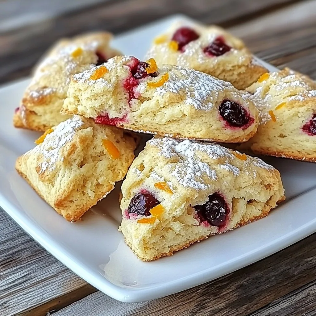 To make these delightful scones, gather these simple ingredients: - 2 cups all-purpose flour - 1/2 cup granulated sugar - 1 tablespoon baking powder - 1/2 teaspoon salt - 1/2 cup unsalted butter, chilled and diced - 3/4 cup fresh cranberries, chopped (or dried cranberries) - 1 tablespoon orange zest - 1/2 cup heavy cream - 1 large egg - 1 teaspoon vanilla extract - Extra granulated sugar for sprinkling You can add a personal touch to your scones with these optional ingredients: - 1/2 cup chopped nuts (like walnuts or pecans) - 1/2 teaspoon cinnamon for warmth - 1/4 cup chocolate chips for sweetness - A drizzle of glaze made from powdered sugar and orange juice If you have dietary needs, try these substitutions: - Use whole wheat flour for a heartier scone. - Replace heavy cream with coconut cream for a dairy-free option. - Substitute the egg with a flaxseed meal mix (1 tablespoon flaxseed meal + 2.5 tablespoons water) for a vegan choice. - Use a sugar substitute to lower the sweetness without losing taste. These adjustments help you enjoy the scones while meeting your dietary goals. {{ingredient_image_1}} First, set your oven to 400°F (200°C). This heat helps the scones rise nicely. Next, grab a baking sheet and line it with parchment paper. This keeps the scones from sticking. It also makes cleanup easy. In a big bowl, whisk together the flour, sugar, baking powder, and salt. Make sure they mix well. This step is key for even flavor. The flour gives structure, while sugar adds sweetness. Baking powder helps the scones rise, and salt balances the flavors. In another bowl, whisk the heavy cream, egg, and vanilla extract. This mixture brings moisture and flavor. Next, pour this wet mix into the dry ingredients. Gently stir until just combined. Avoid overmixing; you want a slightly sticky dough. This dough will make soft and fluffy scones. Transfer the dough to a floured surface. Pat it into a disc about 1-inch thick. Now, you can cut the dough into 8 wedges. You can also use a round cutter for circular scones. Place the shaped scones on your lined baking sheet, leaving space between them. Brush the tops of the scones with a bit of extra cream. Then, sprinkle with some granulated sugar for sweetness. Bake in your preheated oven for 15-18 minutes. Look for a golden brown color on top. Once baked, let them cool on the sheet for a few minutes. After that, move them to a wire rack to cool completely. Enjoy the amazing smell as they bake! To get the best scone texture, keep these tips in mind: - Use cold butter. Cold butter helps create flaky layers. - Don’t overmix the dough. Mix until just combined for a tender scone. - Pat the dough gently. Use your hands to shape it, not a rolling pin. - Chill the dough. If possible, chill the shaped scones for 15 minutes before baking. These steps give you a light and airy scone. Here are some helpful tools for making cranberry orange scones: - Mixing bowls: Use a large bowl for dry and a smaller one for wet ingredients. - Pastry cutter: This tool helps blend the cold butter into the flour. - Baking sheet: A sturdy baking sheet ensures even baking. - Parchment paper: Line the sheet for easy cleanup and to prevent sticking. - Wire rack: Use this for cooling the scones after baking. Having the right tools makes baking easier and more fun. Cranberry orange scones taste great on their own. Try these ideas to enhance your experience: - Serve with butter: Spread a little butter on warm scones. - Add jam or cream: Pair with orange marmalade or clotted cream. - Enjoy with tea or coffee: These scones make a perfect treat with your morning drink. - Top with glaze: A simple icing made from powdered sugar and orange juice is delightful. These serving ideas bring out the best flavors in your scones. Enjoy your tasty morning treat! Pro Tips Chill Your Ingredients: Ensure the butter and cream are very cold before using. This helps create flaky layers in your scones. Don't Overmix: Mix the dough until just combined. Overmixing can lead to tough scones. Add More Zest: For a more pronounced citrus flavor, feel free to add more orange zest to the dough. Experiment with Add-Ins: Try adding nuts, chocolate chips, or different dried fruits to customize your scones. {{image_2}} Glazes can add a sweet touch to your scones. A simple glaze uses powdered sugar and orange juice. Mix them until smooth. Drizzle it on warm scones for a nice shine. You can also make a cream cheese glaze. Blend cream cheese, powdered sugar, and a splash of orange juice. This adds richness and flavor. You can switch fresh cranberries for dried ones. Dried cranberries offer a sweeter flavor. If you want a tart taste, stick with fresh. You can also swap orange zest with lemon zest for a different citrus kick. Use whole wheat flour instead of all-purpose flour for a healthier option. Adding spices can elevate your scones. A pinch of cinnamon or nutmeg gives warmth. You might also add chopped nuts for crunch. Walnuts or pecans work well with the cranberries. For a fun twist, mix in some chocolate chips. The sweetness pairs nicely with the tartness of the cranberries. To keep your scones fresh, place them in an airtight container. This helps prevent them from drying out. You can store them at room temperature for up to two days. If you want to keep them longer, consider refrigerating them. Just make sure they are sealed well to maintain moisture and flavor. If you have extra scones, freezing is a great option. First, let the scones cool completely. Then, wrap each scone in plastic wrap. After that, place them in a freezer bag or airtight container. They can last in the freezer for up to three months. When you're ready to enjoy, just thaw them in the fridge overnight. To reheat your scones, preheat your oven to 350°F (175°C). Place the scones on a baking sheet. Heat them for about 10 minutes. This method keeps them warm and soft. You can also use a microwave, but be careful. Heat them in short bursts to avoid making them tough. Enjoy your delicious scones fresh and warm! Yes, you can use frozen cranberries. They work well in scones. Just chop them while frozen. This keeps the scones moist and flavorful. However, fresh cranberries give a brighter taste. If you use frozen, expect a slight change in texture. To make the scones healthier, swap some flour for whole wheat flour. Use less sugar or a natural sweetener. You can also add oats for extra fiber. Replace heavy cream with Greek yogurt for a lighter option. These changes keep the scones tasty and nutritious. Serve cranberry orange scones warm from the oven. They pair well with butter or cream cheese. Add a drizzle of honey for sweetness. A hot cup of tea or coffee complements the scones perfectly. You can also serve them with fresh fruit for a lovely breakfast. Yes, you can prepare the dough ahead of time. Form the dough into a disc and wrap it tightly. Store it in the fridge for up to 24 hours. When ready, just slice and bake. This way, you can enjoy fresh scones with minimal effort! Cranberry orange scones are easy and fun to make. We covered the key ingredients, offered tips for texture, and shared ways to customize them. You can swap ingredients or add flavors to fit your taste. Proper storage and reheating help keep scones fresh. In the end, enjoy baking these scones and sharing them. They bring warmth and fun to any gathering. Your kitchen will smell amazing, and everyone will love the results!
