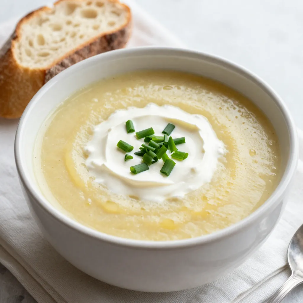 To make this creamy potato leek soup, gather these fresh ingredients: - 4 medium Yukon Gold potatoes, peeled and diced - 3 large leeks, white and light green parts only, cleaned and sliced - 1 medium onion, diced - 3 tablespoons unsalted butter - 4 cups vegetable broth - 1 cup heavy cream (or coconut cream for a dairy-free option) - 2 cloves garlic, minced - 1 teaspoon dried thyme - Salt and pepper to taste - Fresh chives, chopped, for garnish You can easily adapt this recipe. For a vegan option, swap heavy cream for coconut cream. You can use olive oil instead of butter for sautéing. If you lack leeks, use onions or shallots. For a richer taste, consider adding nutritional yeast. This ingredient gives a cheesy flavor without dairy. Fresh ingredients make a big difference in flavor. Fresh leeks and potatoes have a brighter taste. They bring out the best in your soup. When you use fresh herbs, like chives, they add a burst of flavor and color. Trust me; it’s worth the extra effort to find quality produce. Fresh ingredients elevate your dish from good to great! {{ingredient_image_1}} Start by cleaning the leeks well. They often hide dirt. Cut off the dark green tops and the root ends. Slice the white and light green parts in half lengthwise. Then, chop them into thin half-moons. Rinse them under cold water. Move them around to remove any dirt. Drain well and set aside. This step is key for a clean soup. In a large pot, melt three tablespoons of unsalted butter over medium heat. Add the diced onion and sliced leeks. Cook until they become soft and clear, about 5 to 7 minutes. Add minced garlic and stir for one more minute. It will smell great! Next, add the diced Yukon Gold potatoes and dried thyme. Mix well. Pour in four cups of vegetable broth. Raise the heat until it boils. Once boiling, lower the heat and let it simmer for about 20 minutes. The potatoes should be tender. Once the potatoes are soft, it’s time to blend. You can use an immersion blender right in the pot. Blend until it is smooth and creamy. If you don’t have one, carefully transfer the soup in batches to a blender. After blending, return it to the pot. Stir in one cup of heavy cream. Let it heat on low for about five minutes. Season with salt and pepper. If you want, add fresh chives to blend for extra flavor. Serve hot with a sprinkle of chives on top. Enjoy this rich and tasty soup! To get a silky texture, blend the soup well. Use an immersion blender for ease. If you use a regular blender, blend small batches. This helps avoid splashes. Blend until no lumps remain. If it feels too thick, add more broth or cream. Salt and pepper are must-haves for this soup. Start with a little, and taste as you go. Dried thyme adds depth. For a twist, try fresh herbs like chives or parsley. A squeeze of lemon juice brightens the flavor. You can also add a pinch of nutmeg for warmth. One mistake is not cleaning leeks well. Dirt hides between the layers, so rinse them well. Another common error is not cooking the onions enough. They should be soft and clear before adding potatoes. Overblending can also happen; stop when it’s smooth but not watery. Finally, don’t skip tasting! Adjust seasoning to your liking. Pro Tips Choose the Right Potatoes: Yukon Gold potatoes are ideal for this soup due to their creamy texture. You can also experiment with other waxy potatoes for different flavors. Cleaning Leeks: Leeks can trap dirt between their layers. To clean them properly, slice them in half lengthwise and rinse under cold water, ensuring all grit is removed. Texture Preference: If you prefer a chunkier soup, reserve some of the potato pieces before blending and stir them back in after pureeing the soup. Flavor Enhancements: For an extra flavor boost, sauté a few chopped pancetta or bacon pieces with the onions and leeks for a smoky depth in your soup. {{image_2}} You can make this soup dairy-free by using coconut cream instead of heavy cream. Coconut cream adds a rich, creamy texture. It also gives a subtle sweetness that works well with leeks and potatoes. To make this swap, use one cup of coconut cream in the recipe. You can find coconut cream in most stores, usually near the canned coconut milk. Feel free to add more vegetables to your soup! Carrots, celery, or spinach all blend well. If you want extra protein, try adding cooked chicken, beans, or lentils. These additions can make the soup heartier. Just be sure to chop the veggies small so they cook evenly. If you like heat, add spices to your soup for a zesty kick. Try adding a pinch of cayenne pepper or red pepper flakes while cooking. You can also toss in fresh jalapeños for a more intense flavor. Adjust the spice level to fit your taste. The warmth from the spices balances the creamy soup beautifully. Store leftover creamy potato leek soup in an airtight container. Let it cool first. Place it in the fridge within two hours of cooking. The soup stays fresh for up to three days. Always label the container with the date. This way, you know when to use it. To freeze the soup, let it cool completely. Pour it into freezer-safe bags or containers. Remove as much air as possible to prevent freezer burn. The soup can last up to three months in the freezer. When ready to use, thaw it overnight in the fridge. Reheat the soup on the stove over low heat for best results. Stir it often to ensure even heating. If the soup seems too thick, add a splash of broth or water. You can also use a microwave, heating in short intervals. Make sure to stir between heating for even warmth. You can serve many tasty items with this soup. Crusty bread pairs well. A fresh salad adds crunch. For more protein, try grilled cheese sandwiches. You can also serve roasted vegetables for extra flavor. A sprinkle of cheese on top can make it even better. Creamy Potato Leek Soup lasts about three to five days in the fridge. Store it in an airtight container to keep it fresh. Make sure it cools down before you put it in the fridge. If you see any signs of spoilage, throw it away. Yes, you can make this soup ahead of time. It tastes great when you prepare it a day in advance. The flavors deepen as it sits. Just reheat it on low heat before serving. Add a splash of cream to restore its richness. This blog post covers everything about making creamy potato leek soup. We discussed key ingredients, cooking steps, and helpful tips. You learned about variations and how to store leftovers. I hope these ideas inspire you to cook this comforting dish. Remember, fresh ingredients make a big difference. With practice, you can master the perfect creamy potato leek soup each time you cook. Enjoy your cooking journey!