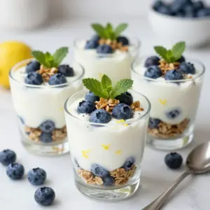 To make zesty lemon blueberry yogurt parfaits, gather these simple ingredients: - 2 cups Greek yogurt (plain or vanilla) - 1 cup fresh blueberries - 1 medium lemon (zested and juiced) - 1 tablespoon honey (adjust to taste) - 1 cup granola (your choice) - 2 tablespoons chia seeds (optional) - Fresh mint leaves for garnish You can easily swap some ingredients if needed. Try these options: - Use coconut yogurt for a dairy-free version. - Swap honey for maple syrup or agave for vegan options. - If you don't have fresh blueberries, try raspberries or strawberries. - Use low-fat yogurt if you prefer a lighter option. Each ingredient in this recipe offers health benefits: - Greek yogurt is high in protein and good for digestion. - Blueberries are rich in antioxidants and may boost brain health. - Lemon adds vitamin C and aids in hydration. - Chia seeds provide fiber and omega-3 fatty acids. - Granola adds crunch and can offer whole grains, but watch the sugar. These ingredients not only make the parfait tasty, but they also support your health. {{ingredient_image_1}} 1. Grab a medium bowl. 2. Add 2 cups of Greek yogurt to the bowl. 3. Zest and juice 1 medium lemon. 4. Mix the lemon zest, juice, and 1 tablespoon of honey into the yogurt. 5. Stir until the mix is smooth and creamy. 6. Taste it. Add more honey if you want it sweeter. 7. In another bowl, gently fold in 1 cup of fresh blueberries. 1. Get your serving glasses or bowls ready. 2. Scoop a layer of the lemon yogurt mix into the bottom. 3. Add a layer of granola on top of the yogurt. 4. Next, spoon in a layer of the blueberry mix. 5. Repeat these layers until the glasses are full. 6. Finish with a dollop of yogurt and some granola on top. 7. If you want, sprinkle 2 tablespoons of chia seeds on the last yogurt layer. 8. Add fresh mint leaves for a nice touch. - Use clear glasses to show off the layers. - Make sure to spoon gently to keep layers separate. - Start with yogurt for a strong base. - Keep the granola crunchy by adding it last. - Experiment with the order of layers for fun! Start with one tablespoon of honey. This adds a nice touch of sweetness. Taste the yogurt mix. If you like it sweeter, add more honey. You can adjust the sweetness based on your taste. Remember, the blueberries also add natural sugar. So, balance the flavors as you go. Use plain or vanilla Greek yogurt for creaminess. This type of yogurt is thick and rich. Mix in the lemon juice and zest well. This helps create a smooth texture. If you want a lighter feel, try regular yogurt instead. Just know it will be less thick. Use clear glasses or bowls to show off the layers. Start with yogurt, then granola, and blueberries. Repeat these layers until you reach the top. For a fun twist, add fresh mint leaves on top. They add color and a fresh taste. Serve right away for the best texture, or chill briefly before serving. Pro Tips Choose Quality Yogurt: Opt for high-quality Greek yogurt for a creamier texture and better flavor. Fresh Ingredients Matter: Using fresh blueberries and mint will enhance the overall taste of your parfait. Layering is Key: Make sure to layer your ingredients carefully for a beautiful presentation and balanced flavor in every bite. Chill Before Serving: Allowing the parfaits to chill in the fridge for a bit can help the flavors meld beautifully. {{image_2}} You can switch up the flavors in your parfaits. Try adding other fruits like strawberries, raspberries, or peaches. These fruits pair well with lemon and add a fun twist. You can even mix in some tropical flavors, like mango or pineapple. You can create a berry medley by combining blueberries with blackberries or strawberries. The options are endless, so get creative! If you want to change the sweetness, try different sweeteners. Maple syrup or agave nectar works well. You can also use stevia or monk fruit for a lower-calorie option. Each sweetener has a unique taste, so experiment until you find your favorite. Just remember to adjust the amount based on how sweet you want your parfaits. Making dairy-free or vegan parfaits is easy. Use coconut yogurt or almond yogurt as a base. These options are rich and creamy. You can also use plant-based granola, ensuring it has no honey or dairy. For added flavor, try adding a splash of vanilla extract to your yogurt. Enjoying a tasty parfait is possible for everyone, no matter their diet. After enjoying your lemon blueberry yogurt parfaits, store any leftovers in the fridge. Use an airtight container to keep them fresh. This helps the yogurt and fruit stay tasty. If you see any liquid, just stir it back in before eating. Aim to eat leftovers within two days for the best flavor. To keep your ingredients fresh, store your yogurt in the coldest part of the fridge. Keep blueberries in their original container or a breathable bag. This lets air flow while keeping them from getting mushy. Store granola in a sealed bag or container to avoid moisture. This keeps it crunchy. Assembled parfaits are best eaten fresh. If you must store them, eat within one day. The yogurt can separate, and the granola will get soggy. If you want to prepare in advance, layer only yogurt and blueberries. Add granola just before serving to keep it crispy. Yes, you can make Lemon Blueberry Yogurt Parfaits ahead of time. Prepare the yogurt mixture and store it in the fridge. Keep the granola separate to stay crunchy. Layer the parfaits just before serving for the best texture. If you assemble them too early, the granola can get soggy. This dish is best enjoyed fresh for full flavor. For this recipe, Greek yogurt is my top choice. It is thick, creamy, and rich in protein. You can use plain or vanilla-flavored yogurt. Plain yogurt allows the lemon flavor to shine through. If you want a lighter option, try regular yogurt. For a dairy-free alternative, coconut or almond yogurt works well too. To lower the calories in this recipe, use low-fat or non-fat yogurt. You can also reduce the amount of honey or use a sugar substitute. Try adding more fruit to enhance sweetness without extra calories. Granola can be high in calories, so use a light sprinkle instead. Lastly, skip the chia seeds if you want to cut back on calories. This blog post covered key aspects of making Lemon Blueberry Yogurt Parfaits. We explored ingredients and their healthy benefits, step-by-step instructions for preparation and assembly, and tips for balancing sweetness and consistency. We also discussed variations for flavors and dietary needs, plus storage tips to keep your parfaits fresh. Remember, you can personalize this recipe to suit your taste. Mixing flavors and trying new ingredients makes it fun. Enjoy making and sharing your parfaits!