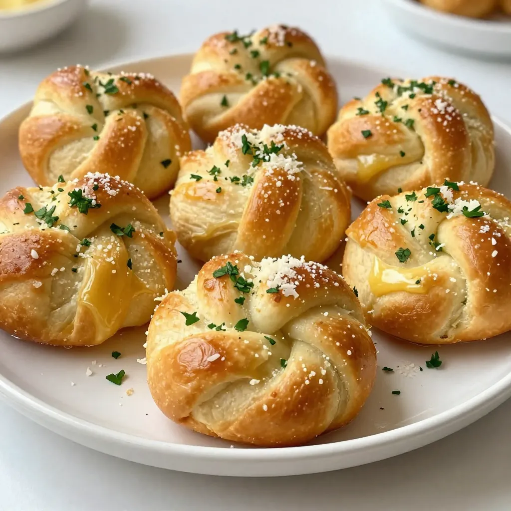 - 1 lb pizza dough (store-bought or homemade) - 4 tablespoons unsalted butter, melted - 4 cloves garlic, minced - 2 tablespoons fresh parsley, chopped - 1 teaspoon dried oregano - 1/2 teaspoon salt - 1/4 teaspoon black pepper - Grated Parmesan cheese (optional, for garnish) Buttery garlic knots are simple yet full of flavor. The main ingredient is pizza dough. You can use store-bought dough for speed or make your own if you prefer. The dough gives the knots their soft and chewy texture. Next, we have unsalted butter. It adds richness and helps the garlic flavor shine. Minced garlic provides that classic taste we all love. I use four cloves to make it strong, but you can adjust it to your liking. Fresh parsley brings a bright note. It also adds a nice pop of color. Dried oregano gives an earthy taste that pairs well with the garlic. Salt and black pepper enhance all these flavors, making each bite delicious. Finally, sprinkle grated Parmesan cheese on top if you want extra flavor. It melts slightly and adds a nice salty touch. Gather these ingredients, and you’re ready to make your buttery garlic knots! {{ingredient_image_1}} First, you need to preheat your oven to 400°F (200°C). While it heats, line a baking sheet with parchment paper. This step keeps the knots from sticking. Next, take your pizza dough and place it on a lightly floured surface. Divide it into 8 equal pieces. Now, roll each piece into a long rope, about 8 inches long. Once you have the ropes, tie each one into a knot. Place all the knots on the prepared baking sheet. Make sure they have some space between them. This helps them rise and bake evenly. In a small bowl, combine the melted butter, minced garlic, chopped parsley, oregano, salt, and black pepper. This mix makes your garlic butter. Stir everything until it blends well. The garlic and herbs will give the knots great flavor. Now it’s time to coat the knots. Brush the garlic butter mixture over each knot. Be generous! You want every bit to soak up that buttery goodness. After coating them, pop the baking sheet into the oven. Bake for about 15 to 20 minutes. Keep an eye on them. You want them to be golden brown and fluffy. When they are done, take them out of the oven. Brush any leftover garlic butter on top. If you like, sprinkle some grated Parmesan cheese for extra flavor. Serve these knots warm, and enjoy every bite! To get soft and fluffy garlic knots, kneading is key. Knead your dough for about five minutes. This helps develop gluten, which gives the knots structure. After kneading, let the dough rise in a warm spot. Cover it with a clean towel. This helps the dough double in size. A good rise makes the knots light and airy. To boost the garlic flavor, add a pinch of red pepper flakes. This gives a nice kick to your knots. You can also mix in fresh basil or thyme with the parsley. These herbs add depth to the taste. For a richer flavor, try using roasted garlic instead of raw garlic. It adds a sweet, mellow taste. For storage, keep your garlic knots in an airtight container. They stay fresh for up to three days at room temperature. If you want to keep them longer, freeze them. Wrap each knot in plastic wrap and place them in a freezer bag. To reheat, preheat your oven to 350°F (175°C). Bake for about 10 minutes until warm. This keeps them soft and tasty. Pro Tips Use Fresh Ingredients: Fresh garlic and parsley will enhance the flavor of your garlic knots significantly, giving you a more aromatic and tasty result. Don't Overwork the Dough: Be gentle when tying the knots to maintain the dough's airiness, which helps achieve a fluffy texture after baking. Experiment with Herbs: Feel free to add other herbs such as thyme or basil to the garlic butter for an extra depth of flavor. Serve Immediately: These knots taste best when served warm right out of the oven, so have them ready to enjoy straight away! {{image_2}} You can make cheese-stuffed garlic knots by adding cheese to the dough. Start with your pizza dough, then flatten it a bit. Place a small piece of cheese in the center. Fold the dough over the cheese and roll it into a knot. This adds a melty surprise inside that everyone loves! Want some heat? Just add red pepper flakes to your garlic butter mix. Use about a teaspoon for a nice kick. Brush this spicy mix over the knots before baking. The heat from the flakes pairs so well with the garlic. It gives your knots a tasty twist! Try using different herbs for a fresh flavor. You can mix in dried basil, thyme, or rosemary into the dough. Just replace some of the oregano with your choice of herb. This simple change gives the knots a unique taste. Each bite can bring a new flavor that makes them special! Buttery garlic knots taste great with dips. Here are some of my favorites: - Marinara Sauce: This classic dip adds a nice tomato flavor. - Ranch Dressing: Creamy ranch offers a cool contrast to warm knots. - Spinach Artichoke Dip: Rich and cheesy, this dip brings a fun twist. - Garlic Butter Dip: For garlic lovers, this dip is a must-try. Each dip brings out unique flavors in the knots. I love mixing and matching to keep it fun! Buttery garlic knots fit well with many meals. They make a great side or snack. Here’s what I recommend: - Pasta Dishes: Serve them with spaghetti or fettuccine for a hearty meal. - Salads: Pair them with a fresh garden salad for a light option. - Soups: Enjoy them alongside tomato soup or minestrone for a cozy combo. - Grilled Meats: They complement grilled chicken or steak perfectly. These pairings enhance the flavors of both the knots and the main dish. How you serve your buttery garlic knots can impress your guests. Here are some fun ideas: - Use a Wooden Board: Place the knots on a rustic board for a casual look. - Garnish with Herbs: Sprinkle fresh parsley or basil for a pop of color. - Serve in a Basket: A lined basket gives a homey feel. - Add Dips in Small Bowls: Place dips in cute bowls around the knots. These ideas make your dish more inviting and fun to eat! Buttery garlic knots stay fresh for about 2-3 days. To keep them tasty, store them in an airtight container. You can also wrap them in foil. If you need them to last longer, freeze them. They will remain good for about a month in the freezer. Yes, you can use homemade pizza dough! Making your own dough is easy and fun. Use flour, water, yeast, and salt. Mix them well and let the dough rise. This can take about 1-2 hours. When it’s ready, shape it into knots as you would with store-bought dough. If you don't want to use garlic, there are good options. You can use garlic powder for a milder flavor. Onion powder is another choice that adds depth. Chopped green onions can also work well. They give a fresh taste without the strong garlic bite. In this article, we covered how to make buttery garlic knots, starting with the key ingredients. We explored step-by-step instructions, helpful tips, and variations to try. You'll find ways to serve these knots, whether you pair them with dips or add cheese for a twist. These garlic knots can impress anyone at your table. They are delicious, easy, and fun to make. So gather your ingredients, follow the steps, and enjoy every bite. Happy baking!