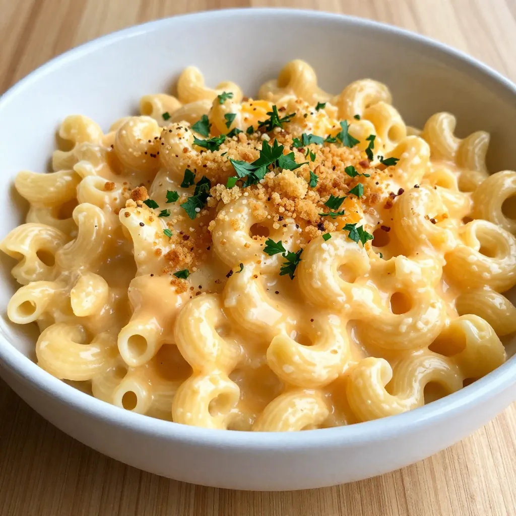 To create a rich and creamy smoked Gouda mac and cheese, you need some key ingredients: - 8 ounces elbow macaroni - 2 tablespoons unsalted butter - 2 tablespoons all-purpose flour - 2 cups milk (whole or 2%) - 1 cup smoked Gouda cheese, shredded - 1 cup sharp cheddar cheese, shredded - 1 teaspoon Dijon mustard - 1/2 teaspoon garlic powder - 1/4 teaspoon smoked paprika - Salt and pepper to taste These ingredients work together to create a flavor-packed dish. The combination of smoked Gouda and sharp cheddar gives it a unique taste. The Dijon mustard adds a nice kick, while garlic powder and smoked paprika enhance the flavor. If you want to elevate your dish, consider adding these optional ingredients: - 1/2 cup breadcrumbs (for topping) - 2 tablespoons fresh parsley, chopped (for garnish) Breadcrumbs on top create a crunchy texture. Fresh parsley adds color and freshness to your mac and cheese. You can easily swap some ingredients based on your taste or what you have: - Use gluten-free pasta instead of elbow macaroni for a gluten-free option. - Substitute gouda with other cheeses like fontina or Gruyère. - If you prefer a different flavor, try adding a splash of hot sauce or a pinch of cayenne pepper. These changes can help you customize the dish to your liking. Enjoy crafting your perfect smoked Gouda mac and cheese! {{ingredient_image_1}} Start by boiling water in a large pot. Add salt to the water for flavor. Once boiling, add 8 ounces of elbow macaroni. Cook it according to the package instructions until it is al dente. This usually takes about 7-9 minutes. Drain the pasta and set it aside. This step is key for the best texture. In the same pot, melt 2 tablespoons of unsalted butter over medium heat. Once the butter melts, whisk in 2 tablespoons of all-purpose flour. Cook this mixture for about 1-2 minutes until it turns golden and bubbly. Slowly pour in 2 cups of milk while whisking to avoid lumps. Keep whisking for about 5 minutes until the sauce thickens. This will create a smooth base for your cheese. Next, lower the heat. Stir in 1 cup of shredded smoked Gouda cheese and 1 cup of sharp cheddar cheese until they melt completely. The sauce should be creamy and smooth. Now, add 1 teaspoon of Dijon mustard, 1/2 teaspoon of garlic powder, and 1/4 teaspoon of smoked paprika. Season with salt and pepper to taste. Mix well to combine all the flavors. Add the cooked macaroni to the cheese sauce. Stir gently but thoroughly until every piece of pasta is coated with the sauce. This step ensures that every bite is a creamy delight. If you want to enhance the dish, you can transfer it to a baking dish at this point. If you love a crunchy topping, preheat your oven to 350°F (175°C). Transfer the mac and cheese into a greased baking dish. Sprinkle 1/2 cup of breadcrumbs on top. Bake it for 15-20 minutes until the top is golden and bubbly. This adds a nice texture contrast to the creamy pasta. Don't forget to garnish your dish with 2 tablespoons of chopped fresh parsley before serving. This adds a pop of color and freshness to your meal. Enjoy your creamy smoked Gouda mac and cheese! To make your mac and cheese creamy, focus on the roux. Start with equal parts butter and flour. Cook it until it looks golden. This step helps thicken the sauce. When you add milk, do it slowly while whisking. This keeps lumps away. As you cook, the sauce should thicken nicely. Stir in the cheese when done. Use high-quality smoked Gouda for the best results. It gives that creamy, rich flavor everyone loves. Seasoning is key to great flavor. Start with salt and pepper. They enhance all the other tastes. Add Dijon mustard for a little tang. It brightens the dish. Garlic powder brings warmth, while smoked paprika adds depth. Taste your sauce before mixing it with pasta. Adjust the seasoning if needed. A little extra salt or spice can make a big difference. Smoked Gouda shines on its own, but mixing it with other cheeses adds depth. Sharp cheddar pairs well. It brings a nice bite. Try adding a bit of cream cheese for extra creaminess. You can also use Gruyère or Fontina for a unique twist. Each cheese offers a different flavor. Experiment to find your favorite blend. Pro Tips Use Fresh Cheese: For the best flavor and creaminess, opt for freshly shredded cheese instead of pre-shredded. Pre-shredded cheese often contains anti-caking agents that can affect melting. Experiment with Cheeses: Feel free to mix in other types of cheese like fontina, Monterey Jack, or even a hint of blue cheese for a unique flavor profile. Add Protein: To make this mac and cheese a more filling meal, consider adding cooked chicken, bacon, or sautéed vegetables like spinach or mushrooms. Make Ahead: This dish can be prepared ahead of time. Simply assemble it, cover, and refrigerate. When ready to serve, bake it directly from the fridge, adding a few extra minutes to the cooking time. {{image_2}} You can make your Smoked Gouda Mac and Cheese even better by adding protein. Cooked chicken, crispy bacon, or even sautéed vegetables work well. - Chicken: Shred cooked chicken and stir it in after you mix the pasta with the cheese sauce. - Bacon: Cook bacon until crispy. Crumble it and mix it in or sprinkle on top. - Vegetables: Try spinach, broccoli, or peas. Sauté them first for added flavor. Adding protein not only boosts flavor but also makes the meal heartier. If you need a gluten-free version, there are easy swaps. Use gluten-free elbow macaroni instead of regular pasta. Look for brands that taste great and hold up well in the dish. For the roux, replace all-purpose flour with cornstarch or gluten-free flour. Mix 2 tablespoons of cornstarch with 2 tablespoons of water. Add this mixture to the butter before adding milk for a smooth sauce. These options let everyone enjoy a bowl of creamy goodness. Want to spice things up? Add heat with jalapeños or hot sauce. - Jalapeños: Dice fresh jalapeños and sauté them with the butter. This adds a nice kick. - Hot Sauce: Drizzle your favorite hot sauce directly into the cheese sauce. Adjust the amount to your taste. These spicy twists create a fun flavor explosion in every bite. After enjoying your smoked Gouda mac and cheese, store any leftovers in an airtight container. Make sure to cool it down to room temperature before sealing. This helps keep the dish fresh. You can store it in the fridge for up to three days. If you want to keep it longer, consider freezing it. For the best taste when reheating, use an oven or stovetop. If you use the oven, preheat it to 350°F (175°C). Place the mac and cheese in a baking dish and cover it with foil. Heat for about 20 minutes. This method keeps it creamy and prevents it from drying out. If you choose the stovetop, add a splash of milk as you warm it. Stir it gently over low heat to bring it back to life. Freezing is a great option if you want to save some for later. Here are some key points: - Do cool the dish completely before freezing. - Do use a freezer-safe container. - Do label the container with the date. - Don't freeze it with breadcrumbs on top. They can get soggy. - Don't store it for more than three months for the best flavor. Following these tips ensures your smoked Gouda mac and cheese stays tasty and ready to enjoy! Yes, you can use different cheeses. Try a mix of sharp cheddar, mozzarella, or even Monterey Jack. Each cheese adds a unique taste and texture. If you want a smoky flavor, smoked cheddar is a great choice. Just keep the cheese amounts the same. This way, you still get that creamy texture. To make this dish ahead, cook the pasta and cheese sauce first. Combine them in a baking dish, but skip the breadcrumb topping for now. Cover and store it in the fridge for up to two days. When ready to eat, preheat the oven, add breadcrumbs, and bake until hot. This saves time and gives you that fresh-baked taste. Absolutely! Kids love the creamy texture and cheesy flavor. Smoked Gouda adds a nice twist, but it's not too strong. You can adjust the seasoning to make it milder if needed. This dish can be a fun meal that they will enjoy. Plus, it's a great way to sneak in some extra nutrients with added veggies. In this blog post, we explored how to make smoked Gouda mac and cheese. We covered key ingredients, cooking steps, and tips for a creamy texture. I shared ideas for adding flavor and made it easy to customize your dish. Remember, cooking is fun. Feel free to experiment with ingredients and flavors. Enjoy your delicious creation and make it your own!