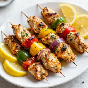 For these tasty skewers, you will need: - 1.5 pounds boneless, skinless chicken breasts, cut into 1-inch cubes - 1/4 cup freshly squeezed lemon juice - Zest of 1 lemon - 3 tablespoons olive oil - 3 cloves garlic, minced - 1 tablespoon fresh rosemary, chopped - 1 tablespoon fresh thyme, chopped - 1 teaspoon dried oregano - Salt and pepper to taste - 1 bell pepper (any color), cut into squares - 1 red onion, cut into squares - Wooden or metal skewers These ingredients create a bright and fresh flavor. The chicken is the star here, and the herbs add depth. The lemon juice and zest bring a zesty kick. The marinade is key to great flavor. It includes lemon juice, zest, olive oil, garlic, and herbs. Each ingredient plays a role: - Lemon juice: Adds acidity, which tenderizes the chicken. - Lemon zest: Boosts the lemon flavor, making it more vibrant. - Olive oil: Keeps the chicken moist and flavorful. - Garlic: Adds a savory kick. - Herbs: Rosemary, thyme, and oregano give a fresh, aromatic taste. Marinating for at least 30 minutes allows the flavors to soak in. For best results, marinate for up to 2 hours. You can customize your skewers! Here are some fun ideas: - Vegetables: Add zucchini, mushrooms, or cherry tomatoes for variety. - Spices: Try adding red pepper flakes for heat. - Protein: Swap chicken for shrimp or tofu for a different twist. - Herbs: Use basil or cilantro instead of rosemary and thyme. These changes can help you make the dish your own. Enjoy experimenting! {{ingredient_image_1}} Start by making the marinade. In a medium bowl, combine these ingredients: - 1/4 cup freshly squeezed lemon juice - Zest of 1 lemon - 3 tablespoons olive oil - 3 cloves garlic, minced - 1 tablespoon fresh rosemary, chopped - 1 tablespoon fresh thyme, chopped - 1 teaspoon dried oregano - Salt and pepper to taste Whisk everything together until it blends well. This mix gives the chicken a bright and fresh flavor. Next, add 1.5 pounds of cubed chicken breasts to the marinade. Make sure each piece is coated with the mix. Cover the bowl and place it in the fridge. Let the chicken marinate for at least 30 minutes. If you want extra flavor, leave it for up to 2 hours. If you use wooden skewers, soak them in water for 30 minutes. This helps prevent burning. Preheat your grill to medium-high heat. Now, it&rsquo;s time to thread the chicken onto the skewers. Alternate pieces of chicken with squares of bell pepper and red onion. This adds color and taste. Grill the skewers for about 10-15 minutes. Turn them occasionally so everything cooks evenly. The chicken is done when it reaches 165&deg;F (75&deg;C) inside, and the veggies should be slightly charred. Once cooked, take them off the grill and let them rest for a few minutes. This helps all the juices stay inside. To make juicy chicken skewers, start with the right cut of meat. Use boneless, skinless chicken breasts. Cut them into 1-inch cubes for even cooking. Marinate the chicken for at least 30 minutes. This helps the flavors soak in. If you have time, let it marinate for up to 2 hours. The longer, the better! Always season with salt and pepper before grilling. This adds flavor and helps keep the moisture in. Preheat your grill to medium-high heat. This ensures the chicken cooks evenly. If you use wooden skewers, soak them in water for 30 minutes first. This keeps them from burning on the grill. When grilling, turn the skewers every few minutes. This helps them cook on all sides and get nice grill marks. Aim for 10-15 minutes of grilling. Check that the chicken reaches an internal temperature of 165&deg;F (75&deg;C). This keeps it safe to eat and perfectly cooked. Serve your lemon herb grilled chicken skewers on a large platter. Add lemon wedges for a fresh touch. A sprinkle of fresh herbs like parsley or cilantro makes it pop. Pair the skewers with a side salad or grilled veggies. You can also serve them with rice or quinoa for a filling meal. For a fun twist, try serving them with a yogurt sauce or a spicy dip. This adds extra flavor and makes the meal more exciting. Enjoy! Pro Tips Marinate Longer for Flavor: For the best flavor, marinate the chicken for at least 2 hours. If time allows, overnight marination will yield even more delicious results. Use a Meat Thermometer: To ensure the chicken is perfectly cooked, use a meat thermometer to check that it has reached an internal temperature of 165&deg;F (75&deg;C). Vegetable Variations: Feel free to customize the vegetables on your skewers. Zucchini, cherry tomatoes, or mushrooms work great and add more color to your dish. Rest Before Serving: Let the skewers rest for a few minutes after grilling. This allows the juices to redistribute, making the chicken more tender and juicy. {{image_2}} You can swap chicken for other meats. Pork works great, too. Use pork tenderloin cut into cubes. Beef is another option; just choose a tender cut like sirloin. For seafood lovers, shrimp adds a nice touch. Just coat them with the same lemon herb marinade. Each protein brings a unique flavor, making your skewers exciting. Try making vegetarian skewers for a fresh twist. Use firm tofu cut into cubes. Marinate it just like chicken. You can also use hearty vegetables, like zucchini or mushrooms. They grill well and soak up all the flavors. Even fruit like pineapple can add a sweet touch. These options cater to everyone. Want to turn up the heat? Add red pepper flakes to your marinade. This will give your skewers a spicy kick. You can also brush them with a spicy sauce while grilling. For a sweet twist, mix honey or maple syrup into the marinade. This balances the lemon's tartness and makes each bite delicious. Adjust these flavors to match your taste. To store leftover skewers, let them cool first. Place them in an airtight container. Keep them in the fridge for up to 3 days. If you have a lot, divide them into smaller portions. This makes it easy to grab a quick meal later. Reheat the skewers in the oven for the best taste. Set your oven to 350&deg;F (175&deg;C). Place the skewers on a baking sheet and cover with foil. Heat them for about 10-15 minutes. You can also use a microwave for quick reheating. Just make sure to cover them to keep moisture in. Heat for 1-2 minutes, checking often. Freezing is a great option for meal prep. To freeze, first cool the skewers completely. Wrap each skewer in plastic wrap. Then, place them in a freezer bag. This keeps them fresh for up to 3 months. When ready to eat, thaw them in the fridge overnight. Reheat as mentioned before. Enjoy your tasty meal even after freezing! You should marinate chicken for at least 30 minutes. If you want more flavor, marinate it for up to 2 hours. This time allows the chicken to soak up the lemon and herbs. The longer the marination, the tastier the chicken will be. Just be careful not to marinate for too long, as the acid can change the texture. To check if the chicken is cooked through, use a meat thermometer. The internal temperature should reach 165&deg;F (75&deg;C). This is the safe temperature for chicken. If you don't have a thermometer, cut a piece open. The meat should be white, and the juices should run clear. Avoid undercooked chicken, as it can cause foodborne illness. Yes, you can use a grill pan if you don't have an outdoor grill. Preheat the grill pan over medium-high heat. Add a bit of oil to prevent sticking. Cook the skewers for about 10-15 minutes, turning often. This method gives you nice grill marks and keeps the chicken juicy. Lemon herb grilled chicken skewers offer great flavor and easy preparation. We discussed essential ingredients, marinade steps, and tips for juicy results. You learned about variations, substitutions, and storage methods for leftovers. By using these ideas, you can create meals your family will love. Enjoy your cooking, experiment with flavors, and make this dish your own. Remember, it&rsquo;s all about fun in the kitchen and sharing good food with loved ones. Try it out and see how these skewers can elevate your meals!