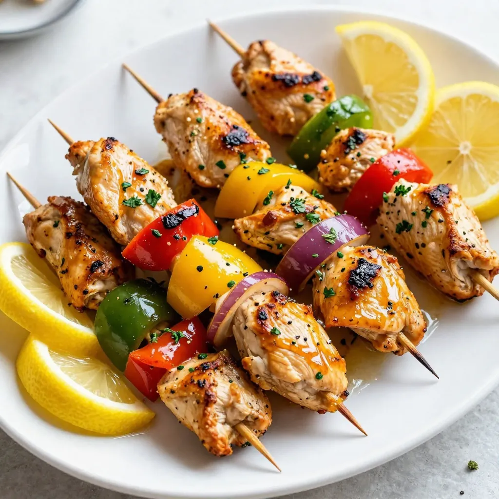 For these tasty skewers, you will need: - 1.5 pounds boneless, skinless chicken breasts, cut into 1-inch cubes - 1/4 cup freshly squeezed lemon juice - Zest of 1 lemon - 3 tablespoons olive oil - 3 cloves garlic, minced - 1 tablespoon fresh rosemary, chopped - 1 tablespoon fresh thyme, chopped - 1 teaspoon dried oregano - Salt and pepper to taste - 1 bell pepper (any color), cut into squares - 1 red onion, cut into squares - Wooden or metal skewers These ingredients create a bright and fresh flavor. The chicken is the star here, and the herbs add depth. The lemon juice and zest bring a zesty kick. The marinade is key to great flavor. It includes lemon juice, zest, olive oil, garlic, and herbs. Each ingredient plays a role: - Lemon juice: Adds acidity, which tenderizes the chicken. - Lemon zest: Boosts the lemon flavor, making it more vibrant. - Olive oil: Keeps the chicken moist and flavorful. - Garlic: Adds a savory kick. - Herbs: Rosemary, thyme, and oregano give a fresh, aromatic taste. Marinating for at least 30 minutes allows the flavors to soak in. For best results, marinate for up to 2 hours. You can customize your skewers! Here are some fun ideas: - Vegetables: Add zucchini, mushrooms, or cherry tomatoes for variety. - Spices: Try adding red pepper flakes for heat. - Protein: Swap chicken for shrimp or tofu for a different twist. - Herbs: Use basil or cilantro instead of rosemary and thyme. These changes can help you make the dish your own. Enjoy experimenting! {{ingredient_image_1}} Start by making the marinade. In a medium bowl, combine these ingredients: - 1/4 cup freshly squeezed lemon juice - Zest of 1 lemon - 3 tablespoons olive oil - 3 cloves garlic, minced - 1 tablespoon fresh rosemary, chopped - 1 tablespoon fresh thyme, chopped - 1 teaspoon dried oregano - Salt and pepper to taste Whisk everything together until it blends well. This mix gives the chicken a bright and fresh flavor. Next, add 1.5 pounds of cubed chicken breasts to the marinade. Make sure each piece is coated with the mix. Cover the bowl and place it in the fridge. Let the chicken marinate for at least 30 minutes. If you want extra flavor, leave it for up to 2 hours. If you use wooden skewers, soak them in water for 30 minutes. This helps prevent burning. Preheat your grill to medium-high heat. Now, it’s time to thread the chicken onto the skewers. Alternate pieces of chicken with squares of bell pepper and red onion. This adds color and taste. Grill the skewers for about 10-15 minutes. Turn them occasionally so everything cooks evenly. The chicken is done when it reaches 165°F (75°C) inside, and the veggies should be slightly charred. Once cooked, take them off the grill and let them rest for a few minutes. This helps all the juices stay inside. To make juicy chicken skewers, start with the right cut of meat. Use boneless, skinless chicken breasts. Cut them into 1-inch cubes for even cooking. Marinate the chicken for at least 30 minutes. This helps the flavors soak in. If you have time, let it marinate for up to 2 hours. The longer, the better! Always season with salt and pepper before grilling. This adds flavor and helps keep the moisture in. Preheat your grill to medium-high heat. This ensures the chicken cooks evenly. If you use wooden skewers, soak them in water for 30 minutes first. This keeps them from burning on the grill. When grilling, turn the skewers every few minutes. This helps them cook on all sides and get nice grill marks. Aim for 10-15 minutes of grilling. Check that the chicken reaches an internal temperature of 165°F (75°C). This keeps it safe to eat and perfectly cooked. Serve your lemon herb grilled chicken skewers on a large platter. Add lemon wedges for a fresh touch. A sprinkle of fresh herbs like parsley or cilantro makes it pop. Pair the skewers with a side salad or grilled veggies. You can also serve them with rice or quinoa for a filling meal. For a fun twist, try serving them with a yogurt sauce or a spicy dip. This adds extra flavor and makes the meal more exciting. Enjoy! Pro Tips Marinate Longer for Flavor: For the best flavor, marinate the chicken for at least 2 hours. If time allows, overnight marination will yield even more delicious results. Use a Meat Thermometer: To ensure the chicken is perfectly cooked, use a meat thermometer to check that it has reached an internal temperature of 165°F (75°C). Vegetable Variations: Feel free to customize the vegetables on your skewers. Zucchini, cherry tomatoes, or mushrooms work great and add more color to your dish. Rest Before Serving: Let the skewers rest for a few minutes after grilling. This allows the juices to redistribute, making the chicken more tender and juicy. {{image_2}} You can swap chicken for other meats. Pork works great, too. Use pork tenderloin cut into cubes. Beef is another option; just choose a tender cut like sirloin. For seafood lovers, shrimp adds a nice touch. Just coat them with the same lemon herb marinade. Each protein brings a unique flavor, making your skewers exciting. Try making vegetarian skewers for a fresh twist. Use firm tofu cut into cubes. Marinate it just like chicken. You can also use hearty vegetables, like zucchini or mushrooms. They grill well and soak up all the flavors. Even fruit like pineapple can add a sweet touch. These options cater to everyone. Want to turn up the heat? Add red pepper flakes to your marinade. This will give your skewers a spicy kick. You can also brush them with a spicy sauce while grilling. For a sweet twist, mix honey or maple syrup into the marinade. This balances the lemon's tartness and makes each bite delicious. Adjust these flavors to match your taste. To store leftover skewers, let them cool first. Place them in an airtight container. Keep them in the fridge for up to 3 days. If you have a lot, divide them into smaller portions. This makes it easy to grab a quick meal later. Reheat the skewers in the oven for the best taste. Set your oven to 350°F (175°C). Place the skewers on a baking sheet and cover with foil. Heat them for about 10-15 minutes. You can also use a microwave for quick reheating. Just make sure to cover them to keep moisture in. Heat for 1-2 minutes, checking often. Freezing is a great option for meal prep. To freeze, first cool the skewers completely. Wrap each skewer in plastic wrap. Then, place them in a freezer bag. This keeps them fresh for up to 3 months. When ready to eat, thaw them in the fridge overnight. Reheat as mentioned before. Enjoy your tasty meal even after freezing! You should marinate chicken for at least 30 minutes. If you want more flavor, marinate it for up to 2 hours. This time allows the chicken to soak up the lemon and herbs. The longer the marination, the tastier the chicken will be. Just be careful not to marinate for too long, as the acid can change the texture. To check if the chicken is cooked through, use a meat thermometer. The internal temperature should reach 165°F (75°C). This is the safe temperature for chicken. If you don't have a thermometer, cut a piece open. The meat should be white, and the juices should run clear. Avoid undercooked chicken, as it can cause foodborne illness. Yes, you can use a grill pan if you don't have an outdoor grill. Preheat the grill pan over medium-high heat. Add a bit of oil to prevent sticking. Cook the skewers for about 10-15 minutes, turning often. This method gives you nice grill marks and keeps the chicken juicy. Lemon herb grilled chicken skewers offer great flavor and easy preparation. We discussed essential ingredients, marinade steps, and tips for juicy results. You learned about variations, substitutions, and storage methods for leftovers. By using these ideas, you can create meals your family will love. Enjoy your cooking, experiment with flavors, and make this dish your own. Remember, it’s all about fun in the kitchen and sharing good food with loved ones. Try it out and see how these skewers can elevate your meals!