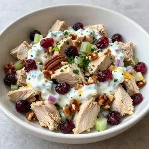 This salad brings together simple, tasty ingredients that create a perfect mix. Here&rsquo;s what you need: - 2 cups cooked chicken breast, diced - 1/2 cup dried cranberries - 1/2 cup pecans, chopped - 1/4 cup celery, finely chopped - 1/4 cup red onion, finely chopped - 1/2 cup Greek yogurt - 2 tablespoons honey - 1 tablespoon Dijon mustard - 1 tablespoon apple cider vinegar - Salt and pepper to taste - Fresh parsley, for garnish These ingredients blend well. The chicken gives protein, while cranberries add a sweet bite. Pecans add crunch. Celery and red onion bring freshness and flavor. To make your salad even better, consider these garnishes: - Sliced almonds - Chopped green onions - Extra dried cranberries - Lemon wedges These add color and a pop of taste. They make each bite more exciting. Don&rsquo;t have everything on hand? No problem! Here are some swaps: - Use rotisserie chicken if you&rsquo;re short on time. - Swap Greek yogurt for sour cream or mayonnaise if desired. - Replace pecans with walnuts or sunflower seeds for a different crunch. - Try fresh herbs like dill or cilantro instead of parsley for a new flavor. These substitutions let you customize the salad to your taste. Have fun with it! {{ingredient_image_1}} To start, you need to mix the chicken and other tasty bits. Take 2 cups of cooked chicken breast and dice it into small pieces. Then, add 1/2 cup of dried cranberries for a sweet touch. Next, chop 1/2 cup of pecans to add some crunch. Don&rsquo;t forget to finely chop 1/4 cup of celery and 1/4 cup of red onion. Toss all these ingredients into a large mixing bowl. This mix is where the flavor begins! Now, let&rsquo;s whip up the yogurt dressing. In a separate bowl, take 1/2 cup of Greek yogurt. Add 2 tablespoons of honey for sweetness. Then, mix in 1 tablespoon of Dijon mustard and 1 tablespoon of apple cider vinegar for a bit of tang. Sprinkle in salt and pepper to taste. Use a whisk to blend everything until it&rsquo;s smooth. This dressing will bring everything together. Pour the yogurt dressing over your chicken mixture. Gently fold the dressing into the chicken mix until every piece is coated. Taste it and see if it needs more salt, pepper, or honey. Once you&rsquo;re happy with the flavor, cover the bowl and pop it in the fridge for at least one hour. This waiting time allows all the flavors to blend. When you're ready to serve, give it a gentle stir. Serve it on a bed of greens or in whole grain wraps. Garnish with fresh parsley for a lovely touch! To make a great dressing, you need balance. Start with Greek yogurt for creaminess. Add honey for sweetness. Use Dijon mustard for a slight kick. Apple cider vinegar brings tang. Mix these in a bowl. Whisk until smooth. Taste your dressing. Adjust it with more salt, pepper, or honey if you want. This will give your salad the right flavor. For the chicken, always cook it well. You can grill, bake, or poach it. Grilling adds a nice smoky taste. Baking keeps it juicy. Poaching makes it tender and moist. Make sure it reaches 165&deg;F for safety. Let it rest before dicing. This keeps the juices inside. Diced chicken should be bite-sized for easy eating. To store leftover salad, use an airtight container. Keep it in the fridge. The salad lasts for three days. If you notice any off-smells or colors, throw it away. If you want to keep it longer, store the dressing separately. This will keep everything fresh. When ready to eat, mix it all together again. Pro Tips Chicken Selection: Use leftover rotisserie chicken for added flavor and convenience. Sweetness Balance: Adjust the honey quantity based on the tartness of your cranberries. Chilling Time: Allowing the salad to chill for longer than an hour enhances the overall flavors. Serving Suggestions: Serve the salad on a bed of arugula for a peppery twist. {{image_2}} You can make your cranberry pecan chicken salad even better by adding fruits or veggies. Try adding diced apples for a sweet crunch. You can also add grapes for a juicy burst. If you want some greens, toss in spinach or arugula. Carrots add color and a nice crunch too. Each addition brings new flavors and textures, making every bite exciting. If you want to switch up the protein, there are great choices. You can use turkey instead of chicken for a different taste. For a vegetarian option, try chickpeas or tofu. Both options add protein and work well with the salad. You can also use canned tuna or salmon for a quick and easy swap. Each option keeps the salad nutritious and filling. The dressing can change the whole feel of your salad. You can try a vinaigrette made with olive oil and lemon juice for a zesty twist. A creamy avocado dressing offers a rich flavor that pairs well with the nuts. For a spicy kick, mix in sriracha or a dash of hot sauce. You can even use a store-bought dressing if you are short on time. Each dressing option allows you to customize your salad to fit your taste. To keep your cranberry pecan chicken salad fresh, store it in the fridge. Use an airtight container. It stays good for up to three days. Always cover the bowl tightly. This helps keep the flavors intact. You can freeze the chicken salad, but it's best to avoid it. Freezing can change the texture of the ingredients. If you must freeze it, use a freezer-safe container. It lasts up to two months. When ready to eat, thaw it overnight in the fridge. Check your salad before eating it. If it smells sour or looks slimy, it&rsquo;s time to toss it. Fresh ingredients are key to a tasty dish. Always trust your senses. If you see any mold, discard it immediately. You can replace yogurt with mashed avocado. It adds creaminess and healthy fats. Another option is to mix mayonnaise with a little lemon juice for brightness. This keeps the salad rich and tasty. Yes, rotisserie chicken works great! It saves time and adds great flavor. Just shred or chop the chicken into bite-sized pieces. This shortcut still gives you a delicious meal. I recommend a side of mixed greens. They add freshness and crunch. You can also serve it with carrot sticks or cucumber slices. These are crunchy and low in calories. Quinoa or brown rice can be good too, adding fiber and nutrients. In this post, we covered how to make a tasty Cranberry Pecan Chicken Salad. We explored the key ingredients, optional garnishes, and smart swaps. You learned step-by-step instructions for mixing the ingredients, making the yogurt dressing, and chilling the salad. We also shared tips for perfecting your dressing and storing leftovers. Feel free to get creative with variations and enjoy this dish today! Your culinary skills will thrive, and the flavors will impress everyone at the table. Enjoy your cooking!