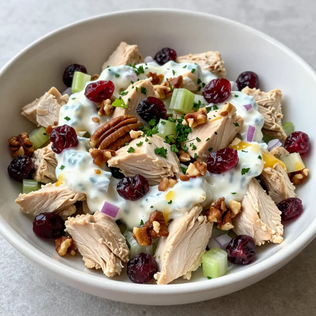 This salad brings together simple, tasty ingredients that create a perfect mix. Here&rsquo;s what you need: - 2 cups cooked chicken breast, diced - 1/2 cup dried cranberries - 1/2 cup pecans, chopped - 1/4 cup celery, finely chopped - 1/4 cup red onion, finely chopped - 1/2 cup Greek yogurt - 2 tablespoons honey - 1 tablespoon Dijon mustard - 1 tablespoon apple cider vinegar - Salt and pepper to taste - Fresh parsley, for garnish These ingredients blend well. The chicken gives protein, while cranberries add a sweet bite. Pecans add crunch. Celery and red onion bring freshness and flavor. To make your salad even better, consider these garnishes: - Sliced almonds - Chopped green onions - Extra dried cranberries - Lemon wedges These add color and a pop of taste. They make each bite more exciting. Don&rsquo;t have everything on hand? No problem! Here are some swaps: - Use rotisserie chicken if you&rsquo;re short on time. - Swap Greek yogurt for sour cream or mayonnaise if desired. - Replace pecans with walnuts or sunflower seeds for a different crunch. - Try fresh herbs like dill or cilantro instead of parsley for a new flavor. These substitutions let you customize the salad to your taste. Have fun with it! {{ingredient_image_1}} To start, you need to mix the chicken and other tasty bits. Take 2 cups of cooked chicken breast and dice it into small pieces. Then, add 1/2 cup of dried cranberries for a sweet touch. Next, chop 1/2 cup of pecans to add some crunch. Don&rsquo;t forget to finely chop 1/4 cup of celery and 1/4 cup of red onion. Toss all these ingredients into a large mixing bowl. This mix is where the flavor begins! Now, let&rsquo;s whip up the yogurt dressing. In a separate bowl, take 1/2 cup of Greek yogurt. Add 2 tablespoons of honey for sweetness. Then, mix in 1 tablespoon of Dijon mustard and 1 tablespoon of apple cider vinegar for a bit of tang. Sprinkle in salt and pepper to taste. Use a whisk to blend everything until it&rsquo;s smooth. This dressing will bring everything together. Pour the yogurt dressing over your chicken mixture. Gently fold the dressing into the chicken mix until every piece is coated. Taste it and see if it needs more salt, pepper, or honey. Once you&rsquo;re happy with the flavor, cover the bowl and pop it in the fridge for at least one hour. This waiting time allows all the flavors to blend. When you're ready to serve, give it a gentle stir. Serve it on a bed of greens or in whole grain wraps. Garnish with fresh parsley for a lovely touch! To make a great dressing, you need balance. Start with Greek yogurt for creaminess. Add honey for sweetness. Use Dijon mustard for a slight kick. Apple cider vinegar brings tang. Mix these in a bowl. Whisk until smooth. Taste your dressing. Adjust it with more salt, pepper, or honey if you want. This will give your salad the right flavor. For the chicken, always cook it well. You can grill, bake, or poach it. Grilling adds a nice smoky taste. Baking keeps it juicy. Poaching makes it tender and moist. Make sure it reaches 165&deg;F for safety. Let it rest before dicing. This keeps the juices inside. Diced chicken should be bite-sized for easy eating. To store leftover salad, use an airtight container. Keep it in the fridge. The salad lasts for three days. If you notice any off-smells or colors, throw it away. If you want to keep it longer, store the dressing separately. This will keep everything fresh. When ready to eat, mix it all together again. Pro Tips Chicken Selection: Use leftover rotisserie chicken for added flavor and convenience. Sweetness Balance: Adjust the honey quantity based on the tartness of your cranberries. Chilling Time: Allowing the salad to chill for longer than an hour enhances the overall flavors. Serving Suggestions: Serve the salad on a bed of arugula for a peppery twist. {{image_2}} You can make your cranberry pecan chicken salad even better by adding fruits or veggies. Try adding diced apples for a sweet crunch. You can also add grapes for a juicy burst. If you want some greens, toss in spinach or arugula. Carrots add color and a nice crunch too. Each addition brings new flavors and textures, making every bite exciting. If you want to switch up the protein, there are great choices. You can use turkey instead of chicken for a different taste. For a vegetarian option, try chickpeas or tofu. Both options add protein and work well with the salad. You can also use canned tuna or salmon for a quick and easy swap. Each option keeps the salad nutritious and filling. The dressing can change the whole feel of your salad. You can try a vinaigrette made with olive oil and lemon juice for a zesty twist. A creamy avocado dressing offers a rich flavor that pairs well with the nuts. For a spicy kick, mix in sriracha or a dash of hot sauce. You can even use a store-bought dressing if you are short on time. Each dressing option allows you to customize your salad to fit your taste. To keep your cranberry pecan chicken salad fresh, store it in the fridge. Use an airtight container. It stays good for up to three days. Always cover the bowl tightly. This helps keep the flavors intact. You can freeze the chicken salad, but it's best to avoid it. Freezing can change the texture of the ingredients. If you must freeze it, use a freezer-safe container. It lasts up to two months. When ready to eat, thaw it overnight in the fridge. Check your salad before eating it. If it smells sour or looks slimy, it&rsquo;s time to toss it. Fresh ingredients are key to a tasty dish. Always trust your senses. If you see any mold, discard it immediately. You can replace yogurt with mashed avocado. It adds creaminess and healthy fats. Another option is to mix mayonnaise with a little lemon juice for brightness. This keeps the salad rich and tasty. Yes, rotisserie chicken works great! It saves time and adds great flavor. Just shred or chop the chicken into bite-sized pieces. This shortcut still gives you a delicious meal. I recommend a side of mixed greens. They add freshness and crunch. You can also serve it with carrot sticks or cucumber slices. These are crunchy and low in calories. Quinoa or brown rice can be good too, adding fiber and nutrients. In this post, we covered how to make a tasty Cranberry Pecan Chicken Salad. We explored the key ingredients, optional garnishes, and smart swaps. You learned step-by-step instructions for mixing the ingredients, making the yogurt dressing, and chilling the salad. We also shared tips for perfecting your dressing and storing leftovers. Feel free to get creative with variations and enjoy this dish today! Your culinary skills will thrive, and the flavors will impress everyone at the table. Enjoy your cooking!