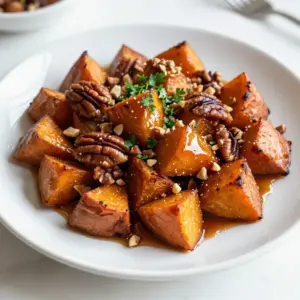 - 4 medium sweet potatoes, peeled and cut into 1-inch cubes - 3 tablespoons pure maple syrup - 2 tablespoons olive oil - 1 teaspoon ground cinnamon - 1/2 teaspoon ground nutmeg - 1/4 teaspoon salt - 1/4 teaspoon black pepper - 2 tablespoons chopped pecans (optional) - Fresh parsley, for garnish (optional) Alternative sweeteners If you want to change the flavor, use agave syrup or honey. They both work well with sweet potatoes. Oil variations You can swap olive oil for coconut oil or avocado oil. Each oil adds a different taste. Spice swaps Try ginger or cardamom instead of cinnamon. They can add a unique twist to the dish. {{ingredient_image_1}} - First, preheat your oven to 400&deg;F (200&deg;C). - Line a large baking sheet with parchment paper. This helps prevent sticking. - In a bowl, mix 3 tablespoons of pure maple syrup with 2 tablespoons of olive oil. - Add 1 teaspoon of ground cinnamon, 1/2 teaspoon of ground nutmeg, 1/4 teaspoon of salt, and 1/4 teaspoon of black pepper. - Whisk the mixture until it is well combined. - Next, take 4 medium sweet potatoes. Peel them and cut them into 1-inch cubes. - Toss the sweet potato cubes in the maple mixture. Make sure each piece is evenly coated. - Spread the sweet potatoes out in a single layer on your prepared baking sheet. - Ensure there is space between each cube. This allows for even roasting. - Roast the sweet potatoes in the preheated oven for 25-30 minutes. - Flip them halfway through the cooking time. This helps them cook evenly. - Look for fork-tender sweet potatoes that are caramelized on the edges. - For added crunch, sprinkle 2 tablespoons of chopped pecans over the sweet potatoes for the last 5 minutes. To get the best sweet potatoes, focus on texture and flavor. - Achieving the right texture: Cut the sweet potatoes into 1-inch cubes. This size helps them cook evenly. Space them out on the baking sheet. This allows hot air to circulate around each piece, leading to crisp edges. - Balancing flavors: Use pure maple syrup for a rich sweetness. Combine it with cinnamon and nutmeg for warmth. A pinch of salt enhances these flavors. Don't skip the black pepper; it adds a nice kick. You can prepare these sweet potatoes in advance. This saves time when you want to enjoy them. - How to prep in advance: Peel and cut the sweet potatoes a few hours before cooking. Store them in cold water to prevent browning. - Storage tips before roasting: Keep the sweet potatoes in the fridge if you prep them early. Mix the maple sauce and store it separately until you are ready to bake. Pair these sweet potatoes with a variety of dishes to create a complete meal. - Complementary dishes: They go well with roasted chicken or grilled fish. You can also serve them alongside a fresh salad for a lighter option. - Ideal pairings for a meal: Try them with quinoa or a warm grain salad. The sweet flavor of the potatoes contrasts nicely with savory dishes. Pro Tips Choosing Sweet Potatoes: Select firm, smooth sweet potatoes without blemishes for the best flavor and texture. Even Cubes: Cut the sweet potatoes into uniform 1-inch cubes to ensure they roast evenly and cook at the same rate. Maple Syrup Alternatives: Consider using honey or agave syrup if you want a different flavor profile while keeping it sweet. Storage Tips: Store any leftovers in an airtight container in the refrigerator for up to 3 days and reheat in the oven for best results. {{image_2}} You can easily boost the flavor of maple cinnamon roasted sweet potatoes. Adding fresh herbs can make a big difference. Try rosemary or thyme for a fragrant touch. Both herbs pair well with the sweet and spicy notes of the dish. Another great idea is to add citrus zest. A bit of orange or lemon zest can brighten the flavors. It adds a fresh twist that balances the sweetness of the maple syrup. Nuts can provide a nice crunch. While pecans are great, you can switch things up. Walnuts or almonds also add a tasty crunch. If you want a nut-free dish, try using seeds. Pumpkin or sunflower seeds can add texture without nuts. This recipe is quite flexible for different diets. If you want a vegan option, it already fits that bill since it contains no animal products. Just check your maple syrup to ensure it is pure. For those needing gluten-free options, you're in luck. All the ingredients are gluten-free. Just ensure you use a gluten-free brand of maple syrup if you choose a processed one. To keep your maple cinnamon roasted sweet potatoes fresh, store them in an airtight container. Place them in the fridge within two hours of cooking. This way, they stay tasty for up to four days. When you want to enjoy them again, reheat in the oven at 350&deg;F (175&deg;C) for about 10-15 minutes. You can also use the microwave, but they may lose some crispiness. If you want to save some for later, freezing works well. Let the sweet potatoes cool completely. Spread them on a baking sheet in a single layer and freeze for 1-2 hours. Once frozen, transfer them to a freezer-safe bag or container. They can last up to three months in the freezer without losing quality. In the fridge, your sweet potatoes last about four days. They may show signs of spoilage if they turn brown or feel mushy. If you see any mold or odd smells, it's best to toss them out. Always check before you eat! Yes, you can use other types of potatoes. Regular white potatoes or Yukon Golds work well. However, sweet potatoes have a unique flavor and texture that make this dish special. If you choose a different type, adjust the cooking time. Some may cook faster, while others may take longer. Sweet potatoes are done when they are fork-tender. This usually takes 25 to 30 minutes in the oven. You can check by inserting a fork into a piece. If it goes in easily, they are ready! Look for a caramelized edge for extra flavor. To reheat roasted sweet potatoes, use the oven. Preheat it to 350&deg;F (175&deg;C). Spread the sweet potatoes on a baking sheet and heat for about 10 minutes. You can also use a microwave, but the oven keeps them crispy. Just place them in a microwave-safe dish and heat for 1 to 2 minutes. Yes, maple cinnamon roasted sweet potatoes are healthy! They are packed with vitamins A and C. Sweet potatoes also have fiber, which helps digestion. The maple syrup adds a touch of sweetness without many calories. Just keep an eye on the amount of syrup you use. These maple cinnamon roasted sweet potatoes are easy and tasty. We discussed the key ingredients, steps for preparation, and cooking tips. You learned about variations and how to store leftovers. Now, you can whip up a warm dish that fits any meal. Don&rsquo;t hesitate to experiment with flavors and substitutes. Enjoy making sweet potatoes that are not only delicious but also healthy!