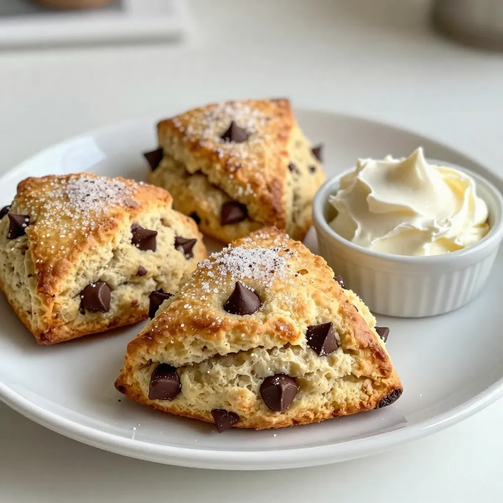 - 2 cups all-purpose flour - 1/4 cup granulated sugar - 1 tablespoon baking powder - 1/2 teaspoon salt - 1/2 cup cold unsalted butter, cubed - 3/4 cup heavy cream - 1 large egg - 1 teaspoon vanilla extract - 1 cup semi-sweet chocolate chips - 1 egg yolk (for egg wash) - Extra sugar for sprinkling You can swap ingredients to fit your needs. Here are some ideas: - Use almond flour for gluten-free scones. - Coconut sugar works well instead of granulated sugar. - For dairy-free scones, try coconut cream and vegan butter. - Flax eggs make a great egg substitute for a vegan option. Choosing the right ingredients makes a big difference. Here are some tips: - Use fresh flour for the best texture. Check the expiration date. - Select high-quality chocolate chips. They add rich flavor. - Cold butter is key for flaky scones. Keep it in the fridge until use. - Fresh eggs give better rise and flavor, so use the freshest you can find. With these tips, your chocolate chip scones will shine! {{ingredient_image_1}} Start by preheating your oven to 400°F (200°C). This gets it ready for baking. Next, grab a large bowl and whisk together these dry ingredients: - 2 cups all-purpose flour - 1/4 cup granulated sugar - 1 tablespoon baking powder - 1/2 teaspoon salt Mix them well until they blend together. Now, take 1/2 cup of cold unsalted butter, cubed. Add it to the flour mix. Use your fingers or a pastry cutter to blend the butter into the flour. Keep mixing until it looks like coarse crumbs. This step is key for a flaky scone. In another bowl, whisk together: - 3/4 cup heavy cream - 1 large egg - 1 teaspoon vanilla extract Pour this cream mixture into your dry ingredients. Use a spatula to fold it gently. Make sure not to overmix; you want it just combined. Then, fold in 1 cup of semi-sweet chocolate chips evenly. Next, turn the dough onto a floured surface. Shape it into a rectangle about 1-inch thick. Cut this rectangle into 8 equal triangle wedges. This is where your scones start to take shape! Place the scones on a lined baking sheet. Make sure to space them out. In a small bowl, whisk 1 egg yolk with 1 tablespoon of water. Brush this egg wash over each scone. Sprinkle a little extra sugar on top for a sweet touch. Bake your scones for 15-18 minutes. Watch for a golden brown color. When they are done, take them out of the oven and let them cool slightly. Enjoy them warm for the best flavor! To get soft and flaky scones, keep your butter cold. Cold butter makes a big difference. When you mix it into the flour, it creates those little pockets of air. These pockets help the scones rise. Do not overmix the dough. When you combine wet and dry ingredients, just mix until they come together. Overmixing makes scones tough. One mistake is using warm butter. Always use cold, cubed butter. This helps keep the right texture. Another mistake is not measuring your flour correctly. Too much flour can make scones dry. Use a spoon to scoop flour into your cup, then level it off. Lastly, avoid baking the scones too long. Keep an eye on them. They should be golden brown but not hard. Serve your warm scones on a tiered cake stand. This makes them look fancy. Pair the scones with clotted cream or butter. You can also add a bit of jam for extra flavor. This combo makes each bite delightful. Enjoy your scones with a cup of tea or coffee. It’s the perfect treat for breakfast or an afternoon snack. Pro Tips Use Cold Ingredients: Ensure your butter and cream are very cold to achieve flaky scones. This helps the butter create steam while baking, resulting in a light texture. Don't Overmix: When combining wet and dry ingredients, mix until just combined. Overmixing can lead to tough scones, so a gentle hand is key. Shape Uniformly: For even baking, shape your scones uniformly and space them adequately on the baking sheet. This allows for proper heat circulation while baking. Experiment with Flavors: Feel free to add nuts, dried fruits, or different types of chocolate to customize your scones. This can elevate the flavor profile and make them unique. {{image_2}} You can make gluten-free chocolate chip scones easily. Substitute the all-purpose flour with a gluten-free blend. Use a mix designed for baking. This will keep the texture light and fluffy. Follow the same steps in the recipe. Just make sure the baking powder is gluten-free. These scones will taste just as good! Want to change your scone's flavor? Try adding nuts or fruits! Chopped walnuts or pecans give a nice crunch. You can also use dried fruits like cranberries or blueberries. These add a burst of flavor and color. Mix 1/2 cup of your choice into the dough. This small change can make your scones unique and fun. For special occasions, you can spice things up. During fall, add pumpkin spice to your dough. In winter, try peppermint extract for a festive twist. For spring, consider lemon zest for a bright taste. Each season brings new flavors. Tailor your scones to match the time of year. Your guests will love the creativity! To keep your leftover scones fresh, place them in an airtight container. This helps trap moisture and keeps them soft. You can also wrap them in plastic wrap for extra protection. Store them at room temperature for up to two days. If you want to keep them for longer, consider freezing. Freezing scones is easy. First, let the baked scones cool completely. Then, place them on a baking sheet in a single layer. Freeze them for about an hour. Once frozen, transfer the scones to a freezer bag. Remove as much air as possible before sealing. You can freeze them for up to three months. To enjoy scones later, reheating is simple. Preheat your oven to 350°F (175°C). Place the scones on a baking sheet. Heat them for about 10 minutes or until warm. This method helps restore their flaky texture. For a quick fix, you can use a microwave. Heat each scone for about 15-20 seconds. However, the oven gives better results. Enjoy your scones like they were just baked! Yes, you can use different types of chocolate. Dark chocolate gives a rich taste. Milk chocolate adds sweetness. You can also mix them for variety. Experimenting can lead to fun flavors. Just remember, keep the chocolate chips in small pieces. This way, they blend well into the dough. Chocolate chip scones last about 2-3 days at room temperature. Store them in an airtight container. This keeps them fresh and soft. If you want them to last longer, you can freeze them. They stay good for up to a month in the freezer. Just make sure to wrap them tightly. You can pair them with many tasty items. Clotted cream is a classic choice. It adds a rich, creamy touch. You can also serve them with butter or jam. A cup of tea or coffee makes a great drink. For a special treat, try adding a scoop of ice cream. You learned how to make tasty chocolate chip scones. We covered ingredient choices, substitutes, and how to pick the best items. The steps included mixing, shaping, and baking. I shared tips for a great texture and common pitfalls. You also found ways to vary flavors and store your scones. Remember, trying new things leads to tasty results. Enjoy every bite of your homemade creation!