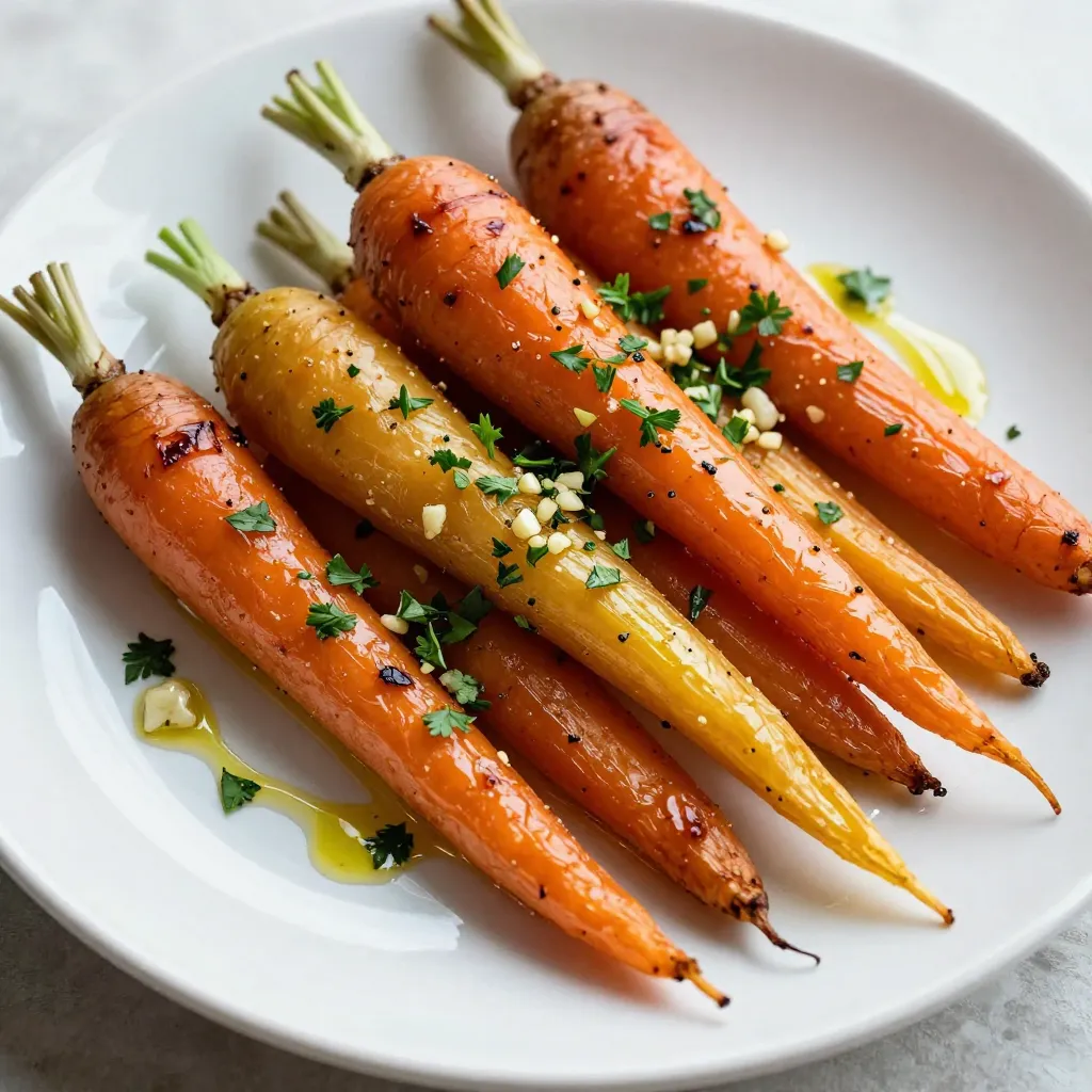- 1 lb rainbow carrots (or regular carrots) - 4 cloves garlic, minced - 2 tablespoons olive oil Rainbow carrots are colorful and sweet. You can also use regular orange carrots if you prefer. Just peel them and cut them into sticks. This helps them cook evenly. The garlic adds a rich flavor, and olive oil keeps them moist. - Fresh thyme and rosemary - Sea salt and black pepper - Honey (optional for sweetness) Fresh thyme and rosemary bring great taste to the dish. If you don’t have fresh herbs, dried ones work too. Sea salt and black pepper balance the flavors. If you love sweet carrots, add honey to enhance the taste. - Fresh parsley for finishing touch Fresh parsley adds a pop of color and freshness. It makes the dish look nice and taste even better. Just sprinkle it on top before serving. {{ingredient_image_1}} First, preheat your oven to 425°F (220°C). This step is key for roasting. Next, grab a baking sheet and line it with parchment paper. This makes cleanup easy. Now, take your rainbow carrots. Peel them and cut them into uniform sticks. Uniform cuts help them cook evenly. Place the carrot sticks in a large mixing bowl. Add the minced garlic, olive oil, thyme, rosemary, sea salt, black pepper, and honey if you want extra sweetness. Toss everything together until the carrots are well-coated. Spread the seasoned carrots in a single layer on your prepared baking sheet. This helps them roast evenly. Place the baking sheet in the preheated oven. Roast the carrots for about 25 to 30 minutes. Stir them halfway through for even caramelization. They should turn tender and slightly caramelized when done. Once roasted, remove the baking sheet from the oven. Let the carrots cool for a couple of minutes. This will make them easier to handle. Transfer the roasted carrots to a serving platter. Finally, sprinkle fresh parsley on top. This adds a nice pop of color and flavor. Enjoy your Garlic Herb Roasted Rainbow Carrots! To make your carrots cook evenly, cut them into uniform sticks. This ensures they roast at the same rate. When you mix the garlic and herbs, toss the carrots well. This way, every piece gets a good coating for better flavor. You can switch up the herbs if you want. Try dill or oregano instead of thyme and rosemary. They will give your carrots a new twist. If you like a bit of sweetness, consider adding honey. It enhances the flavors and makes them even tastier! These roasted carrots go well with many dishes. Pair them with grilled chicken or fish for a complete meal. You can also serve them with rice or quinoa as a side. For a fun presentation, arrange the carrots in a colorful pattern on your serving platter. Add fresh parsley on top for a bright finish! Pro Tips Uniform Sizing: Cutting the carrots into uniform sticks ensures even cooking and caramelization. Fresh Herbs: Using fresh herbs instead of dried can elevate the flavor profile of the dish significantly. Caramelization: Stirring the carrots halfway through roasting helps achieve an even caramelization for better taste. Serving Suggestion: Pair the roasted carrots with a sprinkle of feta cheese for an extra layer of flavor. {{image_2}} You can use regular carrots or rainbow carrots in this dish. Rainbow carrots add color and fun to your plate. They come in shades like orange, purple, and yellow. If you can't find rainbow carrots, regular orange ones work great too. You can also mix in other root veggies like parsnips or sweet potatoes. They roast well and add different flavors. This recipe is easy to adapt for different diets. For gluten-free options, just skip any bread crumbs or sauces that contain gluten. You can still enjoy the garlic and herbs. If you want a vegan version, simply leave out the honey. You can use maple syrup or agave for a sweet touch instead. Want to boost the flavor? Add some citrus zest like lemon or orange. It gives a fresh taste that pairs well with the herbs. You can also toss in nuts or seeds, like chopped walnuts or sunflower seeds. They add crunch and make the dish more interesting. Mixing in these add-ins can turn a simple side into a standout dish. After you enjoy your Garlic Herb Roasted Rainbow Carrots, store any leftovers in the fridge. Use an airtight container to keep them fresh. This helps prevent moisture loss and keeps flavors intact. You can store them for up to three days. If you want to keep them longer, consider freezing them. Just make sure to place them in a freezer-safe bag. To reheat your carrots, use the oven or a skillet. If you use the oven, set it to 350°F (175°C). Spread the carrots on a baking sheet and heat for about 10-15 minutes. This method keeps the carrots tender and avoids sogginess. You can also use a skillet on low heat. Add a bit of olive oil to help them warm up without drying out. Want to get creative? Toss the leftovers in a salad or blend them into a soup for extra flavor. Roasting carrots takes about 25-30 minutes at 425°F (220°C). The key is to watch for tenderness. You want them soft but not mushy. Stir the carrots halfway through to promote even cooking. If you like a bit of caramelization, let them roast a little longer. Yes, you can prep the carrots ahead of time. Peel and cut them, then store in water in the fridge. This keeps them fresh until you’re ready to roast. You can also roast them a day before. Just reheat them in the oven when it’s time to serve. These carrots shine as a side dish. They go well with roasted chicken or grilled fish. Try serving them with quinoa or a fresh salad. For a more hearty meal, pair with a nice steak. The flavors work great together! This blog post covered how to make delicious Garlic Herb Roasted Rainbow Carrots. We discussed the main ingredients, like rainbow carrots, garlic, and olive oil. You learned step-by-step instructions for preparing and roasting your carrots. We also shared helpful tips for adding flavors and storing leftovers. Enjoy trying different variations and serving ideas. I hope this guide helps you create a tasty dish that brings joy to your table. Happy cooking!