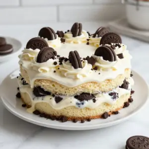 - Vanilla cake mix - 3 large eggs - 1/2 cup vegetable oil - 1 cup milk - 1 cup crushed chocolate sandwich cookies (like Oreos) - 1 cup sweetened condensed milk - 1 cup heavy cream - 1/4 cup powdered sugar - 1 teaspoon vanilla extract - Extra crushed cookies for topping To make the Cookies and Cream Poke Cake, gather these simple ingredients. Each one plays a key role. The vanilla cake mix forms the base. It adds lightness and sweetness. The eggs help bind everything together, giving it a nice rise. Vegetable oil keeps the cake moist. Milk adds creaminess and flavor. Next, crushed chocolate sandwich cookies bring that beloved cookies and cream taste. Sweetened condensed milk adds sweetness and creaminess. Heavy cream is essential for the frosting. It gives a light and fluffy texture. Powdered sugar sweetens the whipped cream and gives it structure. Finally, extra crushed cookies make a delightful topping. With these ingredients, you can create a rich, creamy dessert that everyone will love. Don't skip any of these items; they all work together to create the perfect treat! {{ingredient_image_1}} - Preheat your oven to 350&deg;F (175&deg;C). - Grease and flour a 9x13 inch baking pan. - Combine the cake mix, eggs, vegetable oil, and milk in a bowl. - Beat it until smooth, about two minutes. - Gently fold in the crushed chocolate sandwich cookies. - Pour the batter into the baking pan. - Bake for 25-30 minutes. A toothpick should come out clean. - Cool the cake for about 10 minutes. Poke holes all over it. - In a bowl, mix the sweetened condensed milk and half a cup of crushed cookies. - Pour this mixture over the cake. Make sure it seeps into the holes. - Let the cake cool completely at room temperature. - Refrigerate for at least two hours to let the flavors blend. - In a mixing bowl, whip the heavy cream until soft peaks form. - Gradually add powdered sugar and vanilla extract. Beat until stiff peaks form. - Spread the whipped cream frosting evenly on the chilled cake. - Top with extra crushed chocolate sandwich cookies for a nice finish. - Use a toothpick to check if the cake is done. Insert it in the center. If it comes out clean, the cake is ready. - Let the cake cool for about 10 minutes in the pan. This helps the cake absorb the flavors well. - Whip heavy cream in a bowl until you see soft peaks. This means the cream has thickened. - Add powdered sugar slowly while mixing. This helps you control the sweetness of the frosting. - Serve the cake chilled for the best taste. It&rsquo;s creamy and refreshing when cold. - Pair this cake with a scoop of vanilla ice cream. It adds a nice contrast to the flavors. Pro Tips Use Room Temperature Ingredients: For the best texture, make sure your eggs and milk are at room temperature before mixing. This helps create a smoother batter and a fluffier cake. Customize Your Cookie Mix-ins: Feel free to mix in other types of crushed cookies or add chocolate chips for extra flavor and texture. Just ensure the total amount of mix-ins doesn't exceed 1 cup. Chill Before Serving: Allow the cake to chill for at least 2 hours after adding the condensed milk mixture. This helps the flavors meld beautifully and makes slicing easier. Decorate Thoughtfully: When topping with extra crushed cookies, consider using different sizes of cookie pieces for added visual appeal and texture contrast. {{image_2}} You can switch up the flavor of your poke cake for a unique twist. One way is to use chocolate cake mix instead of vanilla. This change makes the cake richer and more decadent. You can also try different types of cookies. Instead of classic chocolate sandwich cookies, you can use mint cookies, peanut butter cookies, or even vanilla wafer cookies. Each cookie brings its own fun flavor to the cake, making it exciting to taste. The frosting is another area to get creative. Using cream cheese frosting instead of whipped cream adds a tangy kick. This option pairs well with the sweet, cookie-filled cake. If you want a more intense chocolate flavor, try chocolate ganache as a topping. To make it, simply melt chocolate with cream until smooth. Drizzle it over the chilled cake for a rich finish. These alternatives can elevate your poke cake and make it even more special. After you make your cookies and cream poke cake, let it cool. Then, cover it well with plastic wrap or foil. This keeps it fresh. Store the cake in the fridge. It will stay good for about 3 to 5 days. The flavors will mix and get even better over time. Just make sure to keep it tightly sealed. If you have leftovers, freezing is a great option. First, cut the cake into slices. Wrap each slice in plastic wrap. Then, place them in a freezer-safe bag. Squeeze out all the air before sealing. This helps prevent freezer burn. Your cake can last about 2 to 3 months in the freezer. When you want to enjoy it again, take the cake out. Let it thaw in the fridge overnight. This method keeps the taste and texture intact. Enjoy your delicious treat! Poke cake is a fun and tasty dessert. You bake a cake and then poke holes in it. You pour a sweet liquid, like condensed milk, into the holes. This makes the cake moist and adds flavor. The cake absorbs the liquid, creating a delicious treat. The best part? You can use any cake mix and flavor! You can use low-fat items, but they change the taste and texture. Low-fat milk makes the cake less rich. It may not be as moist. Using low-fat cream will also affect the frosting. For the best flavor, I recommend using full-fat products. They help create that creamy, dreamy texture in your poke cake. To boost the chocolate flavor, try a few tricks. Use chocolate cake mix instead of vanilla. Add more crushed chocolate cookies into the batter. You can also mix in cocoa powder for extra chocolate goodness. These changes will make your cake a chocolate lover&rsquo;s dream! Serve your poke cake chilled for the best taste. Top it with extra crushed cookies for crunch. You can also add chocolate syrup drizzles for flair. For a fun twist, serve with whipped cream on the side. This cake is perfect for parties or a cozy night in! This article walks you through making a tasty cookies and cream poke cake with simple steps. You learned about the key ingredients, how to bake the cake, and ways to enhance its flavor. Remember, you can tweak the flavors to your liking. Enjoy this cake chilled or with a twist of your own. Whatever way you choose, this dessert is sure to impress and satisfy. Happy baking!