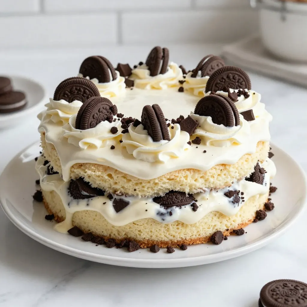 - Vanilla cake mix - 3 large eggs - 1/2 cup vegetable oil - 1 cup milk - 1 cup crushed chocolate sandwich cookies (like Oreos) - 1 cup sweetened condensed milk - 1 cup heavy cream - 1/4 cup powdered sugar - 1 teaspoon vanilla extract - Extra crushed cookies for topping To make the Cookies and Cream Poke Cake, gather these simple ingredients. Each one plays a key role. The vanilla cake mix forms the base. It adds lightness and sweetness. The eggs help bind everything together, giving it a nice rise. Vegetable oil keeps the cake moist. Milk adds creaminess and flavor. Next, crushed chocolate sandwich cookies bring that beloved cookies and cream taste. Sweetened condensed milk adds sweetness and creaminess. Heavy cream is essential for the frosting. It gives a light and fluffy texture. Powdered sugar sweetens the whipped cream and gives it structure. Finally, extra crushed cookies make a delightful topping. With these ingredients, you can create a rich, creamy dessert that everyone will love. Don't skip any of these items; they all work together to create the perfect treat! {{ingredient_image_1}} - Preheat your oven to 350°F (175°C). - Grease and flour a 9x13 inch baking pan. - Combine the cake mix, eggs, vegetable oil, and milk in a bowl. - Beat it until smooth, about two minutes. - Gently fold in the crushed chocolate sandwich cookies. - Pour the batter into the baking pan. - Bake for 25-30 minutes. A toothpick should come out clean. - Cool the cake for about 10 minutes. Poke holes all over it. - In a bowl, mix the sweetened condensed milk and half a cup of crushed cookies. - Pour this mixture over the cake. Make sure it seeps into the holes. - Let the cake cool completely at room temperature. - Refrigerate for at least two hours to let the flavors blend. - In a mixing bowl, whip the heavy cream until soft peaks form. - Gradually add powdered sugar and vanilla extract. Beat until stiff peaks form. - Spread the whipped cream frosting evenly on the chilled cake. - Top with extra crushed chocolate sandwich cookies for a nice finish. - Use a toothpick to check if the cake is done. Insert it in the center. If it comes out clean, the cake is ready. - Let the cake cool for about 10 minutes in the pan. This helps the cake absorb the flavors well. - Whip heavy cream in a bowl until you see soft peaks. This means the cream has thickened. - Add powdered sugar slowly while mixing. This helps you control the sweetness of the frosting. - Serve the cake chilled for the best taste. It’s creamy and refreshing when cold. - Pair this cake with a scoop of vanilla ice cream. It adds a nice contrast to the flavors. Pro Tips Use Room Temperature Ingredients: For the best texture, make sure your eggs and milk are at room temperature before mixing. This helps create a smoother batter and a fluffier cake. Customize Your Cookie Mix-ins: Feel free to mix in other types of crushed cookies or add chocolate chips for extra flavor and texture. Just ensure the total amount of mix-ins doesn't exceed 1 cup. Chill Before Serving: Allow the cake to chill for at least 2 hours after adding the condensed milk mixture. This helps the flavors meld beautifully and makes slicing easier. Decorate Thoughtfully: When topping with extra crushed cookies, consider using different sizes of cookie pieces for added visual appeal and texture contrast. {{image_2}} You can switch up the flavor of your poke cake for a unique twist. One way is to use chocolate cake mix instead of vanilla. This change makes the cake richer and more decadent. You can also try different types of cookies. Instead of classic chocolate sandwich cookies, you can use mint cookies, peanut butter cookies, or even vanilla wafer cookies. Each cookie brings its own fun flavor to the cake, making it exciting to taste. The frosting is another area to get creative. Using cream cheese frosting instead of whipped cream adds a tangy kick. This option pairs well with the sweet, cookie-filled cake. If you want a more intense chocolate flavor, try chocolate ganache as a topping. To make it, simply melt chocolate with cream until smooth. Drizzle it over the chilled cake for a rich finish. These alternatives can elevate your poke cake and make it even more special. After you make your cookies and cream poke cake, let it cool. Then, cover it well with plastic wrap or foil. This keeps it fresh. Store the cake in the fridge. It will stay good for about 3 to 5 days. The flavors will mix and get even better over time. Just make sure to keep it tightly sealed. If you have leftovers, freezing is a great option. First, cut the cake into slices. Wrap each slice in plastic wrap. Then, place them in a freezer-safe bag. Squeeze out all the air before sealing. This helps prevent freezer burn. Your cake can last about 2 to 3 months in the freezer. When you want to enjoy it again, take the cake out. Let it thaw in the fridge overnight. This method keeps the taste and texture intact. Enjoy your delicious treat! Poke cake is a fun and tasty dessert. You bake a cake and then poke holes in it. You pour a sweet liquid, like condensed milk, into the holes. This makes the cake moist and adds flavor. The cake absorbs the liquid, creating a delicious treat. The best part? You can use any cake mix and flavor! You can use low-fat items, but they change the taste and texture. Low-fat milk makes the cake less rich. It may not be as moist. Using low-fat cream will also affect the frosting. For the best flavor, I recommend using full-fat products. They help create that creamy, dreamy texture in your poke cake. To boost the chocolate flavor, try a few tricks. Use chocolate cake mix instead of vanilla. Add more crushed chocolate cookies into the batter. You can also mix in cocoa powder for extra chocolate goodness. These changes will make your cake a chocolate lover’s dream! Serve your poke cake chilled for the best taste. Top it with extra crushed cookies for crunch. You can also add chocolate syrup drizzles for flair. For a fun twist, serve with whipped cream on the side. This cake is perfect for parties or a cozy night in! This article walks you through making a tasty cookies and cream poke cake with simple steps. You learned about the key ingredients, how to bake the cake, and ways to enhance its flavor. Remember, you can tweak the flavors to your liking. Enjoy this cake chilled or with a twist of your own. Whatever way you choose, this dessert is sure to impress and satisfy. Happy baking!