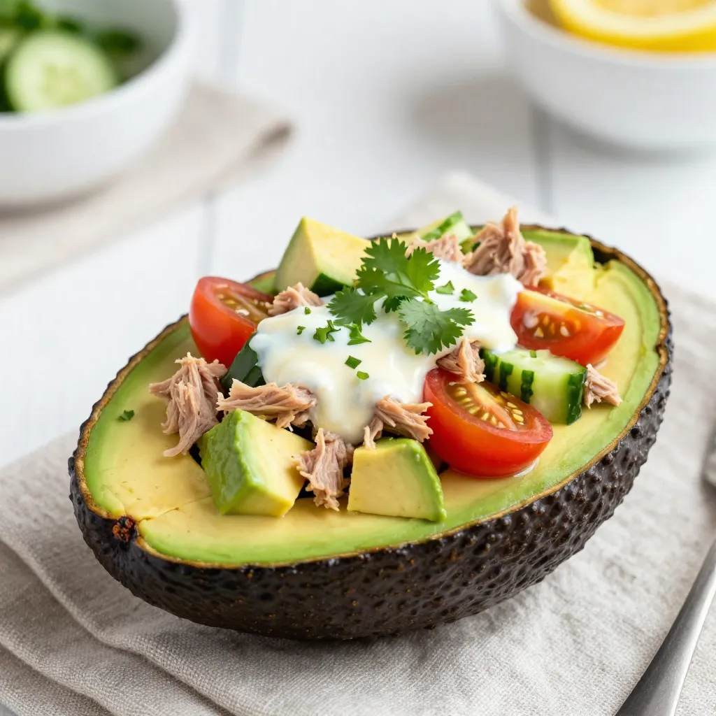 - 2 ripe avocados, diced - 1 can (5 oz) of tuna in water, drained - 1/2 cup cherry tomatoes, halved - 1/4 cup red onion, finely chopped - 1/4 cup cucumber, diced The main ingredients create a fresh and tasty salad. Ripe avocados add creaminess. Canned tuna provides protein and texture. Cherry tomatoes give sweetness and color. Red onion adds a nice crunch. Cucumber brings a refreshing bite. - 2 tablespoons mayonnaise or Greek yogurt - 1 tablespoon fresh lemon juice - 1 tablespoon Dijon mustard - 1 tablespoon fresh cilantro, chopped - Salt and pepper to taste The dressing can change your salad's taste. Mayonnaise or Greek yogurt makes it rich. Fresh lemon juice adds zing. Dijon mustard gives a slight kick. Cilantro adds a bright flavor. Salt and pepper help enhance all the tastes. - This recipe serves 2-3 people. - For a lovely presentation, serve in a hollowed avocado half. - You can also place it on a bed of greens. - Sprinkle extra cilantro on top for a fresh look. These tips help make your dish appealing and fun. Enjoy this salad as a light lunch or a side dish at dinner. {{ingredient_image_1}} - Mixing the base ingredients: Start by placing the diced avocados and drained tuna in a medium bowl. Gently mix them together. Be careful not to mash the avocado. It should remain chunky for the best texture. - Making the dressing: In a small bowl, whisk together mayonnaise or Greek yogurt, fresh lemon juice, Dijon mustard, chopped cilantro, salt, and pepper. Mix until smooth and creamy. - Combining salad and dressing: Pour the dressing over the avocado and tuna mix. Gently fold everything together. Ensure all the ingredients get a nice coating of the dressing. - Avoiding mashing the avocado: Use a fork instead of a spoon. This helps keep the avocado pieces intact. - Ensuring even coating with dressing: Mix slowly and gently. This keeps the salad light and fresh. - Adjusting seasoning to taste: After mixing, taste your salad. If needed, add more salt, pepper, or lemon juice. This makes the flavors pop. - Serving ideas: For a fun presentation, serve the salad in a hollowed-out avocado half. Or, place it on a bed of greens and sprinkle extra cilantro on top. This adds color and freshness. - Choosing ripe avocados: Look for avocados that feel soft but not mushy. They should give slightly when you press them. This means they are perfect for your salad. A ripe avocado adds creaminess and flavor. - Selecting quality canned tuna: Choose tuna packed in water for a lighter taste. Check for brands that are sustainably sourced. This ensures you get a fresh flavor and quality in every bite. - Best side dishes to accompany the salad: Serve your salad with whole-grain crackers or a light green salad. These sides enhance the meal without overpowering the flavors. You could also add some crunchy vegetables like carrots or snap peas for extra texture. - Wine or beverage suggestions: A chilled white wine, like Sauvignon Blanc, pairs well. If you prefer non-alcoholic drinks, try sparkling water with a lemon slice. Both options complement the freshness of the tuna salad. - Gluten-free options: This salad is naturally gluten-free. Enjoy it with gluten-free crackers or on lettuce wraps. This way, you can keep it light and healthy. - Low-calorie adjustments: Use Greek yogurt instead of mayonnaise for a lighter option. This swaps out calories while keeping the creaminess you love. Adjust the amount of dressing to control calories even more. Pro Tips Choose Ripe Avocados: Make sure your avocados are perfectly ripe for the best flavor and creamy texture. They should yield slightly to pressure when gently squeezed. Enhance with Spices: For a flavor boost, consider adding spices like cumin or smoked paprika to the dressing for an extra layer of complexity. Chill Before Serving: Allow the salad to chill in the refrigerator for about 30 minutes before serving. This helps the flavors meld together beautifully. Use Fresh Ingredients: Whenever possible, use fresh cilantro and other veggies. Fresh ingredients significantly enhance the overall taste and presentation of the salad. {{image_2}} You can make your avocado tuna salad even better with some healthy add-ins. Consider adding more veggies like: - Bell peppers, diced - Celery, chopped These add-ins boost crunch and flavor. You can also swap the protein. Try using: - Cooked chicken, shredded - Chickpeas, mashed These swaps add variety and keep it fresh. Want to spice things up? You can add heat with: - Jalapeños, diced - Hot sauce, to taste Both options give your salad a nice kick. For a fresh twist, try adding herbs like: - Basil, chopped - Parsley, chopped These herbs brighten the dish and enhance the taste. If you want to change the dressing, there are many options. You can substitute yogurt for: - Olive oil, for a lighter option - Hummus, for a creamy texture Adding spices can also enhance flavors. Try using: - Paprika, for a smoky taste - Cumin, for a warm flavor These alternatives keep the salad exciting and delicious. You can keep your Avocado Tuna Salad in the fridge for up to two days. After that, the avocados might turn brown and lose their creamy texture. To enjoy it at its best, eat it fresh. If you know you won't finish it, consider using less avocado in your mix. I do not recommend freezing Avocado Tuna Salad. Freezing changes the texture of the avocado, making it mushy. The tuna might not taste as fresh after thawing. It's best to enjoy this salad fresh. To keep your salad fresh, use airtight containers. Glass containers work well as they don't absorb smells. If using plastic, ensure it is BPA-free. A lid that seals tightly will keep the flavors in and the air out. Yes, you can make this salad ahead. To keep it fresh, follow these tips: - Prep ingredients separately: Store avocados, tuna, and veggies in different containers. - Mix just before serving: Combine everything right before you eat. This keeps the avocado green and tasty. - Use lemon juice: Squeeze fresh lemon juice on the avocado to slow browning. If you want a lighter option, Greek yogurt works great. Here are some other ideas: - Avocado: Mash it for a creamy texture. - Hummus: Adds flavor and is healthy. - Mustard: Use it alone or mix with yogurt for a tangy twist. Absolutely! Here are the benefits: - Quick and easy: You can whip it up in just 15 minutes. - Nutrient-rich: Packed with protein and healthy fats. - Versatile: Perfect for lunch or a light dinner. - Customizable: Add your favorite veggies or protein. Avocado tuna salad is simple, tasty, and healthy. You learned about key ingredients like ripe avocados and canned tuna. We went over easy steps, tips for mixing, and great serving suggestions. Don't forget the fun variations you can try. This salad is perfect for meal prep or quick meals. You can adjust flavors and add new ingredients based on your taste. Simple storage tips keep it fresh. Enjoy making this dish your own!