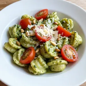 - 1 package (16 oz) potato gnocchi - 1 cup fresh basil leaves - 1/2 cup pine nuts, toasted - 1/2 cup grated Parmesan cheese The main ingredients give the dish its flavor and texture. Potato gnocchi is soft and light. Fresh basil adds a bright taste. Toasted pine nuts lend a nutty crunch. Finally, Parmesan cheese adds richness and depth. - 2 cloves garlic, minced - 1/2 cup heavy cream - 2 tablespoons olive oil - Salt and pepper to taste These extra ingredients bring everything together. Garlic adds a savory note. Heavy cream makes the pesto smooth and rich. Olive oil enhances the flavors. Salt and pepper balance the taste. - Cherry tomatoes, halved (for garnish) - Additional Parmesan cheese, for garnish Garnishes add color and freshness. Halved cherry tomatoes provide a juicy burst. Extra Parmesan gives a savory touch on top. Together, they make the dish look and taste amazing. {{ingredient_image_1}} To start, fill a large pot with water and add a generous amount of salt. Bring the water to a rolling boil. Once boiling, gently add the potato gnocchi. Cook them according to the package instructions, usually about 2-3 minutes. You'll know they are ready when they float to the surface. This means they are perfectly cooked! After they float, drain the gnocchi in a colander and set them aside. Make sure not to rinse them; you want to keep all that delicious flavor. Now, let&rsquo;s make the pesto. Grab your blender or food processor. Add one cup of fresh basil leaves, half a cup of toasted pine nuts, half a cup of grated Parmesan cheese, and two cloves of minced garlic. Pulse these ingredients until they are finely chopped. Next, with the blender running, slowly drizzle in two tablespoons of olive oil and half a cup of heavy cream. This will give your pesto that creamy texture. Blend until it is smooth. Taste and add salt and pepper as needed. In a large skillet, heat the cooked gnocchi over medium heat. Pour in the creamy pesto and gently toss the gnocchi until they are well coated. Heat everything through for about 2-3 minutes. For serving, place the creamy pesto gnocchi in bowls. Garnish with halved cherry tomatoes and sprinkle more Parmesan cheese on top. This adds a nice touch and makes your dish look beautiful. Enjoy your delightful meal! To make textural magic with your gnocchi, remember to watch the water. Boil it with salt until it bubbles. Once you add the gnocchi, they should float when done. This usually takes about 2-3 minutes. If they stick, gently stir. If they fall apart, try cooking them in smaller batches next time. Common issues can happen. If your gnocchi feel too mushy, you might be overcooking them. If they taste bland, add more salt to the boiling water. Always taste before serving to ensure they are just right. For a creamy pesto, the key is balance. If your pesto is too thick, add more heavy cream or olive oil. If it needs more flavor, add a pinch of salt or more garlic. Blend until smooth for a creamy texture. Storing leftover pesto is easy. Keep it in an airtight container in the fridge. It should last about 3-5 days. To prevent browning, drizzle a bit of olive oil on top before sealing. When serving your gnocchi, think about sides. A fresh salad pairs well. Roasted veggies add color and crunch. Garlic bread is also a favorite for soaking up the creamy sauce. To elevate your meal, enjoy a glass of white wine. A crisp Sauvignon Blanc complements the flavors nicely. It enhances the basil and cheese without overpowering the dish. Pro Tips Fresh Basil is Key: For the best flavor, use fresh basil leaves instead of dried. This will enhance the vibrancy of your pesto. Toast Your Pine Nuts: Toasting the pine nuts enhances their flavor. Just a few minutes in a dry skillet over medium heat will do the trick. Adjust Creaminess: If you prefer a thicker sauce, reduce the amount of cream or add more Parmesan cheese for a richer taste. Garnish for Color: Adding halved cherry tomatoes not only provides a pop of color but also a refreshing contrast to the creamy sauce. {{image_2}} You can switch nuts or cheese to change the taste. Try walnuts instead of pine nuts. They add a rich, earthy flavor. You can also use pecans for a sweeter touch. For cheese, swap Parmesan with feta or goat cheese. These add tanginess to your dish. If you want a dairy-free option for the cream, use coconut cream or cashew cream. They both give a nice richness without dairy. Almond milk can work too, but it is thinner. Adding proteins can make your meal heartier. Chicken or shrimp work great with creamy pesto gnocchi. Cook them until they're golden and mix them in. You can also use cooked sausage or tofu for a plant-based choice. Don't forget spices! A pinch of red pepper flakes adds heat. You can also use black pepper or smoked paprika for extra flavor. Experimenting keeps your dish fresh and exciting. Incorporate seasonal veggies to brighten your gnocchi. In spring, add peas or asparagus for a fresh crunch. Summer is perfect for zucchini or bell peppers. In fall, roasted butternut squash adds sweetness. You can also adapt your pesto ingredients based on the season. In summer, use fresh tomatoes or arugula. In winter, try spinach or kale for a heartier taste. This keeps your recipe vibrant and relevant all year round. To store creamy pesto gnocchi, place it in an airtight container. You can keep it in the fridge for up to three days. When reheating, use a skillet over low heat. Add a splash of water or cream to keep it moist. Stir gently until heated through. You can freeze pesto and gnocchi separately for longer storage. For the pesto, pour it into an ice cube tray. Freeze until solid, then transfer the cubes to a bag. For gnocchi, place it on a baking sheet to freeze. Once frozen, put it in a freezer bag. To thaw, move the pesto cubes to the fridge overnight. For the gnocchi, boil it directly from frozen. Cook for an extra minute or two compared to fresh gnocchi. For food safety, always store leftovers promptly. Check for any signs of spoilage before eating. If you see mold or an off smell, it&rsquo;s best to discard it. Proper storage helps keep your creamy pesto gnocchi safe and delicious. You can use fresh or packaged gnocchi. Fresh gnocchi gives a soft, light texture. It cooks fast and tastes great. Packaged gnocchi is also good. It&rsquo;s easy to find and cooks quickly. Just follow the package directions to prepare it. Yes, you can prepare this recipe ahead. Cook the gnocchi and make the pesto. Store them separately in the fridge. When you&rsquo;re ready to eat, combine them in a pan. Heat until warm. This helps save time on busy nights. Traditional gnocchi is not gluten-free. However, many stores sell gluten-free gnocchi made from potato or rice flour. Check the labels to find one that fits your needs. This way, you can still enjoy this creamy pesto dish! In this post, we explored how to make creamy pesto gnocchi. We covered key ingredients like potato gnocchi, fresh basil, and pine nuts. I gave you clear steps for cooking and combining everything. You learned tips for perfect texture and flavorful tweaks. Don't forget to have fun and be creative with your variations! Enjoy this dish with your favorite sides and a good wine. With practice, you will master this tasty recipe. Happy cooking!