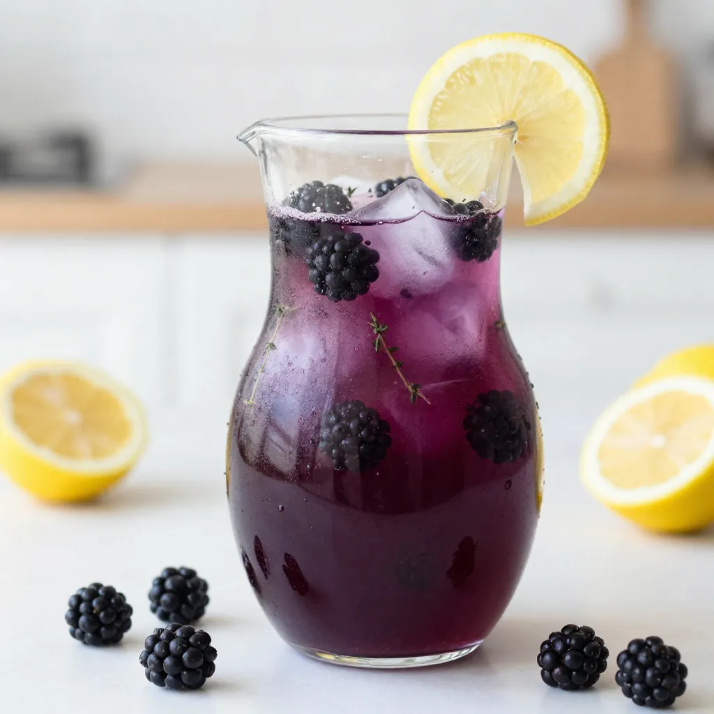 - 1 cup fresh blackberries - 1 tablespoon fresh thyme leaves - 1 cup freshly squeezed lemon juice (about 4-6 lemons) - 3/4 cup granulated sugar (adjust to taste) - 4 cups cold water - Ice cubes - Lemon slices and extra blackberries for garnish To make a great Blackberry Thyme Lemonade, you need fresh ingredients. Fresh blackberries give a sweet and tart flavor. Thyme adds a unique herb taste that makes this drink special. Use freshly squeezed lemon juice for the best zing. Sugar balances the tartness and makes it refreshing. Water is essential to mix everything well. Finally, garnishes like lemon slices and extra blackberries make it pretty. - Use cup measurements for accuracy. - Adjust sweetness by adding more or less sugar. Measuring ingredients accurately helps you get the right taste. A cup of blackberries and a tablespoon of thyme create a perfect mix. You can adjust the sugar to match your taste. If you like it sweeter, add more sugar. If you prefer it less sweet, just add more water. This flexibility lets you create a drink just for you. - Choose ripe blackberries. - Select fresh thyme and lemons. For the best flavor, pick ripe blackberries that are dark and plump. They should smell sweet. Fresh thyme should be bright green and fragrant. For lemons, look for ones that feel heavy and firm. The juiciness of the lemon is key to a great lemonade. These small choices make a big difference in your drink's taste. {{ingredient_image_1}} To start, you want to simmer the blackberries and thyme. In a medium saucepan, mix 1 cup of fresh blackberries, 1 tablespoon of fresh thyme leaves, and 1 cup of water. Heat this over medium heat. Stir occasionally to help the blackberries release their juices. After about 10 minutes, the blackberries will soften and the mixture will smell amazing. Remove the pan from heat. Now, strain the mixture through a fine-mesh sieve into a bowl. Press down on the solids to get as much juice as possible. Discard the leftover pulp. This juice is the base of your drink. Next, it’s time to make the simple syrup. In the same saucepan, add 3/4 cup of granulated sugar and 1 cup of water. Heat this over low heat. Stir until the sugar fully dissolves. You want this syrup to be clear and smooth, not grainy. This adds sweetness to your lemonade. Now, let’s mix everything together. In a large pitcher, combine the blackberry-thyme syrup with 1 cup of freshly squeezed lemon juice and 3 cups of cold water. Stir well to blend the flavors. Taste your lemonade. If it’s too tart, add more sugar or water to adjust the sweetness. This is your chance to make it just right! Once satisfied, refrigerate the mixture for at least 30 minutes to chill. Serve over ice and garnish with lemon slices and extra blackberries for a refreshing finish. You can change the sugar levels in your blackberry thyme lemonade. Start with the sugar amount listed in the recipe. If you want it sweeter, add more sugar. If it is too sweet, add more water or lemon juice. You can also use other sweeteners. Natural options like honey or agave syrup work well. Just remember, these may change the taste a bit. Chill your lemonade well before serving. A good tip is to let it sit in the fridge for at least 30 minutes. This makes it cold and refreshing. For ice cubes, use plain ones or freeze some blackberries in them. This keeps your drink cold without watering it down. You can also add lemon slices to the ice cubes for a fun twist. Garnishing makes your drink look fancy. Add a sprig of fresh thyme or a few blackberries on top. Lemon slices also add color and a nice touch. For serving vessels, use clear glasses to show off the pretty color. You can even use mason jars for a rustic feel. Serve it with colorful straws for fun! Pro Tips Fresh Blackberries: Always use fresh blackberries for the best flavor and sweetness. Frozen blackberries can be used in a pinch, but they may alter the texture and taste. Adjust Sweetness: Taste the lemonade before serving and adjust the sweetness as needed. You can add more sugar or dilute it with extra water based on your preference. Chill Time: For the best flavor, let the lemonade chill in the refrigerator for at least 30 minutes. This allows the flavors to meld together beautifully. Garnishing Tips: Enhance the presentation by using lemon slices and whole blackberries as garnish. This not only adds color but also gives a fresh touch to each glass. {{image_2}} You can change the flavor of your blackberry thyme lemonade. Adding other herbs gives it a new twist. Try mint or basil for a fresh taste. They mix well with blackberries and thyme. You can also swap in different fruits. Raspberries or strawberries work great. They add a sweet and tart flavor. Just mash them like you did with the blackberries. Then, follow the same steps in the recipe. If you want some fizz, go for sparkling lemonade. To make it, use sparkling water instead of cold water. This gives it a fun and bubbly texture. You can infuse your sparkling drink with flavor. Add herbs or fruit to the sparkling water. Let them sit for a few hours in the fridge. This will help the flavors blend nicely. For a fun adult drink, try adding spirits. Vodka or gin pairs well with the lemonade. Start with one part spirit to three parts lemonade. This keeps the drink balanced and refreshing. You can also try flavored liquors. A blackberry liqueur can boost the berry taste. Just remember to adjust the sweetness if needed. Enjoy your unique twist on this summer drink! To keep your blackberry thyme lemonade fresh, store it in a sealed pitcher. This helps to keep out odors and flavors from your fridge. If stored well, it lasts up to a week. Check for signs of spoilage before serving, like an off smell or change in color. You can freeze blackberry thyme lemonade for a refreshing treat later. Pour it into ice cube trays or freezer-safe containers. Make sure to leave some space for expansion. When you're ready to enjoy it, thaw overnight in the fridge. For quick use, place the cubes in a glass and let them melt. If you have extra lemonade, use it in fun ways. Pour it over cake or use it in cocktails for a fruity twist. You can also blend it into smoothies for a refreshing drink. Just mix it with yogurt and your favorite fruits for a delicious treat. Blackberry thyme lemonade lasts about 5 to 7 days in the fridge. Make sure to keep it in an airtight container. If it starts to smell sour or looks cloudy, it’s best to toss it out. Always check for any strange colors or mold, too. Yes, you can use frozen blackberries. They work well in this recipe. However, the flavor may be a bit less vibrant. Frozen blackberries may also make the drink slightly more watery. Thaw them before adding to ensure better mixing. You can use honey, agave syrup, or maple syrup as natural sweeteners. Each of these options brings a unique taste. If you use a sugar substitute, like stevia or erythritol, adjust the amount. Start with a small amount and taste as you mix. This ensures the perfect sweetness for you. Blackberry-thyme lemonade is a simple and fresh drink to make. We covered the key ingredients, like ripe blackberries and fresh thyme, and provided measurement and quality tips to ensure a tasty drink. The step-by-step instructions guide you through preparation, mixing, and serving. You can customize your lemonade with sweetener adjustments and garnishing ideas. Plus, the variations allow for fun twists! With proper storage and leftover ideas, you'll enjoy this drink even longer. Embrace your creativity in every sip and enjoy sharing this special drink with others.