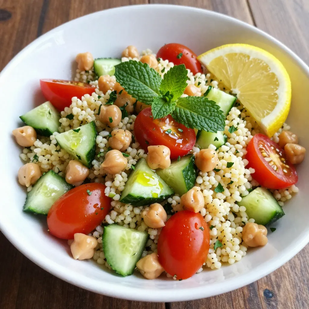 To make Lemon Herb Couscous Salad, you need the following ingredients: - 1 cup couscous - 1 ¼ cups vegetable broth - 1 medium cucumber, diced - 1 cup cherry tomatoes, halved - ½ red onion, finely chopped - 1 cup chickpeas, rinsed and drained - ½ cup parsley, finely chopped - ¼ cup mint leaves, finely chopped - Zest of 1 lemon - 3 tablespoons lemon juice - 3 tablespoons olive oil - Salt and pepper to taste You can swap ingredients if needed. Use quinoa instead of couscous for a gluten-free option. For the broth, water or chicken broth works too. If you don't have chickpeas, try black beans or kidney beans. You can also use different herbs like basil or cilantro instead of parsley and mint. If red onion is too strong for you, use green onions or shallots. Fresh herbs make the salad bright and tasty. They add a punch of flavor that dried herbs can't match. Parsley gives a fresh taste, while mint adds a cool note. Using fresh herbs makes your dish look nice, too. They add color and texture, making it more appealing. When you chop herbs, do it finely to release their oils. This helps to make the flavors pop. Fresh herbs are key to a delicious Lemon Herb Couscous Salad. {{ingredient_image_1}} To start, I heat 1 ¼ cups of vegetable broth in a medium saucepan until it boils. This step is key because broth adds flavor. Once it boils, I stir in 1 cup of couscous. Then, I cover the pan and remove it from heat. I let it sit for 5 minutes. After that, I fluff the couscous with a fork. This helps separate the grains. Finally, I let it cool before mixing it with the vegetables. Next, I grab a large mixing bowl. In it, I combine my diced cucumber, halved cherry tomatoes, finely chopped red onion, and rinsed chickpeas. I also add ½ cup of finely chopped parsley and ¼ cup of chopped mint leaves. These herbs give the salad a fresh taste. Mixing these veggies adds color and crunch. Now, I create the dressing. In a small bowl, I whisk together the zest of 1 lemon, 3 tablespoons of lemon juice, 3 tablespoons of olive oil, and some salt and pepper. This dressing brightens the salad. I pour it over the cooled couscous and vegetable mixture. Then, I gently toss everything together until well combined. To let the flavors blend, I cover the salad and refrigerate it for at least 30 minutes. This step is important for a tasty meal. To fluff couscous well, start by using a fork. After the couscous sits, gently stir it. This breaks apart any clumps. Be careful not to mash it. The goal is light and fluffy grains. For great flavor, add the dressing right before serving. This keeps the couscous fresh. Use fresh herbs like parsley and mint. They add bright, zesty notes. You can also let the salad chill. This lets the flavors blend nicely. Serve your salad in a large bowl. This makes it look inviting. Garnish with lemon wedges and extra mint. It adds a pop of color. You can also use a platter for a more elegant look. A sprinkle of extra herbs on top makes it even better. Pro Tips Cool Couscous: Allow the couscous to cool completely before mixing it with the vegetables to prevent wilting. Fresh Herbs: For the best flavor, use fresh herbs rather than dried ones, as they add brightness to the dish. Chill Time: Let the salad chill in the refrigerator for at least 30 minutes so the flavors can meld together beautifully. Customize Add-ins: Feel free to add other ingredients like feta cheese, bell peppers, or olives for additional texture and flavor. {{image_2}} You can easily add protein to your Lemon Herb Couscous Salad. Cooked chicken, tofu, or fish makes the dish heartier. For chicken, grill or roast it, then slice it thin. For tofu, press it to remove water, then cube and sauté until golden. If you prefer fish, grilled salmon or shrimp works well. Simply mix the cooked protein into the salad before serving. This makes it a perfect meal. The base of this salad is already vegetarian. To make it vegan, just skip any animal-based proteins. You can add more chickpeas for protein. Nuts like almonds or walnuts also provide a nice crunch. Try using avocado for creaminess. These options keep the salad fresh and filling while still being plant-based. Change the ingredients based on the season. In summer, add fresh corn or bell peppers. In fall, roasted sweet potatoes or butternut squash are great choices. During winter, use hearty greens like kale or spinach. These swaps add variety and keep the salad exciting year-round. Each season offers unique flavors, making this dish versatile and fun to prepare. Lemon herb couscous salad stays fresh in the fridge for about three days. After that, the veggies can lose their crunch. The flavors may fade too. Always check for any signs of spoilage before eating. I do not recommend freezing this salad. Freezing can change the texture of the couscous and fresh veggies. If you freeze it, the salad may turn mushy when thawed. Enjoy it fresh for the best taste and texture. Use an airtight container for the best storage. Glass or BPA-free plastic works well. Make sure to seal it tightly to keep out air and moisture. This helps maintain the salad's freshness longer. Yes, you can make this salad ahead of time. It tastes even better after resting. The flavors blend well when chilled. I suggest making it a few hours before serving. Just store it in the fridge. This way, you save time and enjoy a tasty dish. This salad pairs well with many dishes. You can serve it with grilled chicken or fish. It also works great with roasted veggies. For a vegetarian option, try it with falafel. You can enjoy it as a light lunch or a side for dinner. The fresh flavors complement many meals. To make this salad gluten-free, use quinoa instead of couscous. Quinoa is a great substitute. It has a similar texture and absorbs flavors well. Just cook the quinoa in vegetable broth like you do with couscous. Follow the same steps for mixing in the veggies and dressing. You'll still have a delicious dish! In this blog post, we explored how to create a tasty lemon herb couscous salad. We looked at key ingredients, ingredient swaps, and the role of fresh herbs. Then, I shared simple steps for cooking and mixing the salad. You learned tips for perfect fluffiness and flavor. We even discussed protein options and storage tips. Remember, this salad is versatile and can fit many diets. Try it with your favorite ingredients for a fresh meal anytime. Enjoy making it your own!