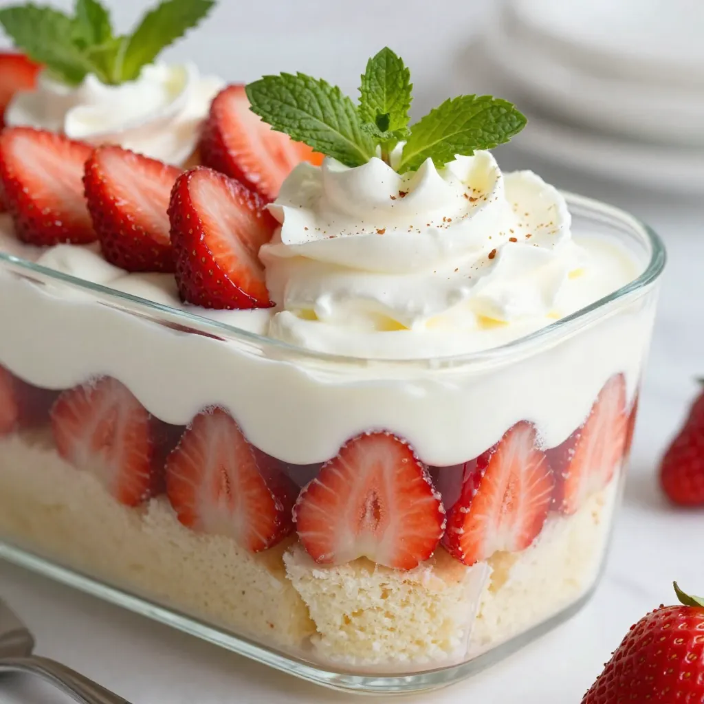 - 2 cups fresh strawberries - 1 store-bought pound cake or sponge cake - Granulated sugar - Powdered sugar - Vanilla extract - Fresh mint leaves In this delightful trifle, fresh strawberries shine bright. I always choose ripe, juicy strawberries. They add a sweet and tangy flavor. You will mix them with granulated sugar. This step draws out their natural juices. Let them sit for about 15 minutes. This process is called macerating. It makes the strawberries even more delicious. For the base, you will use a store-bought pound cake or sponge cake. I love this shortcut. It saves time and still tastes great! Cut the cake into cubes. This makes it easy for layering. Next, you need a few pantry staples. Granulated sugar sweetens the strawberries. Powdered sugar adds sweetness to your whipped cream. You will also need vanilla extract. This adds a lovely flavor to both the strawberries and the cream. Finally, for a pretty touch, consider fresh mint leaves. They give a pop of color and a hint of freshness. While not necessary, they make your trifle look special. With these ingredients ready, you're set to create a beautiful dessert! {{ingredient_image_1}} First, take your fresh strawberries and slice them. In a mixing bowl, combine the sliced strawberries with the granulated sugar. Gently toss to coat the strawberries. This step is key. Let the strawberries sit for about 15 minutes. They will start to release their juices and become sweeter. While the strawberries macerate, let’s make the whipped cream. In a chilled bowl, combine heavy whipping cream, powdered sugar, and vanilla extract. Use a mixer on medium-high speed. Whip until you see soft peaks form. This means it is ready. Be careful here; don’t over-whip. You want it fluffy and light. Now the fun part begins! Grab a trifle dish or some glass cups. Start layering your dessert. Begin with a layer of cake cubes at the bottom. Next, add a layer of the macerated strawberries along with some of their juices. After that, spoon on a layer of yogurt. Now for the whipped cream! Spread it evenly over the yogurt. Repeat these layers until you run out of ingredients. Make sure to finish with a generous dollop of whipped cream on top. For a final touch, add some sliced strawberries and mint leaves for garnish. This will make your trifle look stunning and ready to serve. To make great whipped cream, start with cold ingredients. Use heavy whipping cream for the best texture. Whip the cream on medium-high speed. Stop when soft peaks form. Over-whipping can lead to butter. If you need a substitute, you can try coconut cream or whipped topping. Both work well but change the flavor a bit. Layering is key for a beautiful trifle. Start with cake cubes at the bottom. Make sure to use enough cake for a good base. Next, add a layer of strawberries with their juices. This adds moisture and flavor. Follow with yogurt, then whipped cream. Repeat these layers until you reach the top. For even layers, use a spoon to spread each layer flat. This will keep it neat and pretty. You can use a trifle dish or glass cups. Glass shows off the colorful layers. To impress your guests, top with extra strawberries and mint leaves. This adds color and freshness. Serve right after making for the best taste. Each bite will be light and delightful! Pro Tips Use Fresh Strawberries: For the best flavor and texture, always opt for fresh, ripe strawberries. They will enhance the overall taste of your trifle. Chill Your Bowl: To achieve the best whipped cream consistency, chill your mixing bowl and beaters in the refrigerator beforehand. This helps the cream whip up faster. Layering Technique: When layering, start with the cake and alternate with the strawberries, yogurt, and whipped cream. This ensures even flavor distribution throughout the trifle. Let It Sit: For a more cohesive flavor, let the assembled trifle sit in the refrigerator for about 30 minutes before serving. This allows the layers to meld beautifully. {{image_2}} You can swap strawberries for many fruits. Ripe peaches, blueberries, or raspberries work well. Each fruit brings a unique taste. For fall, try apples or pears. In winter, use citrus like oranges or grapefruits. This keeps your trifle fresh and fun throughout the year. Want to change the flavor? Add a bit of lemon or almond extract. Just a teaspoon can brighten the taste. You can also mix in other flavors into your yogurt. Try coconut, or berry-flavored yogurt for a twist. This adds depth and makes your trifle stand out. If you need gluten-free options, use gluten-free cake mix or sponge cake. Many brands offer great choices. For a dairy-free version, swap heavy cream with coconut cream. Use almond or cashew yogurt instead of regular yogurt. These changes keep the trifle delicious for everyone. To store leftover trifle, cover it tightly with plastic wrap or a lid. Place it in the fridge right away. This keeps the dessert fresh and tasty. The trifle stays good for about 2 to 3 days. After that, the layers may start to blend together. You can freeze the trifle, but it's best to freeze the parts separately. The cake, whipped cream, and strawberries each freeze well. Wrap the cake in plastic wrap and place it in a freezer bag. For the whipped cream, scoop it into a container and freeze it flat. The strawberries can go into a freezer-safe bag. To refresh your trifle after refrigeration, take it out and let it sit at room temperature for about 15 minutes. This helps the flavors come back. If it got soggy, you can add fresh layers of cake or whipped cream. This keeps it light and tasty. Enjoy your trifle again, just as good as the first time! You can use sponge cake or ladyfingers for a lighter option. Angel food cake works well too. Each of these cakes adds a lovely texture. If you want a gluten-free version, try almond flour cake or gluten-free sponge cake. They both taste great and keep the dessert light. To prepare this trifle ahead of time, start by making the whipped cream and macerating the strawberries. You can layer the trifle a few hours before serving. Just keep it in the fridge to stay fresh. If you make it the night before, the flavors will mix nicely. But, I recommend adding the whipped cream on the day you serve it. This keeps it fluffy and light. Yes, you can use frozen strawberries. They work well in this recipe, but there are a few things to consider. Frozen strawberries are often softer once thawed. They may not hold their shape as well as fresh ones. However, they can still give you that sweet strawberry flavor. Just remember to thaw them and drain any excess juice before using. This helps keep your trifle from becoming too soggy. This blog post covered how to make a delicious trifle using fresh strawberries and simple pantry items. I shared step-by-step instructions for preparing the strawberries, making the whipped cream, and assembling the layers. You learned tips for perfecting your trifle and variations to suit your taste. Remember, whether you’re storing leftovers or experimenting with flavors, this dessert is versatile and fun. Your efforts will impress anyone you share it with. Keep the ingredients fresh, and enjoy the delightful layers in every bite.