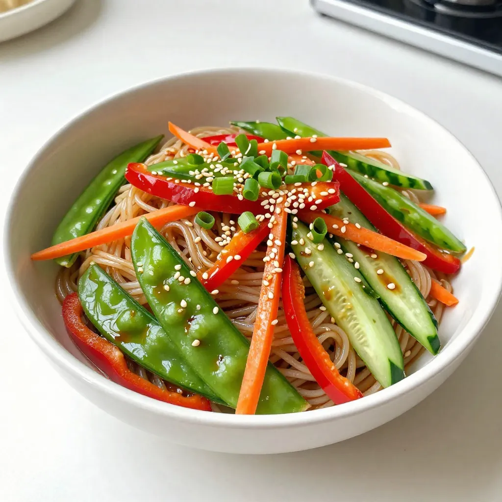 - 8 oz rice noodles - 1 cup snap peas, trimmed - 1 red bell pepper, thinly sliced - 1 carrot, julienned - ½ cup cucumber, thinly sliced For this dish, I love using rice noodles. They are light and soak in flavors well. Snap peas add a nice crunch. Red bell peppers bring sweetness and color. Carrots provide a vibrant touch, and cucumbers add freshness. - ¼ cup soy sauce (low-sodium option) - 2 tablespoons sesame oil - 1 tablespoon rice vinegar - 1 tablespoon honey (or maple syrup) For the dressing, I recommend low-sodium soy sauce. It keeps the salad light. Sesame oil gives a rich, nutty taste. Rice vinegar adds a tangy kick, and honey or maple syrup gives it a hint of sweetness. - 1 teaspoon grated ginger - 1 clove minced garlic - Salt and pepper to taste - ½ cup toasted sesame seeds - ¼ cup chopped green onions Grated ginger and minced garlic boost the flavor. I like to season with salt and pepper for balance. Toasted sesame seeds give crunch and depth. Finally, green onions add brightness and a pop of color. {{ingredient_image_1}} First, cook 8 oz of rice noodles. Follow the package instructions closely. Once they are done, drain them. Rinse the noodles under cold water. This stops the cooking and helps keep the noodles separate. In a large bowl, mix the cooked noodles with: - 1 cup snap peas, trimmed - 1 red bell pepper, thinly sliced - 1 carrot, julienned - ½ cup cucumber, thinly sliced - ¼ cup green onions, chopped Toss gently to combine all the ingredients. Make sure they blend well. In a separate bowl, whisk together: - ¼ cup soy sauce - 2 tablespoons sesame oil - 1 tablespoon rice vinegar - 1 tablespoon honey - 1 teaspoon ginger, grated - 1 clove garlic, minced Once the dressing is smooth, pour it over the noodle mixture. Toss the salad until everything is well coated. Add ½ cup of toasted sesame seeds. Then, season with salt and pepper to taste. Toss the salad again to mix in the sesame seeds and seasoning. Let the salad sit for at least 15 minutes. This resting time helps the flavors blend together. Enjoy the fresh and tasty salad as a side or a light meal! To cook rice noodles just right, follow the package instructions carefully. Usually, this takes about 4 to 6 minutes. Check the noodles often to avoid overcooking. Once they are tender, drain them right away. Rinse the noodles under cold water. This step is key. It helps cool them down and keeps them from sticking together. To make your Sesame Soy Noodle Salad even better, consider adding some spices. A sprinkle of red pepper flakes can give it a nice kick. You can also try a dash of sesame seeds for extra crunch. When marinating, let the salad sit for at least 15 minutes. This time allows the flavors to mix well. The longer you let it sit, the tastier it becomes. For a beautiful presentation, serve the salad in a large bowl or on individual plates. Drizzle some extra sesame oil on top. This adds shine and flavor. A sprinkle of sesame seeds and additional green onions also makes it look great. Pair this salad with grilled chicken or shrimp for a full meal. You can also enjoy it with a side of spring rolls for an Asian-inspired feast. Pro Tips Use Cold Water for Noodles: Rinsing the cooked rice noodles under cold water stops the cooking process and helps prevent them from becoming mushy. Customize Your Veggies: Feel free to swap in any of your favorite vegetables, such as bell peppers, broccoli, or cabbage, to suit your taste. Let It Marinate: Allowing the salad to sit for at least 15 minutes before serving enhances the flavors as the noodles absorb the dressing. Garnish for Color: Adding fresh herbs like cilantro or more green onions not only adds color but also boosts the dish's freshness and flavor. {{image_2}} You can make your sesame soy noodle salad heartier by adding protein. Here are a few tasty options: - Tofu: Use firm or extra-firm tofu. Cut it into cubes and pan-fry until golden. - Chicken: Grilled or shredded chicken works great. Season it with salt and pepper. - Shrimp: Cook shrimp in a hot pan for just a few minutes until they turn pink. When cooking protein, make sure it’s fully cooked. Add it after mixing the veggies and noodles. This way, the flavors blend nicely. Feel free to swap out the veggies based on what you like or what’s in season. Some great choices include: - Broccoli: Lightly steamed or raw adds a nice crunch. - Carrots: Julienned carrots bring color and sweetness. - Zucchini: Sliced thin, it adds a fresh taste. Adjust cooking times for different veggies. For example, steam broccoli for 2-3 minutes, while cucumber can be added raw. You can adjust this salad to fit your diet easily. Here’s how: - Vegan-friendly substitutions: Use maple syrup instead of honey. Choose tofu or chickpeas for protein. - Gluten-free options: Look for gluten-free soy sauce. You can also use rice noodles, which are naturally gluten-free. These swaps keep your salad tasty while catering to your dietary needs. To keep your sesame soy noodle salad fresh, use airtight containers. Glass or plastic containers work well. If you have leftover veggies, store them separately. This helps keep them crisp. For best results, layer the salad: noodles at the bottom and veggies on top. This way, the dressing does not make the noodles soggy. In the fridge, this salad lasts about 3 days. After that, the veggies may lose their crunch. Watch for signs of spoilage. If you see wilting or strange smells, it's time to toss it. You can eat this salad cold, but if you prefer warm noodles, here’s how. Place the noodles in a pan on low heat. Stir gently, adding a splash of water if needed. This keeps them from sticking together. For the best flavor and texture, avoid microwaving. Heat gently until warm, then mix in the veggies. Enjoy your meal while it's fresh! Yes, you can make this salad ahead of time. To keep it fresh, store it in an airtight container in the fridge. It stays good for up to three days. Keep the dressing separate if you want the salad to stay crisp. Mix it just before serving for the best taste. You can change this salad to fit your likes. Try adding proteins like chicken, shrimp, or tofu for extra sustenance. Want more crunch? Toss in some nuts or seeds. If you love heat, add chili flakes or sriracha. Feel free to swap veggies too! Use whatever you have, like bell peppers or carrots. This salad works great for meal prep! Divide it into individual portions. Use containers with tight lids for easy storage. Keep the dressing on the side to prevent sogginess. This way, you can grab and go. It's easy and tasty throughout the week. This salad pairs well with many dishes. Serve it with grilled chicken or fish for a full meal. You can also add a light soup as a starter. For a vegetarian option, try spring rolls or edamame. These sides enhance the meal and keep it light. This blog post walked you through making a tasty Sesame Soy Noodle Salad. We covered the main ingredients, from rice noodles to fresh veggies, and the flavorful dressing. You learned the step-by-step process, tips for perfect texture, and variations for protein or veggies. Proper storage methods help keep your salad fresh. In summary, this salad is simple, fresh, and fun to customize. Enjoy making it your own!